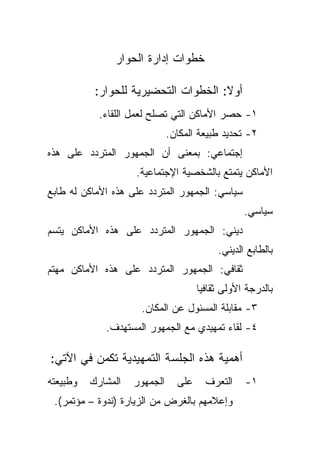 ‫ﺨﻁﻭﺍﺕ ﺇﺩﺍﺭﺓ ﺍﻟﺤﻭﺍﺭ‬

           ‫ﺃﻭﻻ: ﺍﻟﺨﻁﻭﺍﺕ ﺍﻟﺘﺤﻀﻴﺭﻴﺔ ﻟﻠﺤﻭﺍﺭ:‬
                                      ‫ﹰ‬
            ‫١- ﺤﺼﺭ ﺍﻷﻤﺎﻜﻥ ﺍﻟﺘﻲ ﺘﺼﻠﺢ ﻟﻌﻤل ﺍﻟﻠﻘﺎﺀ.‬
                              ‫٢- ﺘﺤﺩﻴﺩ ﻁﺒﻴﻌﺔ ﺍﻟﻤﻜﺎﻥ.‬
‫ﺇﺠﺘﻤﺎﻋﻲ: ﺒﻤﻌﻨﻰ ﺃﻥ ﺍﻟﺠﻤﻬﻭﺭ ﺍﻟﻤﺘﺭﺩﺩ ﻋﻠﻰ ﻫﺫﻩ‬
                    ‫ﺍﻷﻤﺎﻜﻥ ﻴﺘﻤﺘﻊ ﺒﺎﻟﺸﺨﺼﻴﺔ ﺍﻹﺠﺘﻤﺎﻋﻴﺔ.‬
‫ﺴﻴﺎﺴﻲ: ﺍﻟﺠﻤﻬﻭﺭ ﺍﻟﻤﺘﺭﺩﺩ ﻋﻠﻰ ﻫﺫﻩ ﺍﻷﻤﺎﻜﻥ ﻟﻪ ﻁﺎﺒﻊ‬
                                                  ‫ﺴﻴﺎﺴﻲ.‬
‫ﺩﻴﻨﻲ: ﺍﻟﺠﻤﻬﻭﺭ ﺍﻟﻤﺘﺭﺩﺩ ﻋﻠﻰ ﻫﺫﻩ ﺍﻷﻤﺎﻜﻥ ﻴﺘﺴﻡ‬
                                           ‫ﺒﺎﻟﻁﺎﺒﻊ ﺍﻟﺩﻴﻨﻲ.‬
‫ﺜﻘﺎﻓﻲ: ﺍﻟﺠﻤﻬﻭﺭ ﺍﻟﻤﺘﺭﺩﺩ ﻋﻠﻰ ﻫﺫﻩ ﺍﻷﻤﺎﻜﻥ ﻤﻬﺘﻡ‬
                                      ‫ﺒﺎﻟﺩﺭﺠﺔ ﺍﻷﻭﻟﻰ ﺜﻘﺎﻓﻴﺎ‬
                                      ‫ﹰ‬
                     ‫٣- ﻤﻘﺎﺒﻠﺔ ﺍﻟﻤﺴﺌﻭل ﻋﻥ ﺍﻟﻤﻜﺎﻥ.‬
             ‫٤- ﻟﻘﺎﺀ ﺘﻤﻬﻴﺩﻱ ﻤﻊ ﺍﻟﺠﻤﻬﻭﺭ ﺍﻟﻤﺴﺘﻬﺩﻑ.‬

‫ﺃﻫﻤﻴﺔ ﻫﺫﻩ ﺍﻟﺠﻠﺴﺔ ﺍﻟﺘﻤﻬﻴﺩﻴﺔ ﺘﻜﻤﻥ ﻓﻲ ﺍﻵﺘﻲ:‬
‫ﻭﻁﺒﻴﻌﺘﻪ‬   ‫ﺍﻟﻤﺸﺎﺭﻙ‬   ‫ﺍﻟﺠﻤﻬﻭﺭ‬     ‫ﻋﻠﻰ‬     ‫ﺍﻟﺘﻌﺭﻑ‬    ‫١-‬
 ‫ﻭﺇﻋﻼﻤﻬﻡ ﺒﺎﻟﻐﺭﺽ ﻤﻥ ﺍﻟﺯﻴﺎﺭﺓ )ﻨﺩﻭﺓ – ﻤﺅﺘﻤﺭ(.‬
 