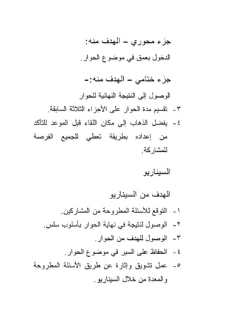 ‫ﺠﺯﺀ ﻤﺤﻭﺭﻱ – ﺍﻟﻬﺩﻑ ﻤﻨﻪ:‬
                  ‫ﺍﻟﺩﺨﻭل ﺒﻌﻤﻕ ﻓﻲ ﻤﻭﻀﻭﻉ ﺍﻟﺤﻭﺍﺭ.‬

                   ‫ﺠﺯﺀ ﺨﺘﺎﻤﻲ – ﺍﻟﻬﺩﻑ ﻤﻨﻪ:-‬
                  ‫ﺍﻟﻭﺼﻭل ﺇﻟﻰ ﺍﻟﻨﺘﻴﺠﺔ ﺍﻟﻨﻬﺎﺌﻴﺔ ﻟﻠﺤﻭﺍﺭ‬
    ‫٣- ﺘﻘﺴﻴﻡ ﻤﺩﺓ ﺍﻟﺤﻭﺍﺭ ﻋﻠﻰ ﺍﻷﺠﺯﺍﺀ ﺍﻟﺜﻼﺜﺔ ﺍﻟﺴﺎﺒﻘﺔ.‬
‫٤- ﻴﻔﻀل ﺍﻟﺫﻫﺎﺏ ﺇﻟﻰ ﻤﻜﺎﻥ ﺍﻟﻠﻘﺎﺀ ﻗﺒل ﺍﻟﻤﻭﻋﺩ ﻟﻠﺘﺄﻜﺩ‬
‫ﺍﻟﻔﺭﺼﺔ‬   ‫ﻟﻠﺠﻤﻴﻊ‬     ‫ﺘﻌﻁﻲ‬     ‫ﺒﻁﺭﻴﻘﺔ‬    ‫ﺇﻋﺩﺍﺩﻩ‬   ‫ﻤﻥ‬
                                         ‫ﻟﻠﻤﺸﺎﺭﻜﺔ.‬

                                         ‫ﺍﻟﺴﻴﻨﺎﺭﻴﻭ‬

                             ‫ﺍﻟﻬﺩﻑ ﻤﻥ ﺍﻟﺴﻴﻨﺎﺭﻴﻭ‬
         ‫١- ﺍﻟﺘﻭﻗﻊ ﻟﻸﺴﺌﻠﺔ ﺍﻟﻤﻁﺭﻭﺤﺔ ﻤﻥ ﺍﻟﻤﺸﺎﺭﻜﻴﻥ.‬
   ‫٢- ﺍﻟﻭﺼﻭل ﻟﻨﺘﻴﺠﺔ ﻓﻲ ﻨﻬﺎﻴﺔ ﺍﻟﺤﻭﺍﺭ ﺒﺄﺴﻠﻭﺏ ﺴﻠﺱ.‬
                       ‫٣- ﺍﻟﻭﺼﻭل ﻟﻠﻬﺩﻑ ﻤﻥ ﺍﻟﺤﻭﺍﺭ.‬
          ‫٤- ﺍﻟﺤﻔﺎﻅ ﻋﻠﻰ ﺍﻟﺴﻴﺭ ﻓﻲ ﻤﻭﻀﻭﻉ ﺍﻟﺤﻭﺍﺭ.‬
‫٥- ﻋﻤل ﺘﺸﻭﻴﻕ ﻭﺇﺜﺎﺭﺓ ﻋﻥ ﻁﺭﻴﻕ ﺍﻷﺴﺌﻠﺔ ﺍﻟﻤﻁﺭﻭﺤﺔ‬
                       ‫ﻭﺍﻟﻤﻌﺩﺓ ﻤﻥ ﺨﻼل ﺍﻟﺴﻴﻨﺎﺭﻴﻭ.‬
 