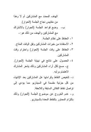 ‫ﺍﻟﻬﺩﻑ ﺍﻟﻤﺤﺩﺩ ﻤﻊ ﺍﻟﻤﺸﺎﺭﻜﻴﻥ ﺃﻡ ﻻ ﻭﻫﺫﺍ‬
      ‫ﻤﻥ ﻤﻘﺎﻴﻴﺱ ﻨﺠﺎﺡ ﺍﻟﺠﻠﺴﺔ )ﺍﻟﺤﻭﺍﺭ(.‬
‫ﺏ- ﻭﻀﻊ ﻗﻭﺍﻋﺩ ﺍﻟﺠﻠﺴﺔ )ﺍﻟﺤﻭﺍﺭ( ﺒﺎﻻﺸﺘﺭﺍﻙ‬
   ‫ﻤﻊ ﺍﻟﻤﺸﺎﺭﻜﻴﻥ ﻭﺍﻟﻬﺩﻑ ﻤﻥ ﺫﻟﻙ ﻫﻭ:-‬
                        ‫١- ﺍﻟﺤﻔﺎﻅ ﻋﻠﻰ ﻨﻅﺎﻡ ﺍﻟﺠﻠﺴﺔ.‬
 ‫٢- ﺍﻻﺴﺘﻔﺎﺩﺓ ﻤﻥ ﺨﺒﺭﺍﺕ ﺍﻟﻤﺸﺎﺭﻜﻴﻥ ﻭﻓﻕ ﺍﻟﻭﻗﺕ ﺍﻟﻤﺘﺎﺡ.‬
‫٣- ﺍﻟﺤﻔﺎﻅ ﻋﻠﻰ ﻭﻗﺕ ﺍﻟﺠﻠﺴﺔ )ﺍﻟﺤﻭﺍﺭ( ﻭﺍﺤﺘﺭﺍﻡ ﻭﻗﺕ‬
                                       ‫ﺍﻟﻤﺸﺎﺭﻜﻴﻥ.‬
‫٤- ﺍﻟﺤﺼﻭل ﻋﻠﻰ ﻨﺘﺎﺌﺞ ﻓﻲ ﻨﻬﺎﻴﺔ ﺍﻟﺠﻠﺴﺔ )ﺍﻟﺤﻭﺍﺭ(.‬
‫ﺝ- ﻤﺴﺢ ﻟﻜل ﺃﺭﺍﺀ ﺍﻟﻤﺸﺎﺭﻜﻴﻥ ﻭﺫﻟﻙ ﻴﺸﻌﺭ ﺍﻟﻤﺸﺎﺭﻙ‬
                                   ‫ﺍﻻﻫﺘﻤﺎﻡ ﺒﺭﺃﻴﻪ.‬
‫ﺩ- ﺘﻠﺨﻴﺹ ﺍﻟﻨﻘﺎﻁ ﻭﻗﺭﺍﺀﺘﻬﺎ ﻋل ﺍﻟﻤﺸﺎﺭﻜﻴﻥ ﺒﻌﺩ ﺍﻹﻨﺘﻬﺎﺀ‬
‫ﻤﻥ ﻜل ﺠﺯﺌﻴﺔ ﻤﻘﺴﻤﺔ ﻓﻲ ﺍﻟﺴﻴﻨﺎﺭﻴﻭ ﻤﻤﺎ ﻴﺅﺩﻱ ﺇﻟﻰ‬
                 ‫ﺘﻭﺍﺼل ﻨﻘﺎﻁ ﺍﻟﻨﻘﺎﺵ ﺍﻟﺴﺎﺒﻘﺔ ﻭﺍﻟﻼﺤﻘﺔ.‬
‫ﻭ- ﻋﺩﻡ ﺍﻟﺨﺭﻭﺝ ﻋﻥ ﻤﻭﻀﻭﻉ ﺍﻟﺠﻠﺴﺔ )ﺍﻟﺤﻭﺍﺭ( ﻭﺫﻟﻙ‬
             ‫ﺒﺎﻟﺘﺯﺍﻡ ﺍﻟﻤﺤﺎﻭﺭ ﺒﺎﻟﻨﻘﺎﻁ ﺍﻟﻤﻌﺩﺓ ﺒﺎﻟﺴﻴﻨﺎﺭﻴﻭ.‬
 