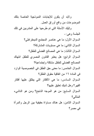 ‫ﻭﻻﺒﺩ ﺃﻥ ﻴﻜﻭﻥ ﻟﻺﺠﺎﺒﺎﺕ ﺍﻟﻨﻤﻭﺫﺠﻴﺔ ﺍﻟﺨﺎﺼﺔ ﺒﺘﻠﻙ‬
                     ‫ﺍﻟﻤﻭﻀﻭﻋﺎﺕ ﻤﻥ ﻭﺍﻗﻊ ﺃﻭﺭﺍﻕ ﺍﻟﻌﻤل.‬
‫ﻭﺇﻟﻴﻙ ﺍﻷﺴﺌﻠﺔ ﺍﻟﺘﻲ ﺘﻡ ﻁﺭﺤﻬﺎ ﻋﻠﻰ ﺍﻟﻤﺘﺩﺭﺒﻴﻥ ﻓﻲ ﺘﻠﻙ‬
                                         ‫ﺍﻟﺠﻠﺴﺔ ﻭﻫﻲ:-‬
        ‫ﺍﻟﺴﺅﺍل ﺍﻷﻭل: ﻤﺎ ﻫﻲ ﻋﻨﺎﺼﺭ ﺍﻟﻤﺠﺘﻤﻊ ﺍﻟﺩﻴﻤﻘﺭﺍﻁﻲ؟‬
                ‫ﺍﻟﺴﺅﺍل ﺍﻟﺜﺎﻨﻲ: ﻤﺎ ﻫﻲ ﻤﺴﺘﻭﻴﺎﺕ ﺍﻟﻤﺸﺎﺭﻜﺔ؟‬
            ‫ﺍﻟﺴﺅﺍل ﺍﻟﺜﺎﻟﺙ: ﻤﺎ ﻫﻲ ﺍﻟﻤﺼﺎﻟﺢ ﺍﻟﻔﻀﻠﻲ ﻟﻠﻁﻔل؟‬
‫ﺍﻟﺴﺅﺍل ﺍﻟﺭﺍﺒﻊ: ﻫل ﻴﻌﺘﺒﺭ ﺍﻟﻘﺎﻨﻭﻥ ﺍﻟﻤﺼﺭﻱ ﻟﻠﻁﻔل ﺍﻨﺘﻬﺎﻙ‬
                ‫ﺍﻟﻤﺼﺎﻟﺢ ﺍﻟﻔﻀﻠﻲ ﻟﻠﻁﻔل ﻤﺸﻜﻠﺔ ﻭﺇﺠﺘﻤﺎﻋﻴﺔ؟‬
‫ﺍﻟﺴﺅﺍل ﺍﻟﺨﺎﻤﺱ: ﻤﺎ ﻤﻌﻨﻰ ﺤﻕ ﺍﻟﻁﻔل ﻓﻲ ﺍﻟﺨﺼﻭﺼﻴﺔ ﺍﻟﻭﺍﺭﺩ‬
                    ‫ﻓﻲ ﺍﻟﻤﺎﺩﺓ ٦١ ﻤﻥ ﺍﺘﻔﺎﻗﻴﺔ ﺤﻘﻭﻕ ﺍﻟﻁﻔل؟‬
‫ﺍﻟﺴﺅﺍل ﺍﻟﺴﺎﺩﺱ: ﻤﺎ ﻫﻲ ﺍﻷﻓﻜﺎﺭ ﺍﻟﺘﻲ ﻴﻁﻠﻕ ﻋﻠﻴﻬﺎ ﺃﻓﻜﺎﺭ‬
                           ‫ﺍﻟﻘﻬﺭ؟ ﻭﻫل ﻟﺩﻴﻙ ﺘﻌﻠﻴﻕ ﻋﻠﻴﻬﺎ؟‬
‫ﺍﻟﺴﺅﺍل ﺍﻟﺴﺎﺒﻊ: ﻤﻥ ﻫﻭ ﺍﻟﻤﻭﺠﻪ ﺍﻟﻨﺎﺠﺢ؟ ﻭﻤﻥ ﻫﻭ ﺍﻟﻨﺎﺸﻲﺀ‬
                                                  ‫ﺍﻟﻤﺜﺎﻟﻲ؟‬
‫ﺍﻟﺴﺅﺍل ﺍﻟﺜﺎﻤﻥ: ﻫل ﻫﻨﺎﻙ ﻤﺴﺎﻭﺍﺓ ﺤﻘﻴﻘﻴﺔ ﺒﻴﻥ ﺍﻟﺭﺠل ﻭﺍﻟﻤﺭﺃﺓ‬
                                             ‫ﻓﻲ ﻤﺼﺭ؟‬
 