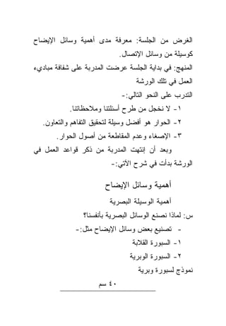 ‫ﺍﻟﻐﺭﺽ ﻤﻥ ﺍﻟﺠﻠﺴﺔ: ﻤﻌﺭﻓﺔ ﻤﺩﻯ ﺃﻫﻤﻴﺔ ﻭﺴﺎﺌل ﺍﻹﻴﻀﺎﺡ‬
                             ‫ﻜﻭﺴﻴﻠﺔ ﻤﻥ ﻭﺴﺎﺌل ﺍﻹﺘﺼﺎل.‬
‫ﺍﻟﻤﻨﻬﺞ: ﻓﻲ ﺒﺩﺍﻴﺔ ﺍﻟﺠﻠﺴﺔ ﻋﺭﻀﺕ ﺍﻟﻤﺩﺭﺒﺔ ﻋﻠﻰ ﺸﻔﺎﻓﺔ ﻤﺒﺎﺩﻱﺀ‬
                                  ‫ﺍﻟﻌﻤل ﻓﻲ ﺘﻠﻙ ﺍﻟﻭﺭﺸﺔ‬
                             ‫ﺍﻟﺘﺩﺭﺏ ﻋﻠﻰ ﺍﻟﻨﺤﻭ ﺍﻟﺘﺎﻟﻲ:-‬
           ‫١- ﻻ ﻨﺨﺠل ﻤﻥ ﻁﺭﺡ ﺃﺴﺌﻠﺘﻨﺎ ﻭﻤﻼﺤﻅﺎﺘﻨﺎ.‬
  ‫٢- ﺍﻟﺤﻭﺍﺭ ﻫﻭ ﺃﻓﻀل ﻭﺴﻴﻠﺔ ﻟﺘﺤﻘﻴﻕ ﺍﻟﺘﻔﺎﻫﻡ ﻭﺍﻟﺘﻌﺎﻭﻥ.‬
       ‫٣- ﺍﻹﺼﻐﺎﺀ ﻭﻋﺩﻡ ﺍﻟﻤﻘﺎﻁﻌﺔ ﻤﻥ ﺃﺼﻭل ﺍﻟﺤﻭﺍﺭ.‬
‫ﻭﺒﻌﺩ ﺃﻥ ﺇﻨﺘﻬﺕ ﺍﻟﻤﺩﺭﺒﺔ ﻤﻥ ﺫﻜﺭ ﻗﻭﺍﻋﺩ ﺍﻟﻌﻤل ﻓﻲ‬
                         ‫ﺍﻟﻭﺭﺸﺔ ﺒﺩﺃﺕ ﻓﻲ ﺸﺭﺡ ﺍﻵﺘﻲ:-‬

                       ‫ﺃﻫﻤﻴﺔ ﻭﺴﺎﺌل ﺍﻹﻴﻀﺎﺡ‬
                         ‫ﺃﻫﻤﻴﺔ ﺍﻟﻭﺴﻴﻠﺔ ﺍﻟﺒﺼﺭﻴﺔ‬
                ‫ﺱ: ﻟﻤﺎﺫﺍ ﻨﺼﻨﻊ ﺍﻟﻭﺴﺎﺌل ﺍﻟﺒﺼﺭﻴﺔ ﺒﺄﻨﻔﺴﻨﺎ؟‬
             ‫- ﺘﺼﻨﻴﻊ ﺒﻌﺽ ﻭﺴﺎﺌل ﺍﻹﻴﻀﺎﺡ ﻤﺜل:-‬
                                 ‫١- ﺍﻟﺴﺒﻭﺭﺓ ﺍﻟﻘﻼﺒﺔ‬
                                ‫٢- ﺍﻟﺴﺒﻭﺭﺓ ﺍﻟﻭﺒﺭﻴﺔ‬
                                   ‫ﻨﻤﻭﺫﺝ ﻟﺴﺒﻭﺭﺓ ﻭﺒﺭﻴﺔ‬
                     ‫٠٤ ﺴﻡ‬
 