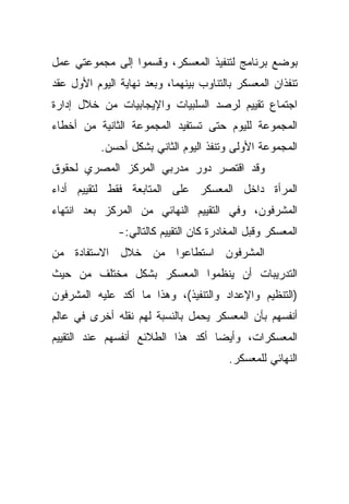 ‫ﺒﻭﻀﻊ ﺒﺭﻨﺎﻤﺞ ﻟﺘﻨﻔﻴﺫ ﺍﻟﻤﻌﺴﻜﺭ، ﻭﻗﺴﻤﻭﺍ ﺇﻟﻰ ﻤﺠﻤﻭﻋﺘﻲ ﻋﻤل‬
‫ﺘﻨﻔﺫﺍﻥ ﺍﻟﻤﻌﺴﻜﺭ ﺒﺎﻟﺘﻨﺎﻭﺏ ﺒﻴﻨﻬﻤﺎ، ﻭﺒﻌﺩ ﻨﻬﺎﻴﺔ ﺍﻟﻴﻭﻡ ﺍﻷﻭل ﻋﻘﺩ‬
‫ﺍﺠﺘﻤﺎﻉ ﺘﻘﻴﻴﻡ ﻟﺭﺼﺩ ﺍﻟﺴﻠﺒﻴﺎﺕ ﻭﺍﻹﻴﺠﺎﺒﻴﺎﺕ ﻤﻥ ﺨﻼل ﺇﺩﺍﺭﺓ‬
‫ﺍﻟﻤﺠﻤﻭﻋﺔ ﻟﻠﻴﻭﻡ ﺤﺘﻰ ﺘﺴﺘﻔﻴﺩ ﺍﻟﻤﺠﻤﻭﻋﺔ ﺍﻟﺜﺎﻨﻴﺔ ﻤﻥ ﺃﺨﻁﺎﺀ‬
           ‫ﺍﻟﻤﺠﻤﻭﻋﺔ ﺍﻷﻭﻟﻰ ﻭﺘﻨﻔﺫ ﺍﻟﻴﻭﻡ ﺍﻟﺜﺎﻨﻲ ﺒﺸﻜل ﺃﺤﺴﻥ.‬
‫ﻭﻗﺩ ﺍﻗﺘﺼﺭ ﺩﻭﺭ ﻤﺩﺭﺒﻲ ﺍﻟﻤﺭﻜﺯ ﺍﻟﻤﺼﺭﻱ ﻟﺤﻘﻭﻕ‬
‫ﺍﻟﻤﺭﺃﺓ ﺩﺍﺨل ﺍﻟﻤﻌﺴﻜﺭ ﻋﻠﻰ ﺍﻟﻤﺘﺎﺒﻌﺔ ﻓﻘﻁ ﻟﺘﻘﻴﻴﻡ ﺃﺩﺍﺀ‬
‫ﺍﻟﻤﺸﺭﻓﻭﻥ، ﻭﻓﻲ ﺍﻟﺘﻘﻴﻴﻡ ﺍﻟﻨﻬﺎﺌﻲ ﻤﻥ ﺍﻟﻤﺭﻜﺯ ﺒﻌﺩ ﺍﻨﺘﻬﺎﺀ‬
               ‫ﺍﻟﻤﻌﺴﻜﺭ ﻭﻗﺒل ﺍﻟﻤﻐﺎﺩﺭﺓ ﻜﺎﻥ ﺍﻟﺘﻘﻴﻴﻡ ﻜﺎﻟﺘﺎﻟﻲ:-‬
‫ﺍﻟﻤﺸﺭﻓﻭﻥ ﺍﺴﺘﻁﺎﻋﻭﺍ ﻤﻥ ﺨﻼل ﺍﻻﺴﺘﻔﺎﺩﺓ ﻤﻥ‬
‫ﺍﻟﺘﺩﺭﻴﺒﺎﺕ ﺃﻥ ﻴﻨﻅﻤﻭﺍ ﺍﻟﻤﻌﺴﻜﺭ ﺒﺸﻜل ﻤﺨﺘﻠﻑ ﻤﻥ ﺤﻴﺙ‬
‫)ﺍﻟﺘﻨﻅﻴﻡ ﻭﺍﻹﻋﺩﺍﺩ ﻭﺍﻟﺘﻨﻔﻴﺫ(، ﻭﻫﺫﺍ ﻤﺎ ﺃﻜﺩ ﻋﻠﻴﻪ ﺍﻟﻤﺸﺭﻓﻭﻥ‬
‫ﺃﻨﻔﺴﻬﻡ ﺒﺄﻥ ﺍﻟﻤﻌﺴﻜﺭ ﻴﺤﻤل ﺒﺎﻟﻨﺴﺒﺔ ﻟﻬﻡ ﻨﻘﻠﻪ ﺃﺨﺭﻯ ﻓﻲ ﻋﺎﻟﻡ‬
‫ﺍﻟﻤﻌﺴﻜﺭﺍﺕ، ﻭﺃﻴﻀﺎ ﺃﻜﺩ ﻫﺫﺍ ﺍﻟﻁﻼﺌﻊ ﺃﻨﻔﺴﻬﻡ ﻋﻨﺩ ﺍﻟﺘﻘﻴﻴﻡ‬
                                  ‫ﹰ‬
                                         ‫ﺍﻟﻨﻬﺎﺌﻲ ﻟﻠﻤﻌﺴﻜﺭ.‬
 