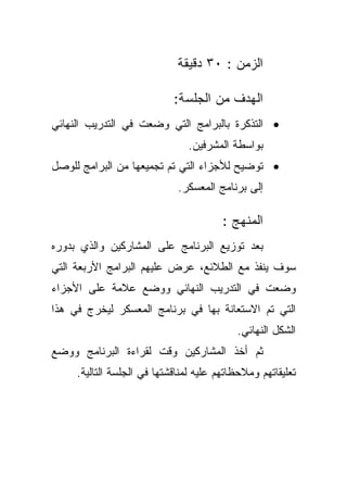 ‫ﺍﻟﺯﻤﻥ : ٠٣ ﺩﻗﻴﻘﺔ‬

                            ‫ﺍﻟﻬﺩﻑ ﻤﻥ ﺍﻟﺠﻠﺴﺔ:‬
‫• ﺍﻟﺘﺫﻜﺭﺓ ﺒﺎﻟﺒﺭﺍﻤﺞ ﺍﻟﺘﻲ ﻭﻀﻌﺕ ﻓﻲ ﺍﻟﺘﺩﺭﻴﺏ ﺍﻟﻨﻬﺎﺌﻲ‬
                                ‫ﺒﻭﺍﺴﻁﺔ ﺍﻟﻤﺸﺭﻓﻴﻥ.‬
‫• ﺘﻭﻀﻴﺢ ﻟﻸﺠﺯﺍﺀ ﺍﻟﺘﻲ ﺘﻡ ﺘﺠﻤﻴﻌﻬﺎ ﻤﻥ ﺍﻟﺒﺭﺍﻤﺞ ﻟﻠﻭﺼل‬
                             ‫ﺇﻟﻰ ﺒﺭﻨﺎﻤﺞ ﺍﻟﻤﻌﺴﻜﺭ.‬

                                        ‫ﺍﻟﻤﻨﻬﺞ :‬
‫ﺒﻌﺩ ﺘﻭﺯﻴﻊ ﺍﻟﺒﺭﻨﺎﻤﺞ ﻋﻠﻰ ﺍﻟﻤﺸﺎﺭﻜﻴﻥ ﻭﺍﻟﺫﻱ ﺒﺩﻭﺭﻩ‬
‫ﺴﻭﻑ ﻴﻨﻔﺫ ﻤﻊ ﺍﻟﻁﻼﺌﻊ، ﻋﺭﺽ ﻋﻠﻴﻬﻡ ﺍﻟﺒﺭﺍﻤﺞ ﺍﻷﺭﺒﻌﺔ ﺍﻟﺘﻲ‬
‫ﻭﻀﻌﺕ ﻓﻲ ﺍﻟﺘﺩﺭﻴﺏ ﺍﻟﻨﻬﺎﺌﻲ ﻭﻭﻀﻊ ﻋﻼﻤﺔ ﻋﻠﻰ ﺍﻷﺠﺯﺍﺀ‬
‫ﺍﻟﺘﻲ ﺘﻡ ﺍﻻﺴﺘﻌﺎﻨﺔ ﺒﻬﺎ ﻓﻲ ﺒﺭﻨﺎﻤﺞ ﺍﻟﻤﻌﺴﻜﺭ ﻟﻴﺨﺭﺝ ﻓﻲ ﻫﺫﺍ‬
                                           ‫ﺍﻟﺸﻜل ﺍﻟﻨﻬﺎﺌﻲ.‬
‫ﺜﻡ ﺃﺨﺫ ﺍﻟﻤﺸﺎﺭﻜﻴﻥ ﻭﻗﺕ ﻟﻘﺭﺍﺀﺓ ﺍﻟﺒﺭﻨﺎﻤﺞ ﻭﻭﻀﻊ‬
     ‫ﺘﻌﻠﻴﻘﺎﺘﻬﻡ ﻭﻤﻼﺤﻅﺎﺘﻬﻡ ﻋﻠﻴﻪ ﻟﻤﻨﺎﻗﺸﺘﻬﺎ ﻓﻲ ﺍﻟﺠﻠﺴﺔ ﺍﻟﺘﺎﻟﻴﺔ.‬
 