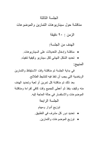 ‫ﺍﻟﺠﻠﺴﺔ ﺍﻟﺜﺎﻟﺜﺔ‬
 ‫ﻤﻨﺎﻗﺸﺔ ﺤﻭل ﺴﻴﻨﺎﺭﻴﻭﻫﺎﺕ ﺍﻟﺘﻤﺎﺭﻴﻥ ﻭﺍﻟﻤﻭﻀﻭﻋﺎﺕ‬

                            ‫ﺍﻟﺯﻤﻥ : ٠٩ ﺩﻗﻴﻘﺔ‬

                           ‫ﺍﻟﻬﺩﻑ ﻤﻥ ﺍﻟﺠﻠﺴﺔ:‬
      ‫• ﻤﻨﺎﻗﺸﺔ ﻭﺇﺩﺨﺎل ﺍﻟﺘﻌﺩﻴﻼﺕ ﻋﻠﻰ ﺍﻟﺴﻴﻨﺎﺭﻴﻭﻫﺎﺕ.‬
    ‫• ﺘﺤﺩﻴﺩ ﺍﻟﺸﻜل ﺍﻟﻨﻬﺎﺌﻲ ﻟﻜل ﺴﻴﻨﺎﺭﻴﻭ ﻭﻜﻴﻔﻴﺔ ﺘﻨﻔﻴﺫﻩ.‬
                                               ‫ﺍﻟﻤﻨﻬﺞ:‬
‫ﻓﻲ ﺒﺩﺍﻴﺔ ﺍﻟﺠﻠﺴﺔ ﺘﻡ ﻤﻨﺎﻗﺸﺔ ﻭﻗﺕ ﺍﻻﺴﺘﻴﻘﺎﻅ ﻭﺍﻟﺘﻤﺎﺭﻴﻥ‬
           ‫ﺍﻟﺭﻴﺎﻀﻴﺔ ﺍﻟﺘﻲ ﻴﺠﺏ ﺃﻥ ﺘﻨﻔﺫ ﻓﻴﻪ ﻟﺘﻨﺸﻴﻁ ﺍﻟﻁﻼﺌﻊ.‬
‫ﺒﻌﺩ ﺫﻟﻙ ﺘﻡ ﻤﻨﺎﻗﺸﺔ ﻜل ﺘﻤﺭﻴﻥ ﺃﻭ ﻟﻌﺒﺔ ﻭﺘﺤﺩﻴﺩ ﺍﻟﻬﺩﻑ‬
‫ﻤﻨﻪ ﻭﻜﻴﻑ ﻴﻨﻔﺫ ﺜﻡ ﺃﻋﻁﻰ ﻟﻠﺠﻤﻴﻊ ﻭﻗﺕ ﻜﺎﻓﻲ ﻟﻘﺭﺍﺀﺓ ﻭﻤﻨﺎﻗﺸﺔ‬
             ‫ﺍﻟﻤﻭﻀﻭﻋﺎﺕ ﻭﺍﻻﺴﺘﻔﺴﺎﺭ ﻓﻲ ﺤﺎﻟﺔ ﺍﻟﺤﺎﺠﺔ ﺇﻟﻴﻪ.‬
                   ‫ﺍﻟﺠﻠﺴﺔ ﺍﻟﺭﺍﺒﻌﺔ‬
                  ‫ﺘﻭﺯﻴﻊ ﺃﺩﻭﺍﺭ ﻭﻤﻬﺎﻡ‬
               ‫• ﺘﺤﺩﻴﺩ ﺩﻭﺭ ﻜل ﻤﺸﺭﻑ ﻓﻲ ﺍﻟﺘﻁﺒﻴﻕ.‬
                   ‫• ﺘﻭﺯﻴﻊ ﺍﻟﻤﻭﻀﻭﻋﺎﺕ ﻭﺍﻟﺘﻤﺎﺭﻴﻥ.‬
 