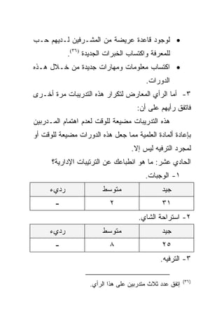 ‫• ﻟﻭﺠﻭﺩ ﻗﺎﻋﺩﺓ ﻋﺭﻴﻀﺔ ﻤﻥ ﺍﻟﻤﺸـﺭﻓﻴﻥ ﻟـﺩﻴﻬﻡ ﺤـﺏ‬
            ‫ﻟﻠﻤﻌﺭﻓﺔ ﻭﺍﻜﺘﺴﺎﺏ ﺍﻟﺨﺒﺭﺍﺕ ﺍﻟﺠﺩﻴﺩﺓ )٦٣(.‬
‫• ﺍﻜﺘﺴﺎﺏ ﻤﻌﻠﻭﻤﺎﺕ ﻭﻤﻬﺎﺭﺍﺕ ﺠﺩﻴﺩﺓ ﻤﻥ ﺨـﻼل ﻫـﺫﻩ‬
                                         ‫ﺍﻟﺩﻭﺭﺍﺕ.‬
‫٣- ﺃﻤﺎ ﺍﻟﺭﺃﻱ ﺍﻟﻤﻌﺎﺭﺽ ﻟﺘﻜﺭﺍﺭ ﻫﺫﻩ ﺍﻟﺘﺩﺭﻴﺒﺎﺕ ﻤﺭﺓ ﺃﺨـﺭﻯ‬
                                      ‫ﻓﺎﺘﻔﻕ ﺭﺃﻴﻬﻡ ﻋﻠﻰ ﺃﻥ:‬
‫ﻫﺫﻩ ﺍﻟﺘﺩﺭﻴﺒﺎﺕ ﻤﻀﻴﻌﺔ ﻟﻠﻭﻗﺕ ﻟﻌﺩﻡ ﺍﻫﺘﻤﺎﻡ ﺍﻟﻤـﺩﺭﺒﻴﻥ‬
‫ﺒﺈﻋﺎﺩﺓ ﺃﻟﻤﺎﺩﺓ ﺍﻟﻌﻠﻤﻴﺔ ﻤﻤﺎ ﺠﻌل ﻫﺫﻩ ﺍﻟﺩﻭﺭﺍﺕ ﻤﻀﻴﻌﺔ ﻟﻠﻭﻗﺕ ﺃﻭ‬
                                    ‫ﻟﻤﺠﺭﺩ ﺍﻟﺘﺭﻓﻴﻪ ﻟﻴﺱ ﺇﻻ.‬
      ‫ﺍﻟﺤﺎﺩﻱ ﻋﺸﺭ: ﻤﺎ ﻫﻭ ﺍﻨﻁﺒﺎﻋﻙ ﻋﻥ ﺍﻟﺘﺭﺘﻴﺒﺎﺕ ﺍﻹﺩﺍﺭﻴﺔ؟‬
                                         ‫١- ﺍﻟﻭﺠﺒﺎﺕ.‬
     ‫ﺭﺩﻱﺀ‬               ‫ﻤﺘﻭﺴﻁ‬                   ‫ﺠﻴﺩ‬
       ‫-‬                   ‫٢‬                    ‫١٣‬
                                      ‫٢- ﺍﺴﺘﺭﺍﺤﺔ ﺍﻟﺸﺎﻱ.‬
     ‫ﺭﺩﻱﺀ‬               ‫ﻤﺘﻭﺴﻁ‬                   ‫ﺠﻴﺩ‬
       ‫-‬                   ‫٨‬                    ‫٥٢‬
                                               ‫٣- ﺍﻟﺘﺭﻓﻴﻪ.‬

                                                          ‫)٦٣(‬
                    ‫ﺇﺘﻔﻕ ﻋﺩﺩ ﺜﻼﺙ ﻤﺘﺩﺭﺒﻴﻥ ﻋﻠﻰ ﻫﺫﺍ ﺍﻟﺭﺃﻱ.‬
 