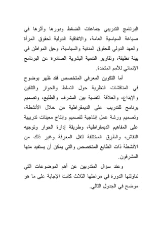 ‫ﺍﻟﺒﺭﻨﺎﻤﺞ ﺍﻟﺘﺩﺭﻴﺒﻲ ﺠﻤﺎﻋﺎﺕ ﺍﻟﻀﻐﻁ ﻭﺩﻭﺭﻫﺎ ﻭﺃﺜﺭﻫﺎ ﻓﻲ‬
‫ﺼﻴﺎﻏﺔ ﺍﻟﺴﻴﺎﺴﻴﺔ ﺍﻟﻌﺎﻤﺔ، ﻭﺍﻻﺘﻔﺎﻗﻴﺔ ﺍﻟﺩﻭﻟﻴﺔ ﻟﺤﻘﻭﻕ ﺍﻟﻤﺭﺃﺓ‬
‫ﻭﺍﻟﻌﻬﺩ ﺍﻟﺩﻭﻟﻲ ﻟﻠﺤﻘﻭﻕ ﺍﻟﻤﺩﻨﻴﺔ ﻭﺍﻟﺴﻴﺎﺴﻴﺔ، ﻭﺤﻕ ﺍﻟﻤﻭﺍﻁﻥ ﻓﻲ‬
‫ﺒﻴﺌﺔ ﻨﻅﻴﻔﺔ، ﻭﺘﻘﺎﺭﻴﺭ ﺍﻟﺘﻨﻤﻴﺔ ﺍﻟﺒﺸﺭﻴﺔ ﺍﻟﺼﺎﺩﺭﺓ ﻋﻥ ﺍﻟﺒﺭﻨﺎﻤﺞ‬
                                  ‫ﺍﻹﻨﻤﺎﺌﻲ ﻟﻸﻤﻡ ﺍﻟﻤﺘﺤﺩﺓ.‬
‫ﺃﻤﺎ ﺍﻟﺘﻜﻭﻴﻥ ﺍﻟﻤﻌﺭﻓﻲ ﺍﻟﻤﺘﺨﺼﺹ ﻓﻘﺩ ﻅﻬﺭ ﺒﻭﻀﻭﺡ‬
‫ﻓﻲ ﺍﻟﻤﻨﺎﻗﺸﺎﺕ ﺍﻟﻨﻅﺭﻴﺔ ﺤﻭل ﺍﻟﺘﺴﻠﻁ ﻭﺍﻟﺤﻭﺍﺭ ﻭﺍﻟﺘﻠﻘﻴﻥ‬
‫ﻭﺍﻹﺒﺩﺍﻉ، ﻭﺍﻟﻌﻼﻗﺔ ﺍﻟﻨﻔﺴﻴﺔ ﺒﻴﻥ ﺍﻟﻤﺸﺭﻑ ﻭﺍﻟﻁﻠﻴﻊ، ﻭﺘﺼﻤﻴﻡ‬
‫ﺒﺭﻨﺎﻤﺞ ﻟﻠﺘﺩﺭﻴﺏ ﻋﻠﻰ ﺍﻟﺩﻴﻤﻘﺭﺍﻁﻴﺔ ﻤﻥ ﺨﻼل ﺍﻷﻨﺸﻁﺔ،‬
‫ﻭﺘﺼﻤﻴﻡ ﻭﺭﺸﺔ ﻋﻤل ﺇﻨﺘﺎﺠﻴﺔ ﻟﺘﺼﻤﻴﻡ ﻭﺇﻨﺘﺎﺝ ﻤﻌﻴﻨﺎﺕ ﺘﺩﺭﻴﺒﻴﺔ‬
‫ﻋﻠﻰ ﺍﻟﻤﻔﺎﻫﻴﻡ ﺍﻟﺩﻴﻤﻘﺭﺍﻁﻴﺔ، ﻭﻁﺭﻴﻘﺔ ﺇﺩﺍﺭﺓ ﺍﻟﺤﻭﺍﺭ ﻭﺘﻭﺠﻴﻪ‬
‫ﺍﻟﻨﻘﺎﺵ، ﻭﺍﻟﻁﺭﻕ ﺍﻟﻤﺨﺘﻠﻔﺔ ﻟﻨﻘل ﺍﻟﻤﻌﺭﻓﺔ ﻭﻏﻴﺭ ﺫﻟﻙ ﻤﻥ‬
‫ﺍﻷﻨﺸﻁﺔ ﺫﺍﺕ ﺍﻟﻁﺎﺒﻊ ﺍﻟﻤﺘﺨﺼﺹ ﻭﺍﻟﺘﻲ ﻴﻤﻜﻥ ﺃﻥ ﻴﺴﺘﻔﻴﺩ ﻤﻨﻬﺎ‬
                                             ‫ﺍﻟﻤﺸﺭﻓﻭﻥ.‬
‫ﻭﻋﻨﺩ ﺴﺅﺍل ﺍﻟﻤﺘﺩﺭﺒﻴﻥ ﻋﻥ ﺃﻫﻡ ﺍﻟﻤﻭﻀﻭﻋﺎﺕ ﺍﻟﺘﻲ‬
‫ﺘﻨﺎﻭﻟﺘﻬﺎ ﺍﻟﺩﻭﺭﺓ ﻓﻲ ﻤﺭﺍﺤﻠﻬﺎ ﺍﻟﺜﻼﺙ ﻜﺎﻨﺕ ﺍﻹﺠﺎﺒﺔ ﻋﻠﻰ ﻤﺎ ﻫﻭ‬
                               ‫ﻤﻭﻀﺢ ﻓﻲ ﺍﻟﺠﺩﻭل ﺍﻟﺘﺎﻟﻲ.‬
 