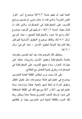 ‫ﺃﻫﻤﻴﺔ ﻟﻬﻡ، ﺜﻡ ﻴﻠﻴﻬﻡ ﺒﻨﺴﺒﺔ ٣,٧٢% ﻤﻭﻀﻭﻉ "ﺴﺒﺭ ﺃﻏﻭﺍﺭ‬
‫ﺍﻟﻨﻔﺱ ﺍﻟﺒﺸﺭﻴﺔ" ﻭﺍﻟﺫﻱ ﻨﻔﺫﻩ ﺩ/ ﻋﺎﺩل ﻤﺩﻨﻲ، ﺜﻡ ﺘﺼﻤﻴﻡ ﺒﺭﻨﺎﻤﺞ‬
‫ﻟﻠﺘﺩﺭﻴﺏ ﻋﻠﻰ ﺍﻟﺩﻴﻤﻘﺭﺍﻁﻴﺔ ﻓﻲ ﺍﻟﻤﻌﺴﻜﺭﺍﺕ ﻭﺍﻟﺫﻱ ﻨﻔﺫﻩ ﺩ/‬
‫ﻜﻤﺎل ﻤﻐﻴﺙ "ﺒﻨﺴﺒﺔ ٢,١٢% ، ﺜﻡ ﻴﻠﻴﻬﻡ ﻓﻲ ﺍﻟﺘﺭﺘﻴﺏ ﻤﻭﻀﻭﻉ‬
‫"ﻋﺎﻟﻡ ﻭﺍﺴﻊ ﺒﻼ ﺤﺩﻭﺩ ﻭﺍﻟﺩﻴﻤﻘﺭﺍﻁﻴﺔ ﻟﻠﺠﻤﻴﻊ – ﻨﺠﺎﺩ ﺍﻟﺒﺭﻋﻲ‬
‫"ﻭﻨﺎل ٢,٥١%، ﻭﻜﺫﻟﻙ ﻤﻭﻀﻭﻉ "ﺍﻟﺤﻘﻭﻕ ﺍﻷﺴﺎﺴﻴﺔ ﻟﻠﻤﻭﺍﻁﻥ‬
‫ﻭﻓﻘﺎ ﻟﻠﺸﺭﻋﻴﺔ ﺍﻟﺩﻭﻟﻴﺔ ﻟﺤﻘﻭﻕ ﺍﻹﻨﺴﺎﻥ – ﻨﺠﺎﺩ ﺍﻟﺒﺭﻋﻲ" ﻭﻨﺎل‬
                                                 ‫ﹰ‬
                                               ‫١,٢١%.‬
‫ﻭﺒﺘﺤﻠﻴل ﺘﻠﻙ ﺍﻟﻤﻭﻀﻭﻋﺎﺕ ﻨﺠﺩ ﺃﻨﻬﺎ ﺘﺘﻀﻤﻥ ﻤﻌﻠﻭﻤﺎﺕ‬
‫ﺨﺎﺼﺔ ﺒﺎﻟﺩﻴﻤﻘﺭﺍﻁﻴﺔ ﻭﺤﻘﻭﻕ ﺍﻹﻨﺴﺎﻥ ﻭﺘﺩﺭﻴﺒﺎﺕ ﻋﻤﻠﻴﺔ ﻋﻠﻰ‬
‫ﻤﻬﺎﺭﺍﺕ ﺍﻟﺤﻭﺍﺭ، ﻭﺒﻨﺎﺀ ﻤﻨﻬﺞ ﻟﻠﺘﺩﺭﻴﺏ ﻋﻠﻰ ﺍﻟﺩﻴﻤﻘﺭﺍﻁﻴﺔ ﻓﻲ‬
            ‫ﺍﻟﻤﻌﺴﻜﺭﺍﺕ، ﻭﻁﺭﻕ ﻨﻔﺴﻴﺔ ﻟﻠﺘﻌﺎﻤل ﻤﻊ ﺍﻟﻁﻼﺌﻊ.‬
‫ﻋﻠﻰ ﺃﻨﻨﺎ ﺴﻭﻑ ﻨﺭﻯ ﺍﻨﻌﻜﺎﺱ ﺍﻟﺜﻘﺎﻓﺔ ﺍﻟﻌﺎﻤﺔ ﻟﻠﻤﺘﺩﺭﺒﻴﻥ‬
‫ﺒﻭﻀﻭﺡ ﻓﻲ ﺍﺨﺘﻴﺎﺭﺍﺘﻬﻡ ﻓﻤﺜﻼ ﻤﻭﻀﻭﻋﺎﺕ ﻤﺜل ﺤﻘﻭﻕ ﺍﻟﻁﻔل‬
                       ‫ﹰ‬
‫ﻭﺤﻘﻭﻕ ﺍﻟﻤﺭﺃﺓ ﻟﻡ ﺘﺤﻅ ﻟﺩﻴﻬﻡ ﺒﺄﻫﻤﻴﺔ ﻋﻤﻠﻴﺔ ﻭﺘﺭﺍﻭﺤﺕ ﻨﺴﺒﺔ‬
‫ﺍﺨﺘﻴﺎﺭﺍﺘﻬﺎ ﺒﻴﻥ ٦% ﻭ ٣% ﻭﻴﺭﺠﻊ ﺫﻟﻙ ﺇﻟﻰ ﺍﻟﺜﻘﺎﻓﺔ ﺍﻟﻤﺤﺎﻓﻅﺔ‬
‫ﺍﻟﺘﻲ ﺘﺴﻭﺩ ﺃﻭﺴﺎﻁ ﺍﻟﺸﻌﺏ ﺍﻟﻤﺼﺭﻱ ﺒﺼﻔﺔ ﻋﺎﻤﺔ ﻭﻴﻤﻜﻥ ﺭﺒﻁ‬
‫ﺘﻠﻙ ﺍﻟﻨﺴﺏ ﺒﺎﻟﺜﻘﺎﻓﺔ ﺍﻟﺩﻴﻨﻴﺔ ﻟﺩﻯ ﺍﻟﻤﺘﺩﺭﺒﻴﻥ ﺤﻴﺙ ﺃﻥ ﺜﻘﺎﻓﺎﺘﻬﻡ‬
 