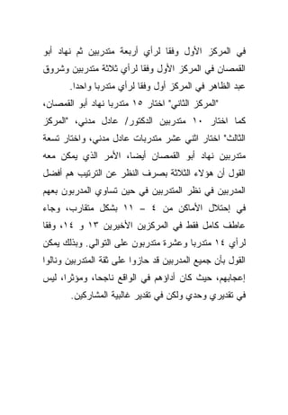 ‫ﻓﻲ ﺍﻟﻤﺭﻜﺯ ﺍﻷﻭل ﻭﻓﻘﺎ ﻟﺭﺃﻱ ﺃﺭﺒﻌﺔ ﻤﺘﺩﺭﺒﻴﻥ ﺜﻡ ﻨﻬﺎﺩ ﺃﺒﻭ‬
                               ‫ﹰ‬
‫ﺍﻟﻘﻤﺼﺎﻥ ﻓﻲ ﺍﻟﻤﺭﻜﺯ ﺍﻷﻭل ﻭﻓﻘﺎ ﻟﺭﺃﻱ ﺜﻼﺜﺔ ﻤﺘﺩﺭﺒﻴﻥ ﻭﺸﺭﻭﻕ‬
                        ‫ﹰ‬
       ‫ﻋﺒﺩ ﺍﻟﻅﺎﻫﺭ ﻓﻲ ﺍﻟﻤﺭﻜﺯ ﺃﻭل ﻭﻓﻘﺎ ﻟﺭﺃﻱ ﻤﺘﺩﺭﺒﺎ ﻭﺍﺤﺩﺍ.‬
        ‫ﹰ‬     ‫ﹰ‬           ‫ﹰ‬
‫"ﺍﻟﻤﺭﻜﺯ ﺍﻟﺜﺎﻨﻲ" ﺍﺨﺘﺎﺭ ٥١ ﻤﺘﺩﺭﺒﺎ ﻨﻬﺎﺩ ﺃﺒﻭ ﺍﻟﻘﻤﺼﺎﻥ،‬
                  ‫ﹰ‬
‫ﻜﻤﺎ ﺍﺨﺘﺎﺭ ٠١ ﻤﺘﺩﺭﺒﻴﻥ ﺍﻟﺩﻜﺘﻭﺭ/ ﻋﺎﺩل ﻤﺩﻨﻲ، "ﺍﻟﻤﺭﻜﺯ‬
‫ﺍﻟﺜﺎﻟﺙ" ﺍﺨﺘﺎﺭ ﺍﺜﻨﻲ ﻋﺸﺭ ﻤﺘﺩﺭﺒﺎﺕ ﻋﺎﺩل ﻤﺩﻨﻲ، ﻭﺍﺨﺘﺎﺭ ﺘﺴﻌﺔ‬
                       ‫ﹰ‬
‫ﻤﺘﺩﺭﺒﻴﻥ ﻨﻬﺎﺩ ﺃﺒﻭ ﺍﻟﻘﻤﺼﺎﻥ ﺃﻴﻀﹰ، ﺍﻷﻤﺭ ﺍﻟﺫﻱ ﻴﻤﻜﻥ ﻤﻌﻪ‬
                    ‫ﺎ‬
‫ﺍﻟﻘﻭل ﺃﻥ ﻫﺅﻻﺀ ﺍﻟﺜﻼﺜﺔ ﺒﺼﺭﻑ ﺍﻟﻨﻅﺭ ﻋﻥ ﺍﻟﺘﺭﺘﻴﺏ ﻫﻡ ﺃﻓﻀل‬
‫ﺍﻟﻤﺩﺭﺒﻴﻥ ﻓﻲ ﻨﻅﺭ ﺍﻟﻤﺘﺩﺭﺒﻴﻥ ﻓﻲ ﺤﻴﻥ ﺘﺴﺎﻭﻱ ﺍﻟﻤﺩﺭﺒﻭﻥ ﺒﻌﻬﻡ‬
‫ﻓﻲ ﺇﺤﺘﻼل ﺍﻷﻤﺎﻜﻥ ﻤﻥ ٤ – ١١ ﺒﺸﻜل ﻤﺘﻘﺎﺭﺏ، ﻭﺠﺎﺀ‬
‫ﻋﺎﻁﻑ ﻜﺎﻤل ﻓﻘﻁ ﻓﻲ ﺍﻟﻤﺭﻜﺯﻴﻥ ﺍﻷﺨﻴﺭﻴﻥ ٣١ ﻭ ٤١، ﻭﻓﻘﺎ‬
‫ﹰ‬
‫ﻟﺭﺃﻱ ٤١ ﻤﺘﺩﺭﺒﺎ ﻭﻋﺸﺭﺓ ﻤﺘﺩﺭﺒﻭﻥ ﻋﻠﻰ ﺍﻟﺘﻭﺍﻟﻲ. ﻭﺒﺫﻟﻙ ﻴﻤﻜﻥ‬
                                      ‫ﹰ‬
‫ﺍﻟﻘﻭل ﺒﺄﻥ ﺠﻤﻴﻊ ﺍﻟﻤﺩﺭﺒﻴﻥ ﻗﺩ ﺤﺎﺯﻭﺍ ﻋﻠﻰ ﺜﻘﺔ ﺍﻟﻤﺘﺩﺭﺒﻴﻥ ﻭﻨﺎﻟﻭﺍ‬
‫ﺇﻋﺠﺎﺒﻬﻡ، ﺤﻴﺙ ﻜﺎﻥ ﺃﺩﺍﺅﻫﻡ ﻓﻲ ﺍﻟﻭﺍﻗﻊ ﻨﺎﺠﺤﹰ، ﻭﻤﺅﺜﺭﹰ، ﻟﻴﺱ‬
     ‫ﺍ‬       ‫ﺎ‬
       ‫ﻓﻲ ﺘﻘﺩﻴﺭﻱ ﻭﺤﺩﻱ ﻭﻟﻜﻥ ﻓﻲ ﺘﻘﺩﻴﺭ ﻏﺎﻟﺒﻴﺔ ﺍﻟﻤﺸﺎﺭﻜﻴﻥ.‬
 