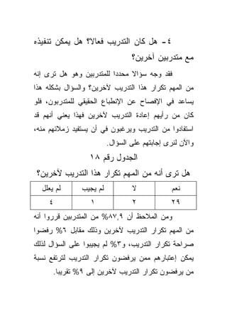 ‫٤- ﻫل ﻜﺎﻥ ﺍﻟﺘﺩﺭﻴﺏ ﻓﻌﺎ ﹰ؟ ﻫل ﻴﻤﻜﻥ ﺘﻨﻔﻴﺫﻩ‬
                ‫ﻻ‬
                                 ‫ﻤﻊ ﻤﺘﺩﺭﺒﻴﻥ ﺁﺨﺭﻴﻥ؟‬
‫ﻓﻘﺩ ﻭﺠﻪ ﺴﺅﺍﻻ ﻤﺤﺩﺩﺍ ﻟﻠﻤﺘﺩﺭﺒﻴﻥ ﻭﻫﻭ ﻫل ﺘﺭﻯ ﺇﻨﻪ‬
                         ‫ﹰ‬     ‫ﹰ‬
‫ﻤﻥ ﺍﻟﻤﻬﻡ ﺘﻜﺭﺍﺭ ﻫﺫﺍ ﺍﻟﺘﺩﺭﻴﺏ ﻵﺨﺭﻴﻥ؟ ﻭﺍﻟﺴﺅﺍل ﺒﺸﻜﻠﻪ ﻫﺫﺍ‬
‫ﻴﺴﺎﻋﺩ ﻓﻲ ﺍﻹﻓﺼﺎﺡ ﻋﻥ ﺍﻹﻨﻁﺒﺎﻉ ﺍﻟﺤﻘﻴﻘﻲ ﻟﻠﻤﺘﺩﺭﺒﻭﻥ، ﻓﻠﻭ‬
‫ﻜﺎﻥ ﻤﻥ ﺭﺃﻴﻬﻡ ﺇﻋﺎﺩﺓ ﺍﻟﺘﺩﺭﻴﺏ ﻵﺨﺭﻴﻥ ﻓﻬﺫﺍ ﻴﻌﻨﻲ ﺃﻨﻬﻡ ﻗﺩ‬
‫ﺍﺴﺘﻔﺎﺩﻭﺍ ﻤﻥ ﺍﻟﺘﺩﺭﻴﺏ ﻭﻴﺭﻏﺒﻭﻥ ﻓﻲ ﺃﻥ ﻴﺴﺘﻔﻴﺩ ﺯﻤﻼﺌﻬﻡ ﻤﻨﻪ،‬
                         ‫ﻭﺍﻵﻥ ﻟﻨﺭﻯ ﺇﺠﺎﺒﺘﻬﻡ ﻋﻠﻰ ﺍﻟﺴﺅﺍل.‬
                  ‫ﺍﻟﺠﺩﻭل ﺭﻗﻡ ٨١‬
 ‫ﻫل ﺘﺭﻯ ﺃﻨﻪ ﻤﻥ ﺍﻟﻤﻬﻡ ﺘﻜﺭﺍﺭ ﻫﺫﺍ ﺍﻟﺘﺩﺭﻴﺏ ﻵﺨﺭﻴﻥ؟‬
  ‫ﻟﻡ ﻴﻌﻠل‬      ‫ﻟﻡ ﻴﺠﻴﺏ‬           ‫ﻻ‬            ‫ﻨﻌﻡ‬
    ‫٤‬             ‫١‬              ‫٢‬            ‫٩٢‬
‫ﻭﻤﻥ ﺍﻟﻤﻼﺤﻅ ﺃﻥ ٩,٧٨% ﻤﻥ ﺍﻟﻤﺘﺩﺭﺒﻴﻥ ﻗﺭﺭﻭﺍ ﺃﻨﻪ‬
‫ﻤﻥ ﺍﻟﻤﻬﻡ ﺘﻜﺭﺍﺭ ﺍﻟﺘﺩﺭﻴﺏ ﻵﺨﺭﻴﻥ ﻭﺫﻟﻙ ﻤﻘﺎﺒل ٦% ﺭﻓﻀﻭﺍ‬
‫ﺼﺭﺍﺤﺔ ﺘﻜﺭﺍﺭ ﺍﻟﺘﺩﺭﻴﺏ، ﻭ٣% ﻟﻡ ﻴﺠﻴﺒﻭﺍ ﻋﻠﻰ ﺍﻟﺴﺅﺍل ﻟﺫﻟﻙ‬
‫ﻴﻤﻜﻥ ﺇﻋﺘﺒﺎﺭﻫﻡ ﻤﻤﻥ ﻴﺭﻓﻀﻭﻥ ﺘﻜﺭﺍﺭ ﺍﻟﺘﺩﺭﻴﺏ ﻟﺘﺭﺘﻔﻊ ﻨﺴﺒﺔ‬
      ‫ﻤﻥ ﻴﺭﻓﻀﻭﻥ ﺘﻜﺭﺍﺭ ﺍﻟﺘﺩﺭﻴﺏ ﻵﺨﺭﻴﻥ ﺇﻟﻰ ٩% ﺘﻘﺭﻴﺒﺎ.‬
       ‫ﹰ‬
 