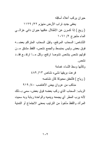 ‫ﺤﻴ‪‬ﺭﺍﻥ ﻴﺭﻜﺏ ﺃﻋﻼﻩ ﺃﺴﺎﻓﹸﻪ‬
                                ‫‪ ‬ﹶ ‪ِ ‬ﻠ ‪‬‬       ‫‪ ‬‬
      ‫ﻴﺨﻔﻰ ﺠﺩﻴﺩ ﺘﺭﺍﺏ ﺍﻷﺭﺽ ﻤﻨﹾﻬﺯﻡ ٢٢/ ٩٢١١‬
               ‫‪ِ ‬‬         ‫ِ‬    ‫‪‬‬
‫) ﺭﻴﺢ ( ﺇﺫﺍ ﻜﺴﺭﻥ ﻋﻥ ﺍﻷﻁﻼل ﻋﺎﻗ ‪‬ﻬﺎ ﺤﻴﺭﺍﻥ ﺩﺍﻨﻲ ﻋ ‪‬ﺍﻟـﻲ‬
    ‫‪‬ﺯ‬       ‫‪‬‬       ‫ﹶﺒ‬             ‫‪‬‬
                                 ‫ﺍﻟﻤﺎﺀ ﻤﺜﺠﺭﺝ ٢/ ١٦٠١‬
                                         ‫‪‬‬
‫ﺍﻟﻨ ﹶﺎﺹ: ﺍﻟﺴﺤﺎﺏ ﺍﻟﻤﺭﺘﻔﻊ، ﻭﻗﻴل ﺍﻟﺴﺤﺎﺏ ﺍﻟﻤﺘﺭﺍﻜﻡ ﺒﻌﻀـﻪ‬
                                            ‫ﱠﺸ ‪‬‬
‫ﻓﻭﻕ ﺒﻌﺽ ﻭﻟﻴﺱ ﺒﻤﻨﺒﺴﻁ ﻭﺍﻟﺠﻤﻊ ﻨﺸ ‪ ،‬ﺍﻟﻠﻔﻅ ﻤﺸﺘﻕ ﻤـﻥ‬
                ‫ﹸ ﹸﺹ‬
‫ﻗﻭﻟﻬﻡ ﻨﺸﺹ ﻴﻨﺸﺹ ﻨﺸﻭﺼﺎ ﺍﺭﺘﻔﻊ، ﻭﻜل ﻤـﺎ ﺍﺭﺘﻔـﻊ ﻓﻘـﺩ‬
                                                  ‫ﻨﺸﺹ.‬
                                ‫ﻭﻜﺄﻨﻬﺎ ﻭﺴ‪‬ﻁ ﺍﻟ ﱠﺴﺎﺀ ﻏﻤﺎﻤﺔ‬
                                ‫ﹰ‬        ‫ﻨ‬
            ‫ﻓﺭﻋﺕ ﺒﺭﻴﻘﻬﺎ ﻨﺸﻲﺀ ﻨﺸﺎﺹ ٣١/ ٩٨٤‬
                    ‫ِ‬
                      ‫) ﺭﻴﺎﺡ ( ﻓﺄﻟﺤﻘﻥ ﻤﺤﺒﻭ ﹰﺎ ﻜﺄﻥ ﻨ ﹶﺎﺼﻪ‬
                         ‫ﻜ ‪ ‬ﹶﺸ‬          ‫ﹾ‪‬‬
      ‫ﻤﻨﺎﻜﺏ ﻤﻥ ﻋﺭﻭﺍﻥ ﺒﻴﺽ ﺍﻷﻫﺎﻀﺏ ٠٤/ ٩١٩‬
                     ‫‪‬‬   ‫‪‬‬        ‫‪‬‬
‫ﺍﻟ ‪‬ﺒﺎﺏ: ﺍﻟﺴﺤﺎﺏ ﺍﻟﺫﻱ ﺭﻜﺏ ﺒﻌﻀﻪ ﻓﻭﻕ ﺒﻌﺽ، ﺴﻤﻲ ﺒـﺫﻟﻙ‬
                                         ‫ﺭ ‪‬‬
‫ﻷﻨﻪ ﻴﺭ ‪ ‬ﺍﻟﻤﻁﺭ ﺃﻱ ﻴﺠﻤﻌﻪ ﻭﻴﻨﻤ ‪‬ﻪ ﻭﺍﻟﻭﺍﺤﺩﺓ ﺭﺒﺎﺒﺔ ﻭﺒﻪ ﺴﻤﻴﺕ‬
                         ‫ﻴ‬                     ‫‪‬ﺏ‬
‫ﺍﻟﻤﺭﺃﺓ، ﻭﺍﻟﻠﻔﻅ ﻤﺄﺨﻭﺫ ﻤﻥ ﺍﻟﺘﺭﺘﻴﺏ ﺒﻤﻌﻨﻰ ﺍﻻﺠﺘﻤﺎﻉ ﺃﻭ ﺍﻟﺘﻤﻨﻴﺔ‬




                     ‫٢٠١‬
 