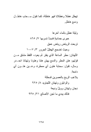 ‫ﺘﻬﻁل ﻫﻁﹾﻼ ﻭﻫﻁﻼﻨﺎ ﻓﻬﻭ ﻫﺎﻁﻠﺔ، ﻜﻤﺎ ﺘﻘﻭل ﺴـﺤﺎﺏ ﻫﺎﻁـل‬
                                          ‫‪‬‬
                                            ‫ﻭﺩﻤﻊ ﻫﺎﻁل.‬


                                 ‫ﻭﻟﻴﻠﺔ ﻫﻁل ﺒﺎﻟﻤﺎﺀ ﺁﺨ ‪‬ﻫﺎ‬
                                   ‫ﺭ‬           ‫‪ٍِ‬‬
              ‫ﺤﻴﺭﻯ ‪‬ﻤﺎﺩﻴﺔ ﻓﺩﺒﺕ ﺘﺴﺭﺒﻬﺎ ٧/ ٥٦٨‬
                            ‫ﺠ ‪ ِ ٍ‬ﱠ‬
                             ‫ﺘﺭ ‪‬ﻌﺕ ﺍﻟ ‪‬ﻴﺎﺽ ﺭﻴﺎﺽ ﻋﻤﻕ‬
                             ‫‪ٍ  ‬‬      ‫ﺒ ﹸ ﺭ‬
           ‫ﻭﺤﻴﺙ ﺘﻀﺠﻊ ﺍﻟﻬﻁل ﺍﻟﺠﺭﻭﺭ ٣/ ٧٠٠١‬
                   ‫‪‬‬      ‫‪ُِ  ‬‬    ‫ﹸ‬
‫ﺍﻟ ﱠﻬ ﹼﺎﻥ: ﻤﻁﺭ ﺍﻟﺴﺎﻋﺔ ﺍﻟﺫﻱ ﻴﻔﺘﺭ ﺜﻡ ﻴﻌﻭﺩ، ﺍﻟﻠﻔﻅ ﻤﺸﺘﻕ ﻤـﻥ‬
                                              ‫ﺘ ﺘ ‪‬‬
‫ﻗﻭﻟﻬﻡ: ﻫﺘﻥ ﺍﻟﻤﻁﺭ ﻭﺍﻟﺩﻤﻊ ﻴﻬﺘﻥ ﻫﺘﻨﺎ ﻭﻫﺘﻭﻨﺎ ﻭﺘﻬﺘﺎﻨﺎ ﺍﻨﺤـﺩﺭ‬
‫ﻭﺴﺎل، ﺘﻘﻭل: ﺴﺤﺎﺒﺔ ﻫﺘﻭﻥ ﺃﻱ ﻤﻤﻁﺭﺓ، ﻭﻋـﻴﻥ ﻫﺘـﻭﻥ ﺃﻱ‬
                                                   ‫ﺩﺍﻤﻌﺔ.‬
                           ‫ﻴﻼﻋﺏ ﺍﻟ ‪‬ﻴﺢ ﺒﺎﻟﻌﺼ ‪‬ﻴﻥ ﻗﺴ ﹶﻠﺔ‬
                           ‫‪ ‬ﹶ ِ ‪ ‬ﺭ ‪  ‬ﺭ ‪ ‬ﻁ ﹸ‬
               ‫ﻭﺍﻟﻭﺍﺒﻠﻭﻥ ﻭﺘﻬﺘﺎﻥ ﺍﻟ ﱠﺠﺎﻭﻴﺩ ٨/ ٥٢٩‬
                           ‫‪ ‬ﺘ‬         ‫‪‬‬
                                ‫ﺩ ‪‬ﺎﻥ ﻭﺘﻬﺘﺎﻥ ﻭﻭﻴل ﻭﺩ ‪‬ﻌﺔ‬
                                ‫‪ ٌ ‬ﻴ ﹲ‬           ‫ِﺠ ‪‬‬
            ‫ﻓﺫﻟﻙ ‪‬ﺒﺩﻱ ﻤﺎ ﹸﺠﻥ ﺍﻷﻀﺎﻟﻊ ١٢/ ٥٣٩‬
                    ‫‪‬‬      ‫ﺘ ‪‬‬       ‫ﻴ‬




                     ‫٥٢١‬
 