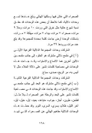 ‫ﺍﻟﺼﺤﺭﺍﺀ ﺍﻟﺘﻲ ﻋﺎﺵ ﻓﻴﻬﺎ ﻭﺴﻠﻜﻬﺎ ﺍﻟﻬﺫﻟﻲ ﻭﺒﻠﻎ ﻋـﺩﺩﻫﺎ ﺘﺴـﻊ‬
‫ﻭﺤﺩﺍﺕ ﺩﻻﻟﻴﺔ، ﻜﻤﺎ ﻨﻼﺤﻅ ﺃﻥ ﺒﻌﺽ ﻫﺫﻩ ﺍﻟﻭﺤﺩﺍﺕ ﻗﺩ ﺤﻘـﻕ‬
‫ﻨﺴﺒﺔ ﺸﻴﻭﻉ ﻋﺎﻟﻴﺔ ﻤﺜل ﺨﺭﻕ ﺍﻟﺘﻲ ﻭﺭﺩﺕ ٠١ ﻤﺭﺍﺕ، ﻭﻤﻼ ٩‬
‫ﻤﺭﺍﺕ، ﺼﺤﺭﺍﺀ ٧ ﻤﺭﺍﺕ، ﺒﻴﺩﺍﺀ ٧ ﻤﺭﺍﺕ، ﻤﻬﻠﻜﺔ ٧ ﻤـﺭﺍﺕ،‬
‫ﺒﺎﺴﺘﺜﻨﺎﺀ ﺍﻟﻭﺤﺩﺓ ﺃﺭﺽ ﺠﺎﺀﺕ ﻜﻠﻤﺔ ﻤﺤﺩﺩﺓ ﻟﻠﻤﺠﻤﻭﻋﺔ ﻭﻗﺩ ﺒﻠﻎ‬
                           ‫ﻋﺩﺩ ﻤﺭﺍﺕ ﻭﺭﻭﺩﻫﺎ ٩٣ ﻤﺭﺓ.‬
‫ﺍﺸﺘﺭﻜﺕ ﻭﺤﺩﺍﺕ ﺍﻟﻤﺠﻤﻭﻋﺔ ﺍﻟﺩﻻﻟﻴﺔ ﺍﻟﻔﺭﻋﻴﺔ ﺍﻷﻭﻟـﻰ‬
‫) ﺃ ( ﻓﻲ ﻤﻠﻤﺢ ﺩﻻﻟﻲ ﻤﺸﺘﺭﻙ ﻫﻭ ﺍﻟﺨﻠﻭ، ﺇﻟﻰ ﺠﺎﻨﺏ ﻤﻠﻤﺤـﻴﻥ‬
‫ﺩﻻﻟﻴﻥ ﺁﺨﺭﻴﻥ ﻫﻤﺎ ﺍﻻﺘﺴﺎﻉ ﻭﺍﻻﺴﺘﻭﺍﺀ، ﻭﻗـﺩ ﺠـﺎﺀﺕ ﻫـﺫﻩ‬
‫ﺍﻟﻭﺤﺩﺍﺕ ﻓﻲ ﻤﺼﺎﺤﺒﺔ ﻜﻠﻤﺎﺕ ﺘﺸﻴﺭ ﻋﻠﻰ ﺩﻻﻟﺔ ﺍﻟﺨﻼﺀ ﻤﺜل ﻻ‬
                      ‫ﺃﻨﻴﺱ ﺒﻪ، ﻤﺭ ﺍﻟﺭﻴﺢ، ﺼﺩﻯ، ﺴﺒﺎﻉ.‬
‫ﺍﺸﺘﺭﻜﺕ ﻭﺤﺩﺍﺕ ﺍﻟﻤﺠﻤﻭﻋﺔ ﺍﻟﺩﻻﻟﻴﺔ ﺍﻟﻔﺭﻋﻴﺔ ﺍﻟﺜﺎﻨﻴـﺔ‬
‫) ﺏ ( ﻓﻲ ﻤﻠﻤﺢ ﺩﻻﻟﻲ ﻤﺸﺘﺭﻙ ﻫﻭ ﺍﻟﺒﻌﺩ ﺇﻟﻰ ﺠﺎﻨﺏ ﻤﻠﻤﺤـﻲ‬
‫ﺍﻻﺘﺴﺎﻉ ﻭﺍﻻﺴﺘﻭﺍﺀ، ﻭﻗﺩ ﺠﺎﺀﺕ ﻫﺫﻩ ﺍﻟﻭﺤﺩﺍﺕ ﻓـﻲ ﻤﺼـﺎﺤﺒﺔ‬
‫ﻜﻠﻤﺎﺕ ﺘﺸﻴﺭ ﻋﻠﻰ ﺍﻟﺒﻌﺩ ﻭﺍﻟﺭﺤﻠﺔ ﻋﺒﺭ ﺍﻟﺼﺤﺭﺍﺀ ﻟـﻴﻼ ﻤﺜـل:‬
‫ﻗﻁﻌﻥ، ﻁﻭﻴﻥ، ﺃﺠﺎﺯ، ﺠﻭﺍﺏ، ﻤﺘﺒﺎﻋﺩ، ﺒﻌﻴﺩ، ﺇﺒل، ﺨﻴل، ﻟﻴل،‬
‫ﺁﺨﺭ ﺍﻟﻠﻴل، ﻅﻼﻡ، ﻴﺴﺭﻱ، ﺍﻟﺴﺭﻯ، ﺍﻟﻨﻭﻡ. ﻭﻗﺩ ﺤﻤﻠـﺕ ﻫـﺫﻩ‬
‫ﺍﻟﻭﺤﺩﺍﺕ ﺍﻟﺩﻻﻟﻴﺔ ﻤﻔﺎﻫﻴﻡ ﺍﻟﻬﺫﻟﻲ ﻋﻥ ﺍﻟﺼـﺤﺭﺍﺀ ﺍﻟﺘـﻲ ﺘﺒﻴـﺩ‬


                    ‫٨٦١‬
 