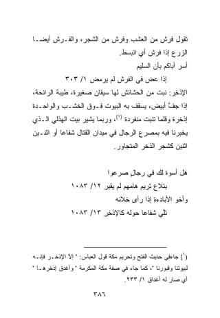 ‫ﺘﻘﻭل ﻓﺭﺵ ﻤﻥ ﺍﻟﻌﺸﺏ ﻭﻓﺭﺵ ﻤﻥ ﺍﻟﺸﺠﺭ، ﻭﺍﻟﻔـﺭﺵ ﺃﻴ ‪‬ـﺎ‬
  ‫ﻀ‬
                                    ‫ﺍﻟﺯﺭﻉ ﺇﺫﺍ ﻓ ‪‬ﺵ ﺃﻱ ﺍﻨﺒﺴﻁ.‬
                                               ‫ﺭ‬
                                           ‫ﺃﺴﺭ ﺃﺒﺎﻜﻡ ﺒﺄﻥ ﺍﻟ ‪‬ﻠﻴﻡ‬
                                           ‫ﺴ ‪‬‬               ‫‪‬‬
             ‫ﺇﺫﺍ ﻋ ‪ ‬ﻓﻲ ﺍﻟﻔ ‪ ِ ‬ﻟﻡ ﻴﺭﻤﺽ ١/ ٣٠٣‬
                    ‫‪ِ ‬‬    ‫ﹶﺭﺵ‬        ‫‪‬ﺽ‬
‫ﺍﻹﺫﺨﺭ: ﻨﺒﺕ ﻤﻥ ﺍﻟﺤﺸﺎﺌﺵ ﻟﻬﺎ ﺴﻴﻘﺎﻥ ﺼﻐﻴﺭﺓ، ﻁﻴﺒﺔ ﺍﻟﺭﺍﺌﺤﺔ،‬
                                               ‫ِﹾ ِ‪‬‬
‫ﺇﺫﺍ ﺠﻑ ﺃﺒﻴﺽ، ﻴﺴﻘﻑ ﺒﻪ ﺍﻟﺒﻴﻭﺕ ﻓـﻭﻕ ﺍﻟﺨﺸـﺏ ﻭﺍﻟﻭﺍﺤـﺩﺓ‬
                                           ‫ﱠ‬
‫ﺇﺫﺨﺭﺓ ﻭﻗﻠﻤﺎ ﺘﻨﺒﺕ ﻤﻨﻔﺭﺩﺓ )١(، ﻭﺭﺒﻤﺎ ﻴﺸﻴﺭ ﺒﻴﺕ ﺍﻟﻬﺫﻟﻲ ﺍﻟـﺫﻱ‬
‫ﻴﺨﺒﺭﻨﺎ ﻓﻴﻪ ﺒﻤﺼﺭﻉ ﺍﻟﺭﺠﺎل ﻓﻲ ﻤﻴﺩﺍﻥ ﺍﻟﻘﺘﺎل ﺸﻔﺎﻋﺎ ﺃﻭ ﺍﺜﻨـﻴﻥ‬
                                  ‫ﺍﺜﻨﻴﻥ ﻜﺸﺠﺭ ﺍﻟﺫﺨﺭ ﺍﻟﻤﺘﺠﺎﻭﺭ.‬


                               ‫ﻫل ﺃﺴﻭﺓ ﻟﻙ ﻓﻲ ﺭﺠﺎل ﺼ ‪‬ﻋﻭﺍ‬
                                  ‫ٍ ‪‬ﺭ‬           ‫‪‬ﹲ‬
                ‫ﺒﺘﻼﻉ ﺘﺭﻴﻡ ﻫﺎﻤﻬﻡ ﻟﻡ ﻴﻘ ‪١٠٨٣ /١٢ ِ ‬‬
                         ‫‪      ‬ﹶﺒﺭ‬
                                  ‫ﻭﺃﺨﻭ ﺍﻷﺒﺎﺩﺀﺓ ﺇﺫﺍ ﺭﺃﻯ ِﻼﻨﻪ‬
                                  ‫ﺨ ﹶﹶ ‪‬‬       ‫ِ‬
               ‫ﺘﱠﻲ ﺸﻔﺎ ‪‬ﺎ ﺤﻭ‪‬ﻟﻪ ﻜﺎﻹﺫﺨﺭ ٣١/ ٣٨٠١‬
                        ‫ﹾِِ‬        ‫ﻋ ‪‬‬       ‫ﻠ‬




‫)١( ﺠﺎﺀﻓﻲ ﺤﺩﻴﺙ ﺍﻟﻔﺘﺢ ﻭﺘﺤﺭﻴﻡ ﻤﻜﺔ ﻗﻭل ﺍﻟﻌﺒﺎﺱ: " ﺇﻻ ﺍﻹﺫﺨـﺭ ﻓﺈﻨـﻪ‬
             ‫ﱠ‬
‫ﻟ ‪‬ﻴﻭﺘﻨﺎ ﻭ ﹸﺒﻭﺭﻨﺎ "، ﻜﻤﺎ ﺠﺎﺀ ﻓﻲ ﺼﻔﺔ ﻤﻜﺔ ﺍﻟﻤﻜﺭﻤﺔ " ﻭﺃﻏﺩﻕ ﺇﺫﺨﺭﻫـﺎ "‬
                                                     ‫ﻗ‬        ‫ﺒ‬
                                      ‫ﺃﻱ ﺼﺎﺭ ﻟﻪ ﺃﻏﺩﺍﻕ ١/ ٣٣٢.‬

                         ‫٦٨٣‬
 