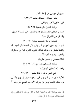 ‫ﺴﻭﻯ ﺃﻥ ﻤﺭ ‪‬ﻰ ﺨﻴ ‪ ٍ ‬ﺨﻑ ﺃﻫﹸﻬﺎ‬
                                ‫‪  ‬ﺴ ﹶ ‪‬ﻤﺔ ﱠ ﻠ‬
                ‫ﺒﺄﺒ ‪‬ﺭ ﻤﺤ‪‬ﻼل ﻭﻫﻴﻬﺎﺕ ﻋﺎ ‪‬ﻬﺎ ٣/ ٣٥٩‬
                         ‫ﹶ ﻤ‬         ‫‪‬ﻬ ِ ِ‬
                                     ‫ﻓﺈﻥ ﻤﻌﺎﺠﻲ ﻟﻠﺨﻴﺎﻡ ﻭﻤﻭ ِﻔﻲ‬
                                       ‫‪ ‬ﻗ‬               ‫‪‬‬
                    ‫ﺒﻭﺍﻨﻴﺔ ﺍﻟﺒ‪‬ﻨﺩ‪‬ﻴﻥ ﺒﺎل ﹸﻤﺎﻤ ‪‬ﺎ ٥/ ٣٥٩‬
                            ‫ِ ٍ ﺜ ‪‬ﻬ‬
‫ﺍﺴﺘﻌﻤل ﺍﻟﻬﺫﻟﻲ ﺍﻟﻠﻔﻅ ﻤﻌﺎﺩﻻ ﺩﻻﻟﻴﺎ ﻟﻠﺘﻌﺒﻴﺭ ﻋﻥ ﻀﺨﺎﻤﺔ ﺍﻟﺨﻴل.‬
                                     ‫ﻭﻗﺩ ﻟﻘﻴﺎ ﻤﻊ ﺍﻹﺸﺭﺍﻕ ﺨﻴ ﹰ‬
                                     ‫ﹶ ‪‬ﻼ‬
              ‫ﺘ ‪‬ﻭﻑ ﺍﻟﻭﺤﺵ ﺘﺤﺴ ‪‬ﻬﺎ ِﻴﺎ ‪‬ﺎ ٠٢/ ١٩٢‬
                       ‫‪ ‬ﹸ ِﺒ ﺨ ﻤ‬          ‫ﹶﺴ ﹸ‬
‫ﺍﻟﺨ ‪‬ﺎﺀ: ﺒﻴﺕ ﻤﻥ ﺸﻌﺭ ﺃﻭ ﺃﺩﻡ، ﻴﻘﻭﻡ ﻋﻠﻰ ﺃﻋﻤﺩﺓ ﻤﺜل ﺍﻟﺨﻴﻤـﺔ،‬
                                                ‫ِﺒ ‪‬‬
‫ﻭﺍﻟﻠﻔﻅ ﻤﺸﺘﻕ ﻤﻥ ﻗﻭﻟﻙ ﺨﺒﺄﺕ ﺍﻟﺸﻲﺀ ﺘﺨﺒ‪‬ﺅﻩ ﺨﺒﺄ ﺃﻱ ﺴـﺘﺭﺘﻪ‬
                                    ‫ﻭﺃﺨﻔﻴﺘﻪ، ﻭﺍﻟﺠﻤﻊ ﺃﺨﺒﻴﺔ )١(.‬
                                ‫ﻓﻅل ِﺤﺎﺒﻲ ﺭﺍﺼﺩﻴﻥ ﻁﺭﻴ ﹶﻬﺎ‬
                                  ‫ﻘ‬                ‫ﱠﺼ‬
              ‫ﻭﻅﱠﺕ ﻟ ‪‬ﻴﻬﻡ ﻓﻲ ﺨ ‪‬ﺎﺀ ‪‬ﺭﻭﻕ ٠١/ ٧٥٦‬
                      ‫ِﺒ ٍ ﻤ ‪ِ ‬‬       ‫ﻠ ﺩ‬
                                    ‫ﺭﻓﻌﺕ ﻟﻪ ﺍﻟﺴﺠﻔﻴ‪‬ﻥ ﺜﻡ ﺘﺭﻜ ﹸﻪ‬
                                    ‫ﺘ‪‬‬           ‫‪ ‬ﹶ‬     ‫ﹸ‬
            ‫ﺭﻓﻴﻊ ﺍﻟ ‪‬ﻨﻲ ﻟﻡ ﺘﻌﺭﻩ ﺫﺍﺕ ِﻨﻁ ِ ١١/ ٧٥٩‬
                    ‫ﻤ ﹾ ﹶﻕ‬    ‫‪ ‬‬      ‫‪ ‬ﺒ‬
‫ﺍﻟ ﱠﺭﺍﻑ: ﺒﻴﺕ ﻤﻥ ﺃﺩﻡ ﻟﻴﺱ ﻓﻲ ﻤﺅﺨﺭﺘﻪ ِﺘﺭ ﺃﻭ ﺇﺯﺍﺭ ﻴﻠﻘـﻰ‬
                ‫ﺴ‬               ‫‪ٍ‬‬             ‫ﻁ‬
‫)١(‬
      ‫ﻤﻥ ﺃﻋﻼﻩ ﻷﺴﻔﻠﻪ ﻭﻫﻭ ﻤﻥ ﺒﻴﻭﺕ ﺍﻷﻋﺭﺍﺏ ﺍﻟﺠﻤﻊ ﻁﻭﺍﺭﻑ‬


‫)١( ﺠﺎﺀ ﻓﻲ ﻟﺴﺎﻥ ﺍﻟﻌﺭﺏ ﺍﻟﻤ ﱠﺒﺄﺓ ﺍﻟﺠﺎﺭﻴﺔ ﺍﻟﺘﻲ ﻓﻲ ﺨﺩﺭﻫﺎ ﻟﻡ ﺘﺘﺯﻭﺝ ﺒﻪ،‬
                                      ‫‪‬ﺨ‬
                                 ‫ﻷﻥ ﺼﻴﺎﻨﺘﻬﺎ ﺃﺒﻠﻎ ﻤﻤﻥ ﻗﺩ ﺘﺯﻭﺠﺕ.‬

                         ‫٦٣٤‬
 