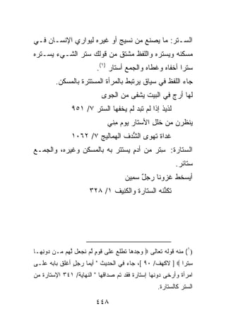 ‫ﺍﻟ ‪‬ـﺘﺭ: ﻤﺎ ﻴﺼﻨﻊ ﻤﻥ ﻨﺴﻴﺞ ﺃﻭ ﻏﻴﺭﻩ ﻟﻴﻭﺍﺭﻱ ﺍﻹﻨﺴـﺎﻥ ﻓـﻲ‬
                                            ‫ﺴ ﹾ‪‬‬
‫ﻤﺴﻜﻨﻪ ﻭﻴﺴﺘﺭﻩ ﻭﺍﻟﻠﻔﻅ ﻤﺸﺘﻕ ﻤﻥ ﻗﻭﻟﻙ ﺴﺘﺭ ﺍﻟﺸـﻲﺀ ﻴﺴـﺘﺭﻩ‬
                          ‫ﺴﺘ ‪‬ﺍ ﺃﺨﻔﺎﻩ ﻭﻏﻁﺎﻩ ﻭﺍﻟﺠﻤﻊ ﺃﺴﺘﺎﺭ )١(.‬
                                                         ‫ﺭ‬
         ‫ﺠﺎﺀ ﺍﻟﻠﻔﻅ ﻓﻲ ﺴﻴﺎﻕ ﻴﺭﺘﺒﻁ ﺒﺎﻟﻤﺭﺃﺓ ﺍﻟﻤﺴﺘﺘﺭﺓ ﺒﺎﻟﻤﺴﻜﻥ.‬
                            ‫ﻟﻬﺎ ﺃﺭﺝ ﻓﻲ ﺍﻟﺒﻴ‪‬ﺕ ‪‬ﺸﻔﻰ ﻤﻥ ﺍﻟﺠﻭﻯ‬
                                        ‫ﻴ‬           ‫‪‬‬
               ‫ﻟﺫﻴﺫ ﺇﺫﺍ ﻟﻡ ﺘﺒﺩ ﻟﻡ ﻴﺨ ﹶﻬﺎ ﺍﻟ ‪‬ﺘﺭ ٧/ ١٥٩‬
                      ‫ﹶ ‪   ‬ﹾﻔ ﺴ ﹾ ‪‬‬            ‫ﹲ‬
                               ‫ﻴ ﹸﻅﺭﻥ ﻤﻥ ﺨﻠ ِ ﺍﻷﺴ‪‬ﺘﺎﺭ ﻴﻭﻡ ِﻨﻲ‬
                               ‫‪‬ﻤ ‪‬‬            ‫ﹶ ﹶل‬    ‫ﻨ ‪‬‬
               ‫ﻏﺩﺍﺓ ﺘﻬﻭ‪‬ﻯ ﺍﻟ ﱡﺩﻑ ﺍﻟﻬﻤﺎﻟﻴﺞ ٧/ ٢٦٠١‬
                       ‫‪‬‬        ‫ﺸ‪ ‬ﹸ‬         ‫ﹶ‬
‫ﺍﻟ ‪ ‬ﹶﺎﺭﺓ: ﺴﺘﺭ ﻤﻥ ﺃﺩﻡ ﻴﺴﺘﺘﺭ ﺒﻪ ﺒﺎﻟﻤﺴﻜﻥ ﻭﻏﻴﺭﻩ، ﻭﺍﻟﺠﻤـﻊ‬
                                ‫‪ٍ‬‬     ‫ﺴﺘ ﹸ ِ ﹾ ‪‬‬
                                                            ‫ﺴﺘﺎﺌﺭ.‬
                                      ‫ﺃﻴﺴﺨﻁ ﻏﺯ ‪‬ﻨﺎ ﺭﺠل ﺴ ِﻴﻥ‬
                                      ‫‪  ‬ﹶ ﹸ ﻭ ‪ ٌ  ‬ﻤ ‪‬‬
                       ‫ﹸﻜ ﱢﻨﻪ ﺍﻟ ‪‬ﺘﺎﺭﺓ ﻭﺍﻟﻜ ِﻴﻑ ١/ ٨٢٣‬
                              ‫ﻨ ﹸ‬      ‫ﺘ ﻨﹸ ‪ ‬ﺴ ﹸ‬




‫)١( ﻤﻨﻪ ﻗﻭﻟﻪ ﺘﻌﺎﻟﻰ ‪ ‬ﻭﺠﺩ ‪‬ﺎ ﺘﻁﹸﻊ ﻋﹶﻰ ﻗﻭ ٍ ﻟﻡ ﻨﺠ ‪‬ل ﻟ ‪‬ﻡ ‪‬ـﻥ ‪‬ﻭﻨ ‪‬ـﺎ‬
  ‫‪  ‬ﻫ ﹶ ﹾﻠ ‪ ‬ﻠ ﹶ ‪‬ﻡ ﱠ ‪ ‬ﹶ ‪‬ﻌ ﱠﻬ ﻤ ﺩ ِﻬ‬
‫ﺴﺘ ‪‬ﺍ ‪ ] ‬ﻻﻜﻬﻑ/ ٠٩ [، ﺠﺎﺀ ﻓﻲ ﺍﻟﺤﺩﻴﺙ " ﺃ ‪‬ﻤﺎ ﺭﺠل ﺃﻏﻠﻕ ﺒﺎﺒﻪ ﻋﻠـﻰ‬
               ‫ٍ‬     ‫ﻴ‬                                    ‫ِ ﹾﺭ‬
‫ﺍﻤﺭﺃﺓ ﻭﺃﺭﺨﻰ ﺩﻭﻨﻬﺎ ﺇﺴﺘﺎﺭﺓ ﻓﻘﺩ ﺘﻡ ﺼﺩﺍﻗﻬﺎ " ﺍﻟﻨﻬﺎﻴﺔ/ ١٤٣ ﺍﻹﺴﺘﺎﺭﺓ ﻤﻥ‬
                                                    ‫ﺍﻟﺴﺘﺭ ﻜﺎﻟ ‪‬ﺘﺎﺭﺓ.‬
                                                         ‫ﺴ‬

                          ‫٨٤٤‬
 