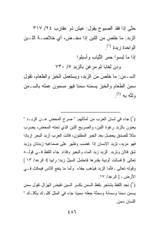 ‫ﺤ ﱠﻰ ﺇﺫﺍ ﻓﻘﺩ ﺍﻟﺼ ‪‬ﻭﺡ ﻴﻘﻭل: ﻋﻴﺵ ﺫﻭ ﻋﻘﺎﺭﺏ ٤٢/ ٧١٣‬
              ‫‪‬‬        ‫ﹲ‬         ‫‪‬ﺒ ‪‬‬             ‫ﺘ‬
‫ﺍﻟ ‪‬ﺒﺩ: ﻤﺎ ﺨﻠ ‪ ‬ﻤﻥ ﺍﻟﻠﺒﻥ ﺇﺫﺍ ﻤ ِـ ‪ ،‬ﺃﻱ ﺨﻼﺼـﺔ ﺍﻟﻠـﺒﻥ‬
                 ‫‪‬ﺨ ﺽ‬                ‫ﹶﹸﺹ‬      ‫ﺯ‪‬‬
                                                    ‫ﺍﻟﻭﺍﺤﺩﺓ ﺯﺒ‪‬ﺩﺓ )١(.‬
                                                         ‫‪ ‬ﹲ‬
                                  ‫ﺇﺫﺍ ﻤﺎ ﻟﺒ ‪‬ﻭﺍ ﺤﻤﺭ ﺍﻟ ﱢﻴﺎﺏ ﻭﺃﺴﺒﹸﻭﺍ‬
                                    ‫‪ ‬ﻠ‬     ‫‪‬ﺴ ‪   ‬ﺜ‬
                    ‫ﻭﺩﻥ ِﻐﺎﺒﺎ ﺜ ‪ ‬ﻤﺭﻏﻥ ﺒﺎﻟﺯﺒﺩ ٥/ ٠٣٧‬
                           ‫‪   ‬ﻟ ﹸﻡ ‪  ‬ﹾ ‪ِ   ‬‬
‫ﺍﻟ ‪‬ـﻤﻥ: ﻤﺎ ﺨﻠﺹ ﻤﻥ ﺍﻟﺯﺒ‪‬ﺩ، ﻭﻴﺴﺘﻌﻤل ﺍﻟﺨﺒﺯ ﻭﺍﻟﻁﻌﺎﻡ، ﺘﻘﻭل‬
                                ‫‪‬‬              ‫ﺴ ‪‬‬
‫ﺴﻤﻥ ﺍﻟﻁﻌﺎﻡ ﻭﺍﻟﺨﺒﺯ ﻴﺴ‪‬ﻤ ﹸﻪ ﺴﻤﻨﺎ ﻓﻬﻭ ﻤﺴﻤﻭﻥ ﻋﻤﻠﻪ ﺒﺎﻟ ‪‬ـﻤ‪‬ﻥ‬
    ‫ﺴ‬                         ‫ﻨ‪‬‬
                                                          ‫ﻭﻟ ﱠﻪ ﺒﻪ )٢(.‬
                                                                   ‫ﺘ‬


‫)١( ﺠﺎﺀ ﻓﻲ ﻟﺴﺎﻥ ﺍﻟﻌﺭﺏ ﻤﻥ ﺃﻤﺜﺎﻟﻬﻡ: " ﺼ ‪‬ﺡ ﺍﻟ ‪‬ﺤﺽ ﻋـﻥ ﺍﻟﺯﺒـﺩ "‬
             ‫ﺭ ﻤ ‪‬‬
‫ﻴﻌﻨﻭﻥ ﺒﺎﻟ ‪‬ﺒﺩ ﺭﻏﻭﺓ ﺍﻟﻠﺒﻥ، ﻭﺍﻟﺼﺭﻴﺢ ﺍﻟﻠﺒﻥ ﺍﻟﺫﻱ ﺘﺤﺘﻪ ﺍﻟﻤﺤﺽ، ﻴﻀﺭﺏ‬
                                                  ‫ﺯ‬
‫ﻤﺜﻼ ﻟﻠﺼﺩﻕ ﻴﺤﺼل ﺒﻌﺩ ﺍﻟﺨﺒﺭ ﺍﻟﻤﻅﻨﻭﻥ، ﻗﺎﻟﺕ ﺍﻟﻌﺭﺏ ﺃﺯﺒﺩ ﺍﻟﺒﺤﺭ ﺇﺯﺒﺎ ‪‬ﺍ‬
 ‫ﺩ‬
‫ﻓﻬﻭ ﻤﺯﻴﺩ، ﺘﺯ ‪‬ﺩ ﺍﻹﻨﺴﺎﻥ ﺇﺫﺍ ﻏﻀﺏ ﻭﻅﻬﺭ ﻋﻠﻰ ﺼﻤﺎﻏﻴﻪ ﺯﺒﺩﺘﺎﻥ ﻭﺯ ‪‬ﺩ‬
 ‫ﺒ‬                                           ‫ﻴ‬
‫ﺸﻕ ﻓﻼﻥ ﻭﺘﺯﺒﺩ. ﺍﻟ ‪‬ﺒﺩ ﺯﺒﺩ ﺍﻟﻤﺎﺀ ﻭﺍﻟﺒﻌﻴﺭ ﻭﻗﺫﺍﻩ. ﺠﺎﺀ ﺍﻟﻠﻔﻅ ﻓـﻲ ﻗﻭﻟـﻪ‬
                                               ‫ﺯ‬
‫ﺘﻌﺎﻟﻰ ‪ ‬ﻓ ‪‬ﺎﻟﺕ ﺃﻭ ِ ‪‬ﺔ ﺒﻘﺩﺭ ‪‬ﺎ ﹶﺎﺤﺘ ‪‬ل ﺍﻟ ‪‬ﻴل ﺯﺒ ‪‬ﺍ ‪‬ﺍﺒ ‪‬ﺎ ‪ ‬ﺍﻟﺭﻋﺩ/ ٣١ [‬
               ‫ﹶﺴ ﹶ ﹾ َ ‪‬ﺩﻴ ﹲ ِ ﹶ ‪ِ ‬ﻫ ﻓ ‪ ‬ﹶﻤ َ ﺴ ‪  ُ ‬ﺩ ﺭ ِﻴ‬
‫ﻭﻗﻭﻟﻪ ﺘﻌﺎﻟﻰ ‪ ‬ﻓﺄ ‪‬ﺎ ﺍﻟ ‪‬ﺒﺩ ﻓ ‪‬ﺫ ‪‬ﺏ ﺠ ﹶﺎﺀ ﻭﺃ ‪‬ﺎ ‪‬ﺎ ‪‬ﻨﻔﻊ ﺍﻟ ﱠﺎﺱ ﻓﻴﻤﻜﺙ ِـﻲ‬
  ‫ﹶَﻤ ﺯ ‪  ‬ﹶﻴ ﹾﻫ ‪ ‬ﻔ ‪َ ‬ﻤ ﻤ ﻴ ﹶ ‪ ‬ﻨ ‪ ‬ﹶ ‪  ‬ﹸ ﹸ ﻓ‬
                                               ‫ﺍﻷﺭ ِ ‪ ] ‬ﺍﻟﺭﻋﺩ/ ٧١.‬
                                                              ‫َ ‪‬ﺽ‬
‫)٢( ﻨﺠﺩ ﺍﻟﻠﻔﻅ ﻴﺸﺘﺠﺭ ﺒﻠﻔﻅ ﺍﻟﺴﻤ‪‬ﻥ ﺒﻜﺴﺭ ﺍﻟﺴﻴﻥ ﻨﻘﻴﺽ ﺍﻟﻬﺯﺍل ﺘﻘﻭل ﺴﻤﻥ‬
                                   ‫‪‬‬
‫ﻴﺴﻤﻥ ﺴﻤﻨﺎ ﻭﺴﻤﺎﻨﺔ ﻭﺴﻤ ﱠﺔ ﺠﻌﻠﻪ ﺴﻤﻴﻨﺎ ﺠﺎﺀ ﻓﻲ ﺍﻟﻤﺜل ﻜﻠﺒـﻙ ﻴﺄﻜﻠـﻙ "‬
                                        ‫ﻨ‬
                                                           ‫ﺍﻟﻠﺴﺎﻥ ﺴﻤﻥ.‬

                            ‫٦٨٤‬
 