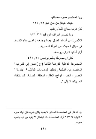 ‫ﺭ ‪‬ﺎ ﺍﻟﻤﻌﺎﺼﻡ ﻤﻤﹸﻭﺀ ﻤﺨﻠﺨﹸﻬﺎ‬
                                  ‫ﻠ‬     ‫ﻠ ‪‬‬            ‫ﻴ‬
                ‫ﻏﻴﺩﺍﺀ ﻫﻴ‪‬ﻜﻠﺔ ﻤﻥ ﺒﺩﻥ ِﻴﺩ ٥١/ ٦٢٩‬
                        ‫‪ ٍ ‬ﻏ ِ‬   ‫ٍ‬
                               ‫ﻜﺄﻥ ﺫﻭﺏ ‪‬ﺠﺎﺝ ﺍﻟﻨﺤ‪‬ل ﺭﻴﻘ ﹸﻬﺎ‬
                                 ‫ﺘ‬        ‫ﱠ‬      ‫‪  ‬ﻤ‬
              ‫ﻭﻤﺎ ﺘﻀﻤﻥ ﺃﺠﻭﺍﻑ ﺍﻟ ‪‬ﻭﺍﻗﻴﺩ ٦١/ ٦٢٩‬
                      ‫ﹶ ﺭ ِ‬           ‫‪‬‬
‫ﺍﻟ ﱠﺼﻲ: ﻤﻥ ﺃﺴﻤﺎﺀ ﺍﻟﻌﺴل ﺃﻴ ‪‬ﺎ ﻭﺠﻤﻌﻪ ﻟﻭﺍﺹ. ﺠﺎﺀ ﺍﻟﻠﻔـﻅ‬
            ‫ٍ‬           ‫ﻀ‬                      ‫ﻸ‬
                      ‫ﻓﻲ ﺴﻴﺎﻕ ﺍﻟﺤﺩﻴﺙ ﻋﻥ ﺍﻟﻤﺭﺃﺓ ﺍﻟﻤﺤﺒﻭﺒﺔ.‬
                                   ‫ﺃﻴﺎﻡ ﺃﺴﺄﻟﻬﺎ ﺍﻟﻨﻭﺍل ﻭﻭﻋ ‪‬ﻫﺎ‬
                                     ‫ﺩ‬
            ‫ﻜﺎﻟ ‪‬ﺍﺡ ﻤﺨﻠﻭﻁﺎ ﺒﻁﻌﻡ ﻟﻭﺍﺼﻲ ١٢/ ١٩٤‬
                                        ‫ﺭ‬
‫ﺍﻟﻤﺠﻤﻭﻋﺔ ﺍﻟﺩﻻﻟﻴﺔ ﺍﻟﻔﺭﻋﻴﺔ ﺍﻟﺜﺎﻟﺜﺔ ) ﺝ ( ﺘﺸﻴﺭ ﺇﻟﻰ ﺍﻟﺸﺭﺍﺏ "‬
‫ﺍﻟﻤﻌﺘﺼﺭ ﻤﻥ ﺍﻟﻔﺎﻜﻬﺔ ﻭﺘﻤﺜﻠﻬﺎ ﺍﻟﻭﺤـﺩﺍﺕ ﺍﻟﺩﻻﻟﻴـﺔ ﺍﻵﺘﻴـﺔ "‬
‫ﺍﻟﻌﺼﻴﺭ، ﺍﻟﺨﻤﺭ، ﺍﻟﺭﺍﺡ، ﺍﻟﻌﻘﺎﺭ، ﺍﻟﻤﻌﺘﻘﺔ، ﺍﻟﻤﺩﺍﻤﺔ، ﺍﻟﺴـﻼﻓﺔ،‬
                                          ‫ﺍﻟﺼﻬﺒﺎﺀ، ﺍﻟﺒﺎﺒﻠﻲ ".‬




‫‪ ‬ﺃﻨﻪ ﻗﺎل ﻓﻲ ﺍﻟﻤﻀﻤﻀﺔ ﻟﻠﺼﺎﺌﻡ: ﻻ ‪‬ﻤ ‪‬ﻪ ﻭﻟﻜﻥ ﻴﺸﺭﺒﻪ ﻓﺈﻥ ﺃﻭﻟﻪ ﺨﻴﺭﻩ‬
                         ‫ﻴ ﺠ‪‬‬
‫" ﺍﻟﻨﻬﺎﻴﺔ ٤/ ٧٩٢ ﺃﺭﺍﺩ ﺍﻟﻤﻀﻤﻀﺔ ﻋﻨﺩ ﺍﻹﻓﻁﺎﺭ ﻻ ﻴﻠﻘﻴﻪ ﻤﻥ ﻓﻴﻪ ﻓﻴﺫﻫﺏ‬
                                                       ‫ﺨﻠﻭﻓﻪ.‬

                       ‫٢٩٤‬
 