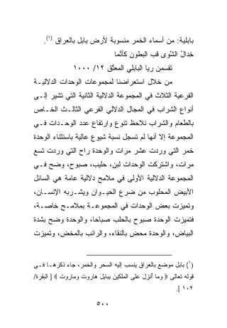 ‫ﺒﺎﺒﻠﻴﺔ: ﻤﻥ ﺃﺴﻤﺎﺀ ﺍﻟﺨﻤﺭ ﻤﻨﺴﻭﺒﺔ ﻷﺭﺽ ﺒﺎﺒل ﺒﺎﻟﻌﺭﺍﻕ )١(.‬
                                                 ‫‪‬ﹲ‬
                                    ‫ﺨ ‪‬ﺍل ﺍﻟ ﱠﻭﻯ ﻗﺏ ﺍﻟﺒﻁﻭﻥ ﻜﺄ ﱠﻤﺎ‬
                                      ‫ﻨ‬           ‫‪‬‬    ‫ِﺩ ُ ﺸ‬
                 ‫ﺘﻘﺴﻤﻥ ﺭ ‪‬ﺎ ﺍﻟﺒﺎﺒﻠﻲ ﺍﻟﻤﻌ ﱠﻕ ٢١/ ٠٠٠١‬
                           ‫ﺘ‬      ‫‪‬‬        ‫‪  ‬ﻴ‬
‫ﻤﻥ ﺨﻼل ﺍﺴﺘﻌﺭﺍﻀﻨﺎ ﻟﻤﺠﻤﻭﻋﺎﺕ ﺍﻟﻭﺤﺩﺍﺕ ﺍﻟﺩﻻﻟﻴـﺔ‬
‫ﺍﻟﻔﺭﻋﻴﺔ ﺍﻟﺜﻼﺙ ﻓﻲ ﺍﻟﻤﺠﻤﻭﻋﺔ ﺍﻟﺩﻻﻟﻴﺔ ﺍﻟﺜﺎﻨﻴﺔ ﺍﻟﺘﻲ ﺘﺸﻴﺭ ﺇﻟـﻰ‬
‫ﺃﻨﻭﺍﻉ ﺍﻟﺸﺭﺍﺏ ﻓﻲ ﺍﻟﻤﺠﺎل ﺍﻟﺩﻻﻟﻲ ﺍﻟﻔﺭﻋﻲ ﺍﻟﺜﺎﻟـﺙ ﺍﻟﺨـﺎﺹ‬
‫ﺒﺎﻟﻁﻌﺎﻡ ﻭﺍﻟﺸﺭﺍﺏ ﻨﻼﺤﻅ ﺘﻨﻭﻉ ﻭﺍﺭﺘﻔﺎﻉ ﻋﺩﺩ ﺍﻟﻭﺤـﺩﺍﺕ ﻓـﻲ‬
‫ﺍﻟﻤﺠﻤﻭﻋﺔ ﺇﻻ ﺃﻨﻬﺎ ﻟﻡ ﺘﺴﺠل ﻨﺴﺒﺔ ﺸﻴﻭﻉ ﻋﺎﻟﻴﺔ ﺒﺎﺴﺘﺜﻨﺎﺀ ﺍﻟﻭﺤﺩﺓ‬
‫ﺨﻤﺭ ﺍﻟﺘﻲ ﻭﺭﺩﺕ ﻋﺸﺭ ﻤﺭﺍﺕ ﻭﺍﻟﻭﺤﺩﺓ ﺭﺍﺡ ﺍﻟﺘﻲ ﻭﺭﺩﺕ ﺘﺴﻊ‬
‫ﻤﺭﺍﺕ، ﻭﺍﺸﺘﺭﻜﺕ ﺍﻟﻭﺤﺩﺍﺕ ﻟﺒﻥ، ﺤﻠﻴﺏ، ﺼﺒﻭﺡ، ﻭﻀﺢ ﻓـﻲ‬
‫ﺍﻟﻤﺠﻤﻭﻋﺔ ﺍﻟﺩﻻﻟﻴﺔ ﺍﻷﻭﻟﻰ ﻓﻲ ﻤﻼﻤﺢ ﺩﻻﻟﻴﺔ ﻋﺎﻤﺔ ﻫﻲ ﺍﻟﺴﺎﺌل‬
‫ﺍﻷﺒﻴﺽ ﺍﻟﻤﺤﻠﻭﺏ ﻤﻥ ﻀﺭﻉ ﺍﻟﺤﻴـﻭﺍﻥ ﻭﻴﺸـﺭﺒﻪ ﺍﻹﻨﺴـﺎﻥ،‬
‫ﻭﺘﻤﻴﺯﺕ ﺒﻌﺽ ﺍﻟﻭﺤﺩﺍﺕ ﻓﻲ ﺍﻟﻤﺠﻤﻭﻋـﺔ ﺒﻤﻼﻤـﺢ ﺨﺎﺼـﺔ،‬
‫ﻓﺘﻤﻴﺯﺕ ﺍﻟﻭﺤﺩﺓ ﺼﺒﻭﺡ ﺒﺎﻟﺤﻠﺏ ﺼﺒﺎﺤﺎ، ﻭﺍﻟﻭﺤﺩﺓ ﻭﻀﺢ ﺒﺸﺩﺓ‬
‫ﺍﻟﺒﻴﺎﺽ، ﻭﺍﻟﻭﺤﺩﺓ ﻤﺤﺽ ﺒﺎﻟﻨﻘﺎﺀ، ﻭﺍﻟﺭﺍﺌﺏ ﺒﺎﻟﻤﺨﺽ، ﻭﺘﻤﻴﺯﺕ‬


‫)١( ﺒﺎﺒل ﻤﻭﻀﻊ ﺒﺎﻟﻌﺭﺍﻕ ﻴﻨﺴﺏ ﺇﻟﻴﻪ ﺍﻟ ‪‬ﺤﺭ ﻭﺍﻟﺨﻤﺭ، ﺠﺎﺀ ﺫﻜﺭﻫـﺎ ﻓـﻲ‬
                         ‫ﺴ‬
‫ﻗﻭﻟﻪ ﺘﻌﺎﻟﻰ ‪ ‬ﻭ ‪‬ﺎ ﺃﻨ ِل ﻋﹶﻰ ﺍﻟ ‪‬ﻠﻜﻴ ِ ﺒ ‪‬ﺎ ِل ‪‬ﺎ ‪‬ﻭﺕ ‪ ‬ﺎ ‪‬ﻭﺕ ‪ ] ‬ﺍﻟﺒﻘﺭﺓ/‬
            ‫‪‬ﻤ ُ ﹾﺯ َ ‪‬ﻠ ﹾﻤﹶ ﹶ ‪‬ﻥ ِﺒ ﺒ َ ﻫ ﺭ ﹶ ﻭﻤ ﺭ ﹶ‬
                                                                 ‫٢٠١ [.‬

                            ‫٠٠٥‬
 