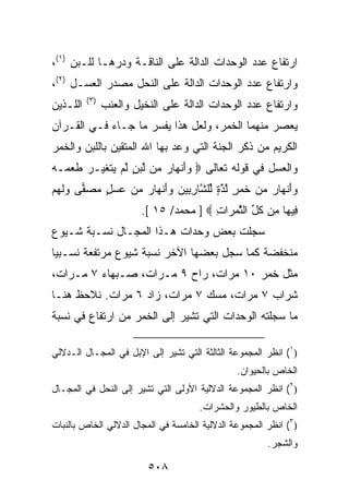 ‫ﺍﺭﺘﻔﺎﻉ ﻋﺩﺩ ﺍﻟﻭﺤﺩﺍﺕ ﺍﻟﺩﺍﻟﺔ ﻋﻠﻰ ﺍﻟﻨﺎﻗـﺔ ﻭﺩﺭﻫـﺎ ﻟﻠـﺒﻥ )١(،‬
‫ﻭﺍﺭﺘﻔﺎﻉ ﻋﺩﺩ ﺍﻟﻭﺤﺩﺍﺕ ﺍﻟﺩﺍﻟﺔ ﻋﻠﻰ ﺍﻟﻨﺤل ﻤﺼﺩﺭ ﺍﻟﻌﺴـل )٢(،‬
          ‫)٣(‬
‫ﺍﻟﻠـﺫﻴﻥ‬         ‫ﻭﺍﺭﺘﻔﺎﻉ ﻋﺩﺩ ﺍﻟﻭﺤﺩﺍﺕ ﺍﻟﺩﺍﻟﺔ ﻋﻠﻰ ﺍﻟﻨﺨﻴل ﻭﺍﻟﻌﻨﺏ‬
‫ﻴﻌﺼﺭ ﻤﻨﻬﻤﺎ ﺍﻟﺨﻤﺭ، ﻭﻟﻌل ﻫﺫﺍ ﻴﻔﺴﺭ ﻤﺎ ﺠـﺎﺀ ﻓـﻲ ﺍﻟﻘـﺭﺁﻥ‬
‫ﺍﻟﻜﺭﻴﻡ ﻤﻥ ﺫﻜﺭ ﺍﻟﺠﻨﺔ ﺍﻟﺘﻲ ﻭﻋﺩ ﺒﻬﺎ ﺍﷲ ﺍﻟﻤﺘﻘﻴﻥ ﺒﺎﻟﻠﺒﻥ ﻭﺍﻟﺨﻤﺭ‬
‫ﻭﺍﻟﻌﺴل ﻓﻲ ﻗﻭﻟﻪ ﺘﻌﺎﻟﻰ ‪ ‬ﻭﺃﻨ ‪‬ﺎﺭ ‪‬ﻥ ﻟﺒﻥ ﻟﻡ ﻴﺘﻐ ‪‬ـﺭ ﻁﻌ ‪‬ـﻪ‬
‫‪ َ ‬ﹾﻬ ‪ ‬ﻤ ﱠ ‪ ٍ ‬ﱠ ‪  ‬ﹶ ﹶﻴ ‪ ‬ﹶ ‪‬ﻤ ‪‬‬
‫ﻭﺃﻨ ‪‬ﺎﺭ ﻤﻥ ﺨﻤ ٍ ﻟﺫﺓ ﱢﻠ ﱠﺎﺭ ِﻴﻥ ﻭﺃﻨ ‪‬ﺎﺭ ﻤﻥ ﻋﺴل ﻤﺼ ‪‬ﻰ ﻭﻟﻬﻡ‬
‫‪ َ‬ﹾﻬ ‪   ‬ﹶ ‪‬ﺭ ﱠ ﱠ ٍ ﻟ ﺸ ِﺒ ‪ َ ‬ﹾﻬ ‪  ٍ     ‬ﻔ ‪‬ﹶ ‪ ‬‬
                         ‫ِﻴ ‪‬ﺎ ِﻥ ﻜ ﱢ ﺍﻟﺜﻤ ‪‬ﺍﺕ ‪ ] ‬ﻤﺤﻤﺩ/ ٥١ [.‬
                                         ‫ﻓ ﻬ ﻤ ﹸل ﱠ ‪‬ﺭ ِ‬
‫ﺴﺠﻠﺕ ﺒﻌﺽ ﻭﺤﺩﺍﺕ ﻫـﺫﺍ ﺍﻟﻤﺠـﺎل ﻨﺴـﺒﺔ ﺸـﻴﻭﻉ‬
‫ﻤﻨﺨﻔﻀﺔ ﻜﻤﺎ ﺴﺠل ﺒﻌﻀﻬﺎ ﺍﻵﺨﺭ ﻨﺴﺒﺔ ﺸﻴﻭﻉ ﻤﺭﺘﻔﻌﺔ ﻨﺴـﺒﻴﺎ‬
‫ﻤﺜل ﺨﻤﺭ ٠١ ﻤﺭﺍﺕ، ﺭﺍﺡ ٩ ﻤـﺭﺍﺕ، ﺼـﺒﻬﺎﺀ ٧ ﻤـﺭﺍﺕ،‬
‫ﺸﺭﺍﺏ ٧ ﻤﺭﺍﺕ، ﻤﺴﻙ ٧ ﻤﺭﺍﺕ، ﺯﺍﺩ ٦ ﻤﺭﺍﺕ. ﻨﻼﺤﻅ ﻫﻨـﺎ‬
‫ﻤﺎ ﺴﺠﻠﺘﻪ ﺍﻟﻭﺤﺩﺍﺕ ﺍﻟﺘﻲ ﺘﺸﻴﺭ ﺇﻟﻰ ﺍﻟﺨﻤﺭ ﻤﻥ ﺍﺭﺘﻔﺎﻉ ﻓﻲ ﻨﺴﺒﺔ‬

‫)١( ﺍﻨﻅﺭ ﺍﻟﻤﺠﻤﻭﻋﺔ ﺍﻟﺜﺎﻟﺜﺔ ﺍﻟﺘﻲ ﺘﺸﻴﺭ ﺇﻟﻰ ﺍﻹﺒل ﻓﻲ ﺍﻟﻤﺠـﺎل ﺍﻟـﺩﻻﻟﻲ‬
                                                ‫ﺍﻟﺨﺎﺹ ﺒﺎﻟﺤﻴﻭﺍﻥ.‬
‫)٢( ﺍﻨﻅﺭ ﺍﻟﻤﺠﻤﻭﻋﺔ ﺍﻟﺩﻻﻟﻴﺔ ﺍﻷﻭﻟﻰ ﺍﻟﺘﻲ ﺘﺸﻴﺭ ﺇﻟﻰ ﺍﻟﻨﺤل ﻓﻲ ﺍﻟﻤﺠـﺎل‬
                                      ‫ﺍﻟﺨﺎﺹ ﺒﺎﻟﻁﻴﻭﺭ ﻭﺍﻟﺤﺸﺭﺍﺕ.‬
‫)٣( ﺍﻨﻅﺭ ﺍﻟﻤﺠﻤﻭﻋﺔ ﺍﻟﺩﻻﻟﻴﺔ ﺍﻟﺨﺎﻤﺴﺔ ﻓﻲ ﺍﻟﻤﺠﺎل ﺍﻟﺩﻻﻟﻲ ﺍﻟﺨﺎﺹ ﺒﺎﻟﻨﺒﺎﺕ‬
                                                        ‫ﻭﺍﻟﺸﺠﺭ.‬

                          ‫٨٠٥‬
 