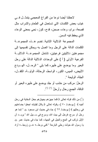 ‫ﻻﺤﻅﻨﺎ ﺃﻴ ‪‬ﺎ ﻨﻭﻋﺎ ﻤﻥ ﺍﻟﻔﺭﺍﻍ ﺍﻟﻤﻌﺠﻤﻲ ﻴﺘﻤﺜـل ﻓـﻲ‬
                                   ‫ﻀ‬
‫ﻏﻴﺎﺏ ﺒﻌﺽ ﺍﻟﻜﻠﻤﺎﺕ ﺍﻟﺘﻲ ﺘﺴﺘﻌﻤل ﻓﻲ ﺍﻟﻁﻌﺎﻡ ﻭﺍﻟﺸﺭﺍﺏ ﻤﺜل‬
‫ﻗﺼﻌﺔ، ﺒﺭﺍﻡ، ﻭﻋﺎﺀ، ﺼﺤﻥ، ﻗﺩﺡ، ﻜﻭﺯ، ﻨ ‪‬ﻰ ﺒﻤﻌﻨﻰ ﺍﻟﻭﻋﺎﺀ‬
              ‫ِﺤ‬
                                             ‫ﺍﻟﺫﻱ ﻴﺤﻔﻅ ﻓﻴﻪ ﺍﻟﺴﻤﻥ.‬
‫ﺍﻟﻤﺠﻤﻭﻋﺔ ﺍﻟﺩﻻﻟﻴﺔ ﺍﻟﺜﺎﻨﻴﺔ: ﺘﻀﻡ ﻫـﺫﻩ ﺍﻟﻤﺠﻤﻭﻋـﺔ‬
‫ﺍﻟﻜﻠﻤﺎﺕ ﺍﻟﺩﺍﻟﺔ ﻋﻠﻰ ﺍﻟﺭﺠل ﻭﻤﺎ ﺍﺘﺼل ﺒﻪ ﻭﻴﻤﻜﻥ ﺘﻘﺴﻴﻤﻬﺎ ﺇﻟﻰ‬
‫ﻤﺠﻤﻭﻋﺘﻴﻥ ﺩﻻﻟﻴﺘﻴﻥ ﻓﺭﻋﻴﺘﻴﻥ، ﺘﺸﺘﻤل ﺍﻟﻤﺠﻤﻭﻋـﺔ ﺍﻟﺩﻻﻟﻴـﺔ‬
‫ﺍﻟﻔﺭﻋﻴﺔ ﺍﻷﻭﻟﻰ ) ﺃ ( ﻋﻠﻰ ﺍﻟﻭﺤﺩﺍﺕ ﺍﻟﺩﻻﻟﻴﺔ ﺍﻟﺩﺍﻟﺔ ﻋﻠﻰ ﺭﺤل‬
‫ﺍﻟﺒﻌﻴﺭ ﻭﻤﺎ ﻴﻭﻀﻊ ﻋﻠﻰ ﻅﻬﺭﻩ ﻜﻤﺎ ﻴﻠﻲ " ﺍﻟﺭﺤـل، ﺍﻟﻬـﻭﺩﺝ‬
‫ﺍﻷﺒﻴﺽ، ﺍﻟﻤﻴﺱ، ﺍﻟﻜﻭﺭ، ﺍﻟﻭﺍﺴﻁ، ﺍﻟﺭﺤﺎﻟﺔ، ﺍﻟﻭﻟﻴـﺔ، ﺍﻟﻜﻔـل،‬
                                                  ‫ﺍﻟ ‪‬ﻠﺔ، ﺍﻟﻭﻟﻴﺤﺔ ".‬
                                                                ‫ﺠ‬
‫ﺍﻟﺭﺤل: ﻤﺭﻜﺏ ﻤﻥ ﺨﺸﺏ ﺃﻭ ﺠﻠﺩ ﻴﻭﻀﻊ ﻋﻠﻰ ﻅﻬﺭﻩ ﺍﻟﺒﻌﻴﺭ ﺃﻭ‬
                                            ‫‪ُ ‬‬
                            ‫)١(.‬   ‫)١(‬
                                         ‫ﺍﻟﻨﺎﻗﺔ، ﺍﻟﺠﻤﻊ ﺭﺤﺎل ﻭﺃﺭﺤل‬
                                         ‫‪ٌ ‬‬

‫)١( ﻤﻥ ﺫﻟﻙ ﻗﻭﻟﻪ ﺘﻌﺎﻟﻰ ‪ ‬ﻓﻠ ‪‬ﺎ ﺠﻬﺯﻫﻡ ﺒﺠ ‪‬ﺎﺯﻫﻡ ‪ ‬ل ﺍﻟﺴ ﹶﺎ ‪‬ﺔ ِﻲ ﺭﺤل‬
‫ﹶﹶﻤ ‪ ِ     ‬ﻬ ِ ِ ‪ ‬ﺠﻌ َ ‪‬ﻘ ﻴ ﹶ ﻓ ‪ِ  ‬‬
‫ﺃ ِﻴﻪ ‪ ] ‬ﻴﻭﺴﻑ/ ٠٧ [، ﻭﻗﻭﻟﻪ ﺘﻌﺎﻟﻰ ‪ ‬ﻭ ﹶﺎل ﻟﻔﺘ ‪‬ﺎﻨﻪ ﺍﺠﻌﹸﻭﺍ ﺒ ‪‬ﺎﻋﺘﻬﻡ‬
‫‪‬ﻗ َ ِ ِ ﹾﻴ ِ ِ ‪ ‬ﻠ ِﻀ ‪ ‬ﹶ ‪ ‬‬                              ‫َﺨ ِ‬
‫ِﻲ ﺭ ‪‬ﺎﻟﻬﻡ ‪ ] ‬ﻴﻭﺴﻑ/ ٢٦ [، ﺠﺎﺀ ﻓﻲ ﺤﺩﻴﺙ ﺍﺒﻥ ﻤﺴﻌﻭﺩ ‪ " ‬ﺇﻨﻤﺎ ﻫﻭ‬
                                                  ‫ﻓ ِﺤ ِ ِ ‪‬‬
‫ﺭﺤ‪‬ل ﺃﻭ ﺴﺭ‪‬ﺝ، ﻓﺭﺤل ﺇﻟﻰ ﺒﻴﺕ ﺍﷲ، ﻭﺴﺭﺝ ﻓﻲ ﺴـﺒﻴل ﺍﷲ " ﻴﺭﻴـﺩ ﺃﻥ‬
                                                 ‫‪‬‬       ‫‪‬‬
‫ﺍﻹﺒل ﺘﺭﻜﺏ ﻓﻲ ﺍﻟﺤﺞ ﻭﺍﻟﺨﻴل ﻓﻲ ﺍﻟﺠﻬﺎﺩ، ﻜﻤﺎ ﺠﺎﺀ ﻓﻲ ﺤﺩﻴﺙ ﻋﻤﺭ ‪‬‬
‫ﻴﺎ ﺭﺴﻭل ﺍﷲ ﺤﻭﻟﺕ ﺭﺤﻠﻲ ﺍﻟﺒﺎﺭﺤﺔ " ﻜﻨﻲ ﺒﺭﺤﻠـﻪ ﻋـﻥ ﺯﻭﺠﺘـﻪ ﺃﺭﺍﺩ‬

                         ‫٥٣٥‬
 