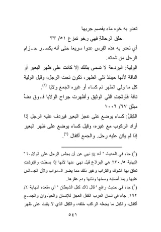 ‫ﺘﻌﺩﻭ ﺒﻪ ﺨﻭ‪‬ﻩ ﻤﺎﺀ ﻴﻔﺼﻡ ﺠﺭ ‪‬ﻬﺎ‬
                                  ‫‪  ‬ﹾ ِ ‪  ‬ﻴ‬
              ‫ﺤﻠﻕ ﺍﻟ ‪‬ﺤﺎﻟﺔ ﻓﻬﻲ ِﺨﻭ ﺘﻤﺯﻉ ١٥/ ٣٣‬
                     ‫ﺭ ‪ ‬‬       ‫ﹶ ﺭ ِ‬
‫ﺃﻱ ﺘﻌﺩﻭ ﺒﻪ ﻫﺫﻩ ﺍﻟﻔﺭﺱ ﻋﺩﻭﺍ ﺴﺭﻴﻌﺎ ﺤﺘﻰ ﺃﻨﻪ ﻴﻜﺴـﺭ ﺤـﺯﺍﻡ‬
                                              ‫ﺍﻟﺭﺤل ﻤﻥ ﺸﺩﺘﻪ.‬
‫ﺍﻟﻭﻟﻴﺔ: ﺍﻟﺒﺭﺩ ‪‬ﺔ ﻻ ﺘﺴﻤﻰ ﺒﺫﻟﻙ ﺇﻻ ﻜﺎﻨﺕ ﻋﻠﻰ ﻅﻬﺭ ﺍﻟﺒﻌﻴﺭ ﺃﻭ‬
                                       ‫‪  ِ ‬ﹸ ‪  ‬ﻋ‬
‫ﺍﻟﻨﺎﻗﺔ ﻷﻨﻬﺎ ﺤﻴﻨﺌﺫ ﺘﻠﻲ ﺍﻟﻅﻬﺭ، ﺘﻜﻭﻥ ﺘﺤﺕ ﺍﻟﺭﺠل، ﻭﻗﻴل ﺍﻟ ‪‬ﻟ ‪‬ﺔ‬
 ‫ﻭﻴ‬
         ‫ﻜل ﻤﺎ ﻭﻟﻲ ﺍﻟﻅﻬﺭ ﻨﻡ ﻜﺴﺎﺀ ﺃﻭ ﻏﻴﺭﻩ ﺍﻟﺠﻤﻊ ﻭﻻﻴﺎ )١(.‬
‫ﻨﺎﻗﺔ ﻓﺄﻭﺜﺠﺕ ﺍﻟﻨﻲ ﺍﻟﻭﺜﻴﻕ ﻭﺃﻅﻬﺭﺕ ِﺭﺍﺡ ﺍﻟﻭﻻﻴﺎ ﻓـﻭﻕ ﺩﻑ‬
‫ﹶ ﱟ‬            ‫ﺠ ‪‬‬         ‫ﹶ‬      ‫‪ ِ ‬ﱠ‪‬‬
                                             ‫ﻤﺒﻠﻕ ٧٦/ ٦٠٠١‬
                                                      ‫‪ ‬ﱠ ِ‬
‫ﺍﻟﻜﻔل: ﻜﺴﺎﺀ ﻴﻭﻀﻊ ﻋﻠﻰ ﻋﺠﺯ ﺍﻟﺒﻌﻴﺭ ﹸﻴﺭ ‪‬ﻑ ﻋﻠﻴﻪ ﺍﻟﺭﺠل ﺇﺫﺍ‬
                ‫ﻓ ﺩ‬                             ‫ِﹾ ُ‬
‫ﺃﺭﺍﺩ ﺍﻟﺭﻜﻭﺏ ﻤﻊ ﻏﻴﺭﻩ، ﻭﻗﻴل ﻜﺴﺎﺀ ﻴﻭﻀﻊ ﻋﻠﻰ ﻅﻬﺭ ﺍﻟﺒﻌﻴﺭ‬
                     ‫ﺇﺫﺍ ﻟﻡ ﻴﻜﻥ ﻋﻠﻴﻪ ﺭﺤ‪‬ل. ﻭﺍﻟﺠﻤﻊ ﺃﻜﻔﺎل )٢(.‬
                                           ‫‪‬‬


‫)١( ﺠﺎﺀ ﻓﻲ ﺍﻟﺤﺩﻴﺙ " ﺃﻨﻪ ‪ ‬ﻨﻬﻰ ﻋﻥ ﺃﻥ ﻴﺠﻠﺱ ﺍﻟﺭﺠل ﻋﻠﻰ ﺍﻟﻭﻻﻴـﺎ "‬
‫ﺍﻟﻨﻬﺎﻴﺔ ٥/ ٠٣٢ ﻫﻲ ﺍﻟﺒﺭﺍﺫﻉ ﻗﻴل ﻨﻬﻰ ﻋﻨﻬﺎ ﻷﻨﻬﺎ ﺇﺫﺍ ﺒﺴﻁﺕ ﻭﺍﻓﺘﺭﺸﺕ‬
‫ﺘﻌﻠﻕ ﺒﻬﺎ ﺍﻟﺸﻭﻙ ﻭﺍﻟﺘﺭﺍﺏ ﻭﻏﻴﺭ ﺫﻟﻙ ﻤﻤﺎ ﻴﻀﺭ ﺍﻟـﺩﻭﺍﺏ ﻭﻷﻥ ﺍﻟﺠـﺎﻟﺱ‬
                    ‫‪‬‬
                       ‫ﻋﻠﻴﻬﺎ ﺭﺒﻤﺎ ﺃﺼﺎﺒﻪ ﻭﺴﺨﻬﺎ ﻭﻨﺘﻨﻬﺎ ﻭﺩﻡ ﻋﻘﺭﻫﺎ.‬
‫)٢( ﺠﺎﺀ ﻓﻲ ﺤﺩﻴﺙ ﺭﺍﻓﻊ " ﻗﺎل ﺫﺍﻙ ﻜﻔل ﺍﻟﺸﻴﻁﺎﻥ " ﺃﻱ ﻤﻘﻌﺩﻩ ﺍﻟﻨﻬﺎﻴﺔ ٤/‬
‫٢٩١. ﺠﺎﺀ ﻓﻲ ﻟﺴﺎﻥ ﺍﻟﻌﺭﺏ ﺍﻟﻜ ﹶل ﺍﻟﻌﺠﺯ ﻟﻺﻨﺴﺎﻥ ﻭﺍﻟﺤﻴـﻭﺍﻥ ﻭﺍﻟﺠﻤـﻊ‬
                         ‫ﹶﻔ ‪  ‬‬
‫ﺃﻜﻔﺎل، ﻭﺍﻟﻜﻔﹾل ﻤﺎ ﻴﺠﻌﻠﻪ ﺍﻟﺭﺍﻜﺏ ﺨﻠﻔﻪ، ﻭﺍﻟﻜﻔﹾل ﺍﻟﺫﻱ ﻻ ﻴﺜﺒﺕ ﻋﻠﻰ ﻅﻬﺭ‬
                       ‫ِ‬                             ‫ِ‬

                         ‫١٤٥‬
 