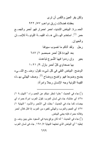 ‫ﻭﻟﻜﻥ ﻴﻘﺭ ﺍﻟﻌﻴﻥ ﻭﺍﻟﻨﻔﺱ ﺃﻥ ﺘﺭﻯ‬
                                     ‫‪ ‬ﱠﹾ ‪‬‬       ‫‪‬‬
             ‫ﺒ ‪‬ﻘﺩﺘﻪ ﻓﻀﻼﺕ ﺯﺭﻕ ﺩﻭﺍﻋﺏ ٧٥/ ٢٢٩‬
                     ‫ٍ‬     ‫ِ ‪ٍ‬‬    ‫ﻌ ِ‬
‫ﺍﻟﺤﻤ‪‬ـ ‪‬ﺓ: ﺍﻟﺒﻴﺎﺽ ﺍﻟﺸﺩﻴﺩ، ﺍﺤﻤﺭ ﺍﺤﻤﺭﺍﺭ ﻓﻬﻭ ﺃﺤﻤﺭ ﻭﺍﻟﺠﻤـﻊ‬
                        ‫‪‬‬                     ‫‪ ‬ﺭ‬
‫ﺤﻤﺭ )١(. ﺍﺴﺘﺨﺩﻡ ﺍﻟﻬـﺫﻟﻲ ﻫـﺫﻩ ﺍﻟﻘﻴﻤـﺔ ﺍﻟﻠﻭﻨﻴـﺔ ﻟﻺﻨﺴـﺎﻥ‬
                                                  ‫‪‬‬
                                                    ‫ﻭﺍﻟﺤﻴﻭﺍﻥ.‬
                          ‫ﻭﻟﻘﺩ ﺃﺘﺎﻜﻡ ﻤﺎ ﺘﺼﻭﺏ ﺴ ‪‬ﻭ ﹸﻨﺎ‬
                            ‫‪ ‬ﻴ ﻓ‬                         ‫ﺭﺠل‬
              ‫ﺒﻌﺩ ﺍﻟﻬﻭﺩﺓ ﻜل ﺃﺤ‪‬ﻤﺭ ﺼﻤﺼﻡ ١/ ٧٨٦‬
                     ‫‪ِِ  ِ ‬‬   ‫ِ ﱠ‬
                      ‫ﻭﺇﻥ ﺭﺩ ‪‬ﻭﺍ ﻓﻴﻬﺎ ﺍﻟ ﱡﺴﻭﻉ ﺘﺒﺎﻋﺩﺕ‬
                      ‫ﹾ‬      ‫ﻨ ‪‬‬            ‫‪ ‬ﺩ‬           ‫ﺒﻌﻴﺭ‬
             ‫ﺒﻬﺎ ‪‬ﻌ ‪‬ﺍﻭﻱ ﻜل ﺃﺤﻤﺭ ﺒﺎﺯل ٩/ ١٢٠١‬
                          ‫ﱢ ‪‬‬       ‫ﺼﺩ‬
‫ﺍﻟﻭﻀﺢ: ﺍﻟﺒﻴﺎﺽ ﺍﻟﻨﻘﻲ ﻓﻲ ﻜل ﺸﻲﺀ، ﺘﻘﻭل: ﻭﻀـﺢ ﺍﻟﺸـﻲﺀ‬
                                           ‫‪ ‬‬
‫ﻴﻀﺢ ﻭﻀﻭ ‪‬ﺎ ﻓﻬﻭ ﻭﺍﻀﺢ ﻭﻭ ‪‬ﺎﺡ )٢(. ﻭﺼﻑ ﺍﻟﻬﺫﻟﻲ ﺒﻬـﺫﻩ‬
                        ‫ﻀ‬              ‫ﺤ‬
                     ‫ﺍﻟﻘﻴﻤﺔ ﺍﻟﻠﻭﻨﻴﺔ ﻭﺠﻪ ﺍﻹﻨﺴﺎﻥ ﺭﺠﻼ ﻭﺍﻤﺭﺃﺓ:‬
                             ‫ﹰ‬


‫)١( ﺠﺎﺀ ﻓﻲ ﺍﻟﺤﺩﻴﺙ " ﺨﺫﻭﺍ ﺸﻁﺭ ﺩﻴﻨﻜﻡ ﻋﻥ ﺍﻟ ‪‬ﻤﻴـﺭﺍﺀ " ﺍﻟﻨﻬﺎﻴـﺔ ١/‬
                    ‫ﺤ‬
‫٨٣٤ ﺃﻱ ﻋﺎﺌﺸﺔ، ﺠﺎﺀ ﻓﻲ ﻟﺴﺎﻥ ﺍﻟﻌﺭﺏ: ﺘﻘﻭل ﺍﻟﻌﺭﺏ ﺍﻤﺭﺃﺓ ﺤﻤﺭﺍﺀ ﺃﻱ‬
‫ﺒﻴﻀﺎﺀ، ﻜﻤﺎ ﺠﺎﺀ ﻓﻲ ﺍﻟﺤﺩﻴﺙ " ﺒﻌﺜﺕ ﺇﻟﻰ ﺍﻷﺤﻤﺭ ﻭﺍﻷﺴﻭﺩ " ﺍﻟﻨﻬﺎﻴﺔ ١/‬
‫٧٣٤ ﺃﻱ ﺍﻟﻌﺠﻡ ﻭﺍﻟﻌﺭﺏ، ﻭﺍﻟﻬﺫﻟﻲ ﻜﻐﻴﺭﻩ ﻤﻥ ﺍﻟﻌﺭﺏ ﺇﺫﺍ ﻗﺎل ﻓﻼﻥ ﺃﺤﻤﺭ‬
                                 ‫ﻭﻓﻼﻨﻪ ﺤﻤﺭﺍﺀ ﻓﺈﻨﻪ ﻴﻌﻨﻲ ﺍﻟﺒﻴﺎﺽ.‬
‫)٢( ﺠﺎﺀ ﻓﻲ ﺍﻟﺤﺩﻴﺙ " ﺃﻨﻪ ﻜﺎﻥ ﻴﺭﻓﻊ ﻴﺩﻴﻪ ﻓﻲ ﺍﻟﺴﺠﻭﺩ ﺤﺘﻰ ‪‬ﺒﻴﻥ ﻭﻀـﺢ‬
‫‪‬‬    ‫ﻴ ‪‬‬
‫ﺇﺒﻁﻴﻪ " ﺃﻱ ﺍﻟﺒﻴﺎﺽ ﺍﻟﺫﻱ ﺘﺤﺘﻬﻤﺎ ﺍﻟﻨﻬﺎﻴﺔ ٥/ ٥٩١. ﺠﺎﺀ ﻓﻲ ﻟﺴﺎﻥ ﺍﻟﻌﺭﺏ‬

                        ‫٩٩٦‬
 