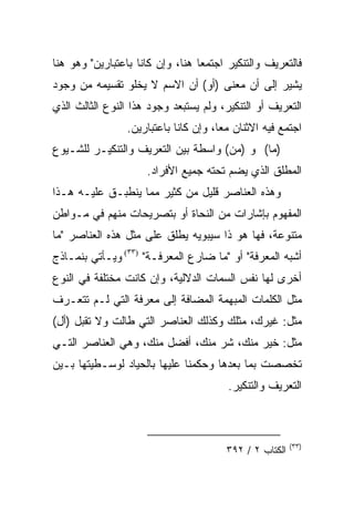 ‫ﻓﺎﻟﺘﻌﺭﻴﻑ ﻭﺍﻟﺘﻨﻜﻴﺭ ﺍﺠﺘﻤﻌﺎ ﻫﻨﺎ، ﻭﺇﻥ ﻜﺎﻨﺎ ﺒﺎﻋﺘﺒﺎﺭﻴﻥ" ﻭﻫﻭ ﻫﻨﺎ‬
‫ﻴﺸﻴﺭ ﺇﻟﻰ ﺃﻥ ﻤﻌﻨﻰ )ﺃﻭ( ﺃﻥ ﺍﻻﺴﻡ ﻻ ﻴﺨﻠﻭ ﺘﻘﺴﻴﻤﻪ ﻤﻥ ﻭﺠﻭﺩ‬
‫ﺍﻟﺘﻌﺭﻴﻑ ﺃﻭ ﺍﻟﺘﻨﻜﻴﺭ، ﻭﻟﻡ ﻴﺴﺘﺒﻌﺩ ﻭﺠﻭﺩ ﻫﺫﺍ ﺍﻟﻨﻭﻉ ﺍﻟﺜﺎﻟﺙ ﺍﻟﺫﻱ‬
                 ‫ﺍﺠﺘﻤﻊ ﻓﻴﻪ ﺍﻻﺜﻨﺎﻥ ﻤﻌﺎ، ﻭﺇﻥ ﻜﺎﻨﺎ ﺒﺎﻋﺘﺒﺎﺭﻴﻥ.‬
                                       ‫‪‬‬
‫)ﻤﺎ( ﻭ )ﻤﻥ( ﻭﺍﺴﻁﺔ ﺒﻴﻥ ﺍﻟﺘﻌﺭﻴﻑ ﻭﺍﻟﺘﻨﻜﻴـﺭ ﻟﻠﺸـﻴﻭﻉ‬
                     ‫ﺍﻟﻤﻁﻠﻕ ﺍﻟﺫﻱ ﻴﻀﻡ ﺘﺤﺘﻪ ﺠﻤﻴﻊ ﺍﻷﻓﺭﺍﺩ.‬
‫ﻭﻫﺫﻩ ﺍﻟﻌﻨﺎﺼﺭ ﻗﻠﻴل ﻤﻥ ﻜﺜﻴﺭ ﻤﻤﺎ ﻴﻨﻁﺒـﻕ ﻋﻠﻴـﻪ ﻫـﺫﺍ‬
‫ﺍﻟﻤﻔﻬﻭﻡ ﺒﺈﺸﺎﺭﺍﺕ ﻤﻥ ﺍﻟﻨﺤﺎﺓ ﺃﻭ ﺒﺘﺼﺭﻴﺤﺎﺕ ﻤﻨﻬﻡ ﻓﻲ ﻤـﻭﺍﻁﻥ‬
‫ﻤﺘﻨﻭﻋﺔ، ﻓﻬﺎ ﻫﻭ ﺫﺍ ﺴﻴﺒﻭﻴﻪ ﻴﻁﻠﻕ ﻋﻠﻰ ﻤﺜل ﻫﺫﻩ ﺍﻟﻌﻨﺎﺼﺭ "ﻤﺎ‬
‫ﺃﺸﺒﻪ ﺍﻟﻤﻌﺭﻓﺔ" ﺃﻭ "ﻤﺎ ﻀﺎﺭﻉ ﺍﻟﻤﻌﺭﻓـﺔ" )٣٣( ﻭﻴـﺄﺘﻲ ﺒﻨﻤـﺎﺫﺝ‬
‫ﺃﺨﺭﻯ ﻟﻬﺎ ﻨﻔﺱ ﺍﻟﺴﻤﺎﺕ ﺍﻟﺩﻻﻟﻴﺔ، ﻭﺇﻥ ﻜﺎﻨﺕ ﻤﺨﺘﻠﻔﺔ ﻓﻲ ﺍﻟﻨﻭﻉ‬
‫ﻤﺜل ﺍﻟﻜﻠﻤﺎﺕ ﺍﻟﻤﺒﻬﻤﺔ ﺍﻟﻤﻀﺎﻓﺔ ﺇﻟﻰ ﻤﻌﺭﻓﺔ ﺍﻟﺘﻲ ﻟـﻡ ﺘﺘﻌـﺭﻑ‬
‫ﻤﺜل: ﻏﻴﺭﻙ، ﻤﺜﻠﻙ ﻭﻜﺫﻟﻙ ﺍﻟﻌﻨﺎﺼﺭ ﺍﻟﺘﻲ ﻁﺎﻟﺕ ﻭﻻ ﺘﻘﺒل )ﺃل(‬
‫ﻤﺜل: ﺨﻴﺭ ﻤﻨﻙ، ﺸﺭ ﻤﻨﻙ، ﺃﻓﻀل ﻤﻨﻙ، ﻭﻫﻲ ﺍﻟﻌﻨﺎﺼﺭ ﺍﻟﺘـﻲ‬
‫ﺘﺨﺼﺼﺕ ﺒﻤﺎ ﺒﻌﺩﻫﺎ ﻭﺤﻜﻤﻨﺎ ﻋﻠﻴﻬﺎ ﺒﺎﻟﺤﻴﺎﺩ ﻟﻭﺴـﻁﻴﺘﻬﺎ ﺒـﻴﻥ‬
                                        ‫ﺍﻟﺘﻌﺭﻴﻑ ﻭﺍﻟﺘﻨﻜﻴﺭ.‬



                                                         ‫)٣٣(‬
                                        ‫ﺍﻟﻜﺘﺎﺏ ٢ / ٢٩٣‬
 