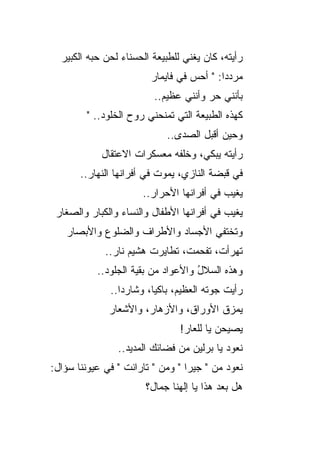 ‫ﺭﺃﻴﺘﻪ، ﻜﺎﻥ ﻴﻐﻨﻲ ﻟﻠﻁﺒﻴﻌﺔ ﺍﻟﺤﺴﻨﺎﺀ ﻟﺤﻥ ﺤﺒﻪ ﺍﻟﻜﺒﻴﺭ‬
                        ‫ﻤﺭﺩ ‪‬ﺍ: " ﺃﺤﺱ ﻓﻲ ﻓﺎﻴﻤﺎﺭ‬
                                          ‫ﺩ‬
                         ‫ﺒﺄﻨﻨﻲ ﺤﺭ ﻭﺃﻨﻨﻲ ﻋﻅﻴﻡ..‬
                                      ‫‪‬‬
        ‫ﻜﻬﺫﻩ ﺍﻟﻁﺒﻴﻌﺔ ﺍﻟﺘﻲ ﺘﻤﻨﺤﻨﻲ ﺭﻭﺡ ﺍﻟﺨﻠﻭﺩ.. "‬
                            ‫ﻭﺤﻴﻥ ﺃﻗﺒل ﺍﻟﺼﺩﻯ..‬
            ‫ﺭﺃﻴﺘﻪ ﻴﺒﻜﻲ، ﻭﺨﻠﻔﻪ ﻤﻌﺴﻜﺭﺍﺕ ﺍﻻﻋﺘﻘﺎل‬
       ‫ﻓﻲ ﻗﺒﻀﺔ ﺍﻟﻨﺎﺯﻱ، ﻴﻤﻭﺕ ﻓﻲ ﺃﻓﺭﺍﻨﻬﺎ ﺍﻟﻨﻬﺎﺭ..‬
                      ‫ﻴﻐﻴﺏ ﻓﻲ ﺃﻓﺭﺍﻨﻬﺎ ﺍﻷﺤﺭﺍﺭ..‬
 ‫ﻴﻐﻴﺏ ﻓﻲ ﺃﻓﺭﺍﻨﻬﺎ ﺍﻷﻁﻔﺎل ﻭﺍﻟﻨﺴﺎﺀ ﻭﺍﻟﻜﺒﺎﺭ ﻭﺍﻟﺼﻐﺎﺭ‬
   ‫ﻭﺘﺨﺘﻔﻲ ﺍﻷﺠﺴﺎﺩ ﻭﺍﻷﻁﺭﺍﻑ ﻭﺍﻟﻀﻠﻭﻉ ﻭﺍﻷﺒﺼﺎﺭ‬
             ‫ﺘﻬﺭﺃﺕ، ﺘﻔﺤﻤﺕﹾ، ﺘﻁﺎﻴﺭﺕ ﻫﺸﻴﻡ ﻨﺎﺭ..‬
           ‫ﻭﻫﺫﻩ ﺍﻟﺴﻼل ﻭﺍﻷﻋﻭﺍﺩ ﻤﻥ ﺒﻘﻴﺔ ﺍﻟﺠﻠﻭﺩ..‬
                                    ‫ُ‬
              ‫ﺭﺃﻴﺕ ﺠﻭﺘﻪ ﺍﻟﻌﻅﻴﻡ، ﺒﺎﻜ ‪‬ﺎ، ﻭﺸﺎﺭ ‪‬ﺍ..‬
                 ‫ﺩ‬        ‫ﻴ‬
              ‫ﻴﻤﺯﻕ ﺍﻷﻭﺭﺍﻕ، ﻭﺍﻷﺯﻫﺎﺭ، ﻭﺍﻷﺸﻌﺎﺭ‬
                                ‫ﻴﺼﻴﺤﻥ ﻴﺎ ﻟﻠﻌﺎﺭ!‬
                ‫ﻨﻌﻭﺩ ﻴﺎ ﺒﺭﻟﻴﻥ ﻤﻥ ﻓﻀﺎﺌﻙ ﺍﻟﻤﺩﻴﺩ..‬
‫ﻨﻌﻭﺩ ﻤﻥ " ﺠﻴﺭﺍ " ﻭﻤﻥ " ﺘﺎﺭﺍﻨﺕ " ﻓﻲ ﻋﻴﻭﻨﻨﺎ ﺴﺅﺍل:‬
                       ‫ﻫل ﺒﻌﺩ ﻫﺫﺍ ﻴﺎ ﺇﻟﻬﻨﺎ ﺠﻤﺎل؟‬
 