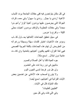 ‫ﻓﻲ ﻜل ﻤﻜﺎﻥ ﻴﺘﻭﺍﺠﺩﻭﻥ ﻓﻴﻪ ﻓﻔﻲ ﺤﻔﻼﺕ ﺍﻟﺠﺎﻤﻌﺔ ﻴﺭﺩﺩ ﺍﻟﺸﺒﺎﺏ‬
‫ﺍﻷﻏﻨﻴﺔ "ﺭﺩﺩﻱ ﻴﺎ ﺠﺒﺎل.. ﺭﺩﺩﻱ ﻴﺎ ﺴﻬﻭل" ﻭﻓﻲ ﻤﻌﺴـﻜﺭﺍﺕ‬
‫ﺍﻟﺠﻭﺍﻟﺔ ﺍﻟﺘﻲ ﻴﺤﺭﺼﻭﻥ ﻋﻠﻴﻬﺎ ﻴﺭﺩﺩﻭﻥ ﺃﻏﻨﻴﺔ "ﺜﻭﺍﺭ" ﻭﺃﻋﻴـﺩﻭﺍ‬
‫ﻤﺠﺩﻨﺎ" ﻭﻓﻲ ﺤﻔﻼﺕ ﺍﻟﺨﻁﻭﺒﺔ ﻭﺍﻟﺯﻓﺎﻑ ﻴﺭﺩﺩﻭﻥ ﺃﻏﻨﻴﺎﺕ ﻤﺤﻠﻰ‬
                                ‫ﺍﻟﻠﻴﻠﺔ – ﻭﺍﻓﺭﺡ ﻴﺎ ﻋﺭﻴﺱ.‬
‫ﻓﻲ ﺴﺒﻴل ﺘﺤﻘﻴﻕ ﺍﻟﺠﻤﺎﻋﺎﺕ ﻷﻫﺩﺍﻓﻬﺎ ﻴﺤـﺎﻭل ﻜﺘـﺎﺏ‬
‫ﻭﻤﺅﺩﻭ ﻫﺫﻩ ﺍﻷﻏﻨﻴﺎﺕ ﺍﺨﺘﻴﺎﺭ ﻜﻠﻤﺎﺕ ﺴﻬﻠﺔ ﻭﺒﺴﻴﻁﺔ ﻭﺭﻏﻡ ﺃﻨﻪ‬
‫ﻤﻥ ﺍﻟﻤﻔﺭﻭﺽ ﺃﻥ ﺘﻬﺘﻡ ﻫﺫﻩ ﺍﻟﺠﻤﺎﻋﺎﺕ ﺒﺎﻟﻠﻐﺔ ﺍﻟﻌﺭﺒﻴﺔ ﺍﻟﻔﺼﺤﻰ‬
‫ﻓﻬﻲ ﻟﻐﺔ ﺍﻟﻘﺭﺁﻥ، ﻟﻜﻨﻬﻡ ﻴﻜﺘﺒﻭﻥ ﺃﻏﻨﻴﺎﺘﻬﻡ ﺒﺎﻟﻌﺎﻤﻴﺔ ﻭﺇﻥ ﻜﺎﻨـﺕ‬
                           ‫ﻋﺎﻤﻴﺔ ﺩﻭﻥ ﺍﺒﺘﺫﺍل.. ﺍﺴﻤﻊ ﻤﺜﻼ:‬
                            ‫ﹰ‬
             ‫ﺠﻭﻩ ﺍﻟﺤﻴﺎﺓ ﻜﻠﻨﺎ ﻴﺎ ﺃﻫل ﺍﻟﺼﻼﺓ ﻭﺍﻟﺼﻭﻡ‬
             ‫ﻤﺎﺸﻴﻴﻥ ﻓﻲ ﻨﻭﺭ ﺭﺒﻨﺎ ﻨﻨﺩﻩ ﻋﻠﻰ ﺍﻟﻤﻘﺴﻭﻡ‬
             ‫ﻭﺇﻥ ﻫل ﻨﻭﺭ ﻓﺭﺤﻨﺎ ﺘﻨﺴﻰ ﺍﻟﻌﻴﻭﻥ ﺍﻟﻨﻭﻡ‬
‫ﻭﻻ ﻴﺘﻭﺭﻉ ﺃﺼﺤﺎﺏ ﻫﺫﻩ ﺍﻷﻏﺎﻨﻲ ﻋﻥ ﺘﻀﻤﻴﻥ ﺒﻌﺽ‬
                  ‫ﺍﻵﻴﺎﺕ ﺍﻟﻘﺭﺁﻨﻴﺔ ﻓﻲ ﺃﻏﻨﻴﺎﺘﻬﻡ، ﺍﺴﻤﻊ ﺃﻴﻀﺎ:‬
                    ‫‪‬‬
                       ‫ﻤﻠﻙ ﺍﻟﻤﻠﻭﻙ ﻗﺎل ﻓﻲ ﺍﻵﻴﺎﺕ.‬
                                ‫"ﺍﻟﻁﻴﺒﻴﻥ ﻟﻠﻁﻴﺒﺎﺕ"‬
                       ‫ﻭﻓﻲ ﺍﻟﻠﻲ ﻓﺎﺕ ﻭﻓﻲ ﻜل ﺤﻴﻥ‬
 