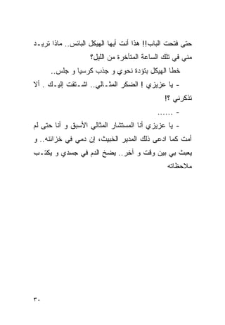 ‫ﺤﺘﻰ ﻓﺘﺤﺕ ﺍﻟﺒﺎﺏ!! ﻫﺫﺍ ﺃﻨﺕ ﺃﻴﻬﺎ ﺍﻟﻬﻴﻜل ﺍﻟﺒﺎﺌﺱ.. ﻤﺎﺫﺍ ﺘﺭﻴـﺩ‬
                    ‫ﻤﻨﻲ ﻓﻲ ﺘﻠﻙ ﺍﻟﺴﺎﻋﺔ ﺍﻟﻤﺘﺄﺨﺭﺓ ﻤﻥ ﺍﻟﻠﻴل؟‬
      ‫ﺨﻁﺎ ﺍﻟﻬﻴﻜل ﺒﺘﺅﺩﺓ ﻨﺤﻭﻱ ﻭ ﺠﺫﺏ ﻜﺭﺴﻴﺎ ﻭ ﺠﻠﺱ..‬
‫- ﻴﺎ ﻋﺯﻴﺯﻱ ! ﺍﻟﻀﻜﺭ ﺍﻟﻤﺜـﺎﻟﻲ.. ﺍﺸـﺘﻘﺕ ﺇﻟﻴـﻙ . ﺃﻻ‬
                                              ‫ﺘﺫﻜﺭﻨﻲ ؟!‬
                                           ‫- ......‬
‫- ﻴﺎ ﻋﺯﻴﺯﻱ ﺃﻨﺎ ﺍﻟﻤﺴﺘﺸﺎﺭ ﺍﻟﻤﺜﺎﻟﻲ ﺍﻷﺴﺒﻕ ﻭ ﺃﻨﺎ ﺤﺘﻰ ﻟﻡ‬
‫ﺃﻤﺕ ﻜﻤﺎ ﺍﺩﻋﻰ ﺫﻟﻙ ﺍﻟﻤﺩﻴﺭ ﺍﻟﺨﺒﻴﺙ، ﺇﻥ ﺩﻤﻲ ﻓﻲ ﺨﺯﺍﺌﻨﻪ.. ﻭ‬
‫ﻴﻌﺒﺙ ﺒﻲ ﺒﻴﻥ ﻭﻗﺕ ﻭ ﺁﺨﺭ.. ﻴﻀﺦ ﺍﻟﺩﻡ ﻓﻲ ﺠﺴﺩﻱ ﻭ ﻴﻜﺘـﺏ‬
                                               ‫ﻤﻼﺤﻅﺎﺘﻪ‬




‫٠٣‬
 