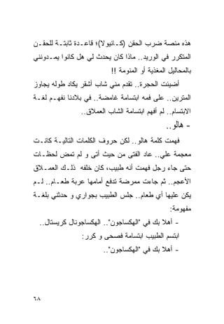 ‫ﻫﺫﻩ ﻤﻨﺼﺔ ﻀﺭﺏ ﺍﻟﺤﻘﻥ )ﻜـﺎﻨﻴﻭﻻ(؛ ﻗﺎﻋـﺩﺓ ﺜﺎﺒﺘـﺔ ﻟﻠﺤﻘـﻥ‬
‫ﺍﻟﻤﺘﻜﺭﺭ ﻓﻲ ﺍﻟﻭﺭﻴﺩ.. ﻤﺎﺫﺍ ﻜﺎﻥ ﻴﺤﺩﺙ ﻟﻲ ﻫل ﻜﺎﻨﻭﺍ ﻴﻤـﺩﻭﻨﻨﻲ‬
                           ‫ﺒﺎﻟﻤﺤﺎﻟﻴل ﺍﻟﻤﻐﺫﻴﺔ ﺃﻭ ﺍﻟﻤﻨﻭﻤﺔ !!‬
‫ﺃﻀﻴﺌﺕ ﺍﻟﺤﺠﺭﺓ.. ﺘﻘﺩﻡ ﻤﻨﻲ ﺸﺎﺏ ﺃﺸﻘﺭ ﻴﻜﺎﺩ ﻁﻭﻟﻪ ﻴﺠﺎﻭﺯ‬
‫ﺍﻟﻤﺘﺭﻴﻥ.. ﻋﻠﻰ ﻓﻤﻪ ﺍﺒﺘﺴﺎﻤﺔ ﻏﺎﻤﻀﺔ.. ﻓﻲ ﺒﻼﺩﻨﺎ ﻨﻔﻬـﻡ ﻟﻐـﺔ‬
                ‫ﺍﻻﺒﺘﺴﺎﻡ.. ﻟﻡ ﺃﻓﻬﻡ ﺍﺒﺘﺴﺎﻤﺔ ﺍﻟﺸﺎﺏ ﺍﻟﻌﻤﻼﻕ..‬
                                                ‫- ﻫﺎﻟﻮ..‬
‫ﻓﻬﻤﺕ ﻜﻠﻤﺔ ﻫﺎﻟﻭ.. ﻟﻜﻥ ﺤﺭﻭﻑ ﺍﻟﻜﻠﻤﺎﺕ ﺍﻟﺘﺎﻟﻴـﺔ ﻜﺎﻨـﺕ‬
‫ﻤﻌﺠﻤﺔ ﻋﻠﻲ.. ﻋﺎﺩ ﺍﻟﻔﺘﻰ ﻤﻥ ﺤﻴﺙ ﺃﺘﻰ ﻭ ﻟﻡ ﺘﻤﺽ ﻟﺤﻅـﺎﺕ‬
                                       ‫‪‬‬
‫ﺤﺘﻰ ﺠﺎﺀ ﺭﺠل ﻓﻬﻤﺕ ﺃﻨﻪ ﻁﺒﻴﺏ، ﻜﺎﻥ ﺨﻠﻔﻪ ﺫﻟـﻙ ﺍﻟﻌﻤـﻼﻕ‬
‫ﺍﻷﻋﺠﻡ.. ﺜﻡ ﺠﺎﺀﺕ ﻤﻤﺭﻀﺔ ﺘﺩﻓﻊ ﺃﻤﺎﻤﻬﺎ ﻋﺭﺒﺔ ﻁﻌـﺎﻡ.. ﻟـﻡ‬
‫ﻴﻜﻥ ﻋﻠﻴﻬﺎ ﺃﻱ ﻁﻌﺎﻡ.. ﺠﻠﺱ ﺍﻟﻁﺒﻴﺏ ﺒﺠﻭﺍﺭﻱ ﻭ ﺤﺩﺜﻨﻲ ﺒﻠﻐـﺔ‬
                                                 ‫ﻤﻔﻬﻭﻤﺔ:‬
  ‫- ﺃﻫﻼ ﺒﻙ ﻓﻲ "ﺍﻟﻬﻜﺴﺎﺠﻭﻥ".. ﺍﻟﻬﻜﺴﺎﺠﻭﻨﺎل ﻜﺭﻴﺴﺘﺎل..‬
                ‫ﺍﺒﺘﺴﻡ ﺍﻟﻁﺒﻴﺏ ﺍﺒﺘﺴﺎﻤﺔ ﻓﺼﺤﻰ ﻭ ﻜﺭﺭ:‬
                        ‫- ﺃﻫﻼ ﺒﻙ ﻓﻲ "ﺍﻟﻬﻜﺴﺎﺠﻭﻥ"..‬




‫٨٦‬
 