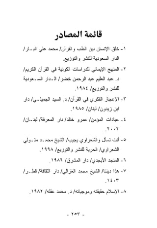‫א‬
‫١- ﺨﻠﻕ ﺍﻹﻨﺴﺎﻥ ﺒﻴﻥ ﺍﻟﻁﺏ ﻭﺍﻟﻘﺭﺁﻥ/ ﻤﺤﻤﺩ ﻋﻠﻲ ﺍﻟﺒـﺎﺭ/‬
                   ‫ﺍﻟﺩﺍﺭ ﺍﻟﺴﻌﻭﺩﻴﺔ ﻟﻠﻨﺸﺭ ﻭﺍﻟﺘﻭﺯﻴﻊ.‬
‫٢- ﺍﻟﻤﻨﻬﺞ ﺍﻹﻴﻤﺎﻨﻲ ﻟﻠﺩﺭﺍﺴﺎﺕ ﺍﻟﻜﻭﻨﻴﺔ ﻓﻲ ﺍﻟﻘﺭﺁﻥ ﺍﻟﻜﺭﻴﻡ/‬
‫ﺩ. ﻋﺒﺩ ﺍﻟﻌﻠﻴﻡ ﻋﺒﺩ ﺍﻟﺭﺤﻤﻥ ﺨﻀﺭ/ ﺍﻟـﺩﺍﺭ ﺍﻟﺴـﻌﻭﺩﻴﺔ‬
                         ‫ﻟﻠﻨﺸﺭ ﻭﺍﻟﺘﻭﺯﻴﻊ/ ٤٨٩١.‬
‫٣- ﺍﻹﻋﺠﺎﺯ ﺍﻟﻔﻜﺭﻱ ﻓﻲ ﺍﻟﻘﺭﺁﻥ/ ﺩ. ﺍﻟﺴﻴﺩ ﺍﻟﺠﻤﻴﻠـﻲ/ ﺩﺍﺭ‬
                       ‫ﺍﺒﻥ ﺯﻴﺩﻭﻥ/ ﻟﺒﻨﺎﻥ/ ٥٨٩١.‬
‫٤- ﻋﺒﺎﺩﺍﺕ ﺍﻟﻤﺅﻤﻥ/ ﻋﻤﺭﻭ ﺨﺎﻟﺩ/ ﺩﺍﺭ ﺍﻟﻤﻌﺭﻓﺔ/ ﻟﺒﻨـﺎﻥ/‬
                                         ‫٢٠٠٢.‬
‫٥- ﺃﻨﺕ ﺘﺴﺄل ﻭﺍﻟﺸﻌﺭﺍﻭﻱ ﻴﺠﻴﺏ/ ﺍﻟﺸﻴﺦ ﻤﺤﻤـﺩ ﻤﺘـﻭﻟﻲ‬
        ‫ﺍﻟﺸﻌﺭﺍﻭﻱ/ ﺍﻟﺤﺭﻴﺔ ﻟﻠﻨﺸﺭ ﻭﺍﻟﺘﻭﺯﻴﻊ/ ٨٩٩١.‬
            ‫٦- ﺍﻟﻤﻨﺠﺩ ﺍﻷﺒﺠﺩﻱ/ ﺩﺍﺭ ﺍﻟﻤﺸﺭﻕ/ ٦٨٩١.‬
‫٧- ﻫﺫﺍ ﺩﻴﻨﻨﺎ/ ﺍﻟﺸﻴﺦ ﻤﺤﻤﺩ ﺍﻟﻐﺯﺍﻟﻲ/ ﺩﺍﺭ ﺍﻟﺜﻘﺎﻓﺔ/ ﻗﻁـﺭ/‬
                                         ‫٣٠٤١.‬
  ‫٨- ﺍﻹﺴﻼﻡ ﺤﻘﻴﻘﺘﻪ ﻭﻤﻭﺠﺒﺎﺘﻪ/ ﺩ. ﻤﺤﻤﺩ ﻋﻘﻠﻪ/ ٢٨٩١.‬


                     ‫- ٣٥٢ -‬
 