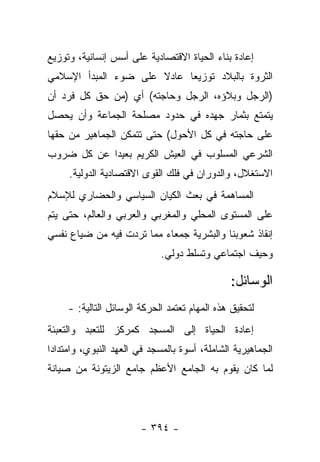 ‫ﺇﻋﺎﺩﺓ ﺒﻨﺎﺀ ﺍﻟﺤﻴﺎﺓ ﺍﻻﻗﺘﺼﺎﺩﻴﺔ ﻋﻠﻰ ﺃﺴﺱ ﺇﻨﺴﺎﻨﻴﺔ، ﻭﺘﻭﺯﻴﻊ‬
‫ﺍﻟﺜﺭﻭﺓ ﺒﺎﻟﺒﻼﺩ ﺘﻭﺯﻴﻌﺎ ﻋﺎﺩﻻ ﻋﻠﻰ ﻀﻭﺀ ﺍﻟﻤﺒﺩﺃ ﺍﻹﺴﻼﻤﻲ‬
                      ‫ﹰ‬     ‫‪‬‬
‫)ﺍﻟﺭﺠل ﻭﺒﻼﺅﻩ، ﺍﻟﺭﺠل ﻭﺤﺎﺠﺘﻪ( ﺃﻱ )ﻤﻥ ﺤﻕ ﻜل ﻓﺭﺩ ﺃﻥ‬
‫ﻴﺘﻤﺘﻊ ﺒﺜﻤﺎﺭ ﺠﻬﺩﻩ ﻓﻲ ﺤﺩﻭﺩ ﻤﺼﻠﺤﺔ ﺍﻟﺠﻤﺎﻋﺔ ﻭﺃﻥ ﻴﺤﺼل‬
‫ﻋﻠﻰ ﺤﺎﺠﺘﻪ ﻓﻲ ﻜل ﺍﻷﺤﻭل( ﺤﺘﻰ ﺘﺘﻤﻜﻥ ﺍﻟﺠﻤﺎﻫﻴﺭ ﻤﻥ ﺤﻘﻬﺎ‬
‫ﺍﻟﺸﺭﻋﻲ ﺍﻟﻤﺴﻠﻭﺏ ﻓﻲ ﺍﻟﻌﻴﺵ ﺍﻟﻜﺭﻴﻡ ﺒﻌﻴ ‪‬ﺍ ﻋﻥ ﻜل ﻀﺭﻭﺏ‬
            ‫ﺩ‬
     ‫ﺍﻻﺴﺘﻐﻼل، ﻭﺍﻟﺩﻭﺭﺍﻥ ﻓﻲ ﻓﻠﻙ ﺍﻟﻘﻭﻯ ﺍﻻﻗﺘﺼﺎﺩﻴﺔ ﺍﻟﺩﻭﻟﻴﺔ.‬
‫ﺍﻟﻤﺴﺎﻫﻤﺔ ﻓﻲ ﺒﻌﺙ ﺍﻟﻜﻴﺎﻥ ﺍﻟﺴﻴﺎﺴﻲ ﻭﺍﻟﺤﻀﺎﺭﻱ ﻟﻺﺴﻼﻡ‬
‫ﻋﻠﻰ ﺍﻟﻤﺴﺘﻭﻯ ﺍﻟﻤﺤﻠﻲ ﻭﺍﻟﻤﻐﺭﺒﻲ ﻭﺍﻟﻌﺭﺒﻲ ﻭﺍﻟﻌﺎﻟﻡ، ﺤﺘﻰ ﻴﺘﻡ‬
‫ﺇﻨﻘﺎﺫ ﺸﻌﻭﺒﻨﺎ ﻭﺍﻟﺒﺸﺭﻴﺔ ﺠﻤﻌﺎﺀ ﻤﻤﺎ ﺘﺭﺩﺕ ﻓﻴﻪ ﻤﻥ ﻀﻴﺎﻉ ﻨﻔﺴﻲ‬
                  ‫‪‬‬
                             ‫ﻭﺤﻴﻑ ﺍﺠﺘﻤﺎﻋﻲ ﻭﺘﺴﻠﻁ ﺩﻭﻟﻲ.‬

                                                ‫ﺍﻟﻭﺴﺎﺌل:‬
     ‫ﻟﺘﺤﻘﻴﻕ ﻫﺫﻩ ﺍﻟﻤﻬﺎﻡ ﺘﻌﺘﻤﺩ ﺍﻟﺤﺭﻜﺔ ﺍﻟﻭﺴﺎﺌل ﺍﻟﺘﺎﻟﻴﺔ: -‬
‫ﺇﻋﺎﺩﺓ ﺍﻟﺤﻴﺎﺓ ﺇﻟﻰ ﺍﻟﻤﺴﺠﺩ ﻜﻤﺭﻜﺯ ﻟﻠﺘﻌﺒﺩ ﻭﺍﻟﺘﻌﺒﺌﺔ‬
‫ﺍﻟﺠﻤﺎﻫﻴﺭﻴﺔ ﺍﻟﺸﺎﻤﻠﺔ، ﺃﺴﻭﺓ ﺒﺎﻟﻤﺴﺠﺩ ﻓﻲ ﺍﻟﻌﻬﺩ ﺍﻟﻨﺒﻭﻱ، ﻭﺍﻤﺘﺩﺍ ‪‬ﺍ‬
 ‫ﺩ‬
‫ﻟﻤﺎ ﻜﺎﻥ ﻴﻘﻭﻡ ﺒﻪ ﺍﻟﺠﺎﻤﻊ ﺍﻷﻋﻅﻡ ﺠﺎﻤﻊ ﺍﻟﺯﻴﺘﻭﻨﺔ ﻤﻥ ﺼﻴﺎﻨﺔ‬
‫ﹰ‬




                        ‫- ٤٩٣ -‬
 