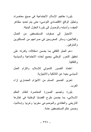 ‫ﺒﻠﻭﺭﺓ ﻤﻔﺎﻫﻴﻡ ﺍﻹﺴﻼﻡ ﺍﻻﺠﺘﻤﺎﻋﻴﺔ ﻓﻲ ﺼﻴﻎ ﻤﻌﺎﺼﺭﺓ،‬
‫ﻭﺘﺤﻠﻴل ﺍﻟﻭﺍﻗﻊ ﺍﻻﻗﺘﺼﺎﺩﻱ ﺍﻟﺘﻭﻨﺴﻲ؛ ﺤﺘﻰ ﻴﺘﻡ ﺘﺤﺩﻴﺩ ﻤﻅﺎﻫﺭ‬
         ‫ﺍﻟﺤﻴﻑ، ﻭﺃﺴﺒﺎﺒﻪ ﻭﺍﻟﻭﺼﻭل ﺇﻟﻰ ﺒﻠﻭﺭﺓ ﺍﻟﺤﻠﻭل ﺍﻟﺒﺩﻴﻠﺔ.‬
‫ﺍﻟﻌﻤﺎل‬   ‫ﻤﻥ‬    ‫ﺍﻟﻤﺴﺘﻀﻌﻔﻴﻥ‬    ‫ﺼﻔﻭﻑ‬      ‫ﺇﻟﻰ‬   ‫ﺍﻻﻨﺤﻴﺎﺯ‬
‫ﻭﺍﻟﻔﻼﺤﻴﻥ، ﻭﺴﺎﺌﺭ ﺍﻟﻤﺤﺭﻭﻤﻴﻥ ﻓﻲ ﺼﺭﺍﻋﻬﻡ ﻤﻥ ﺍﻟﻤﺴﺘﻜﺒﺭﻴﻥ‬
                                               ‫ﻭﺍﻟﻤﺘﺭﻓﻴﻥ..‬
‫ﺩﻋﻡ ﺍﻟﻌﻤل ﺍﻟﺜﻘﺎﻓﻲ ﺒﻤﺎ ﻴﻀﻤﻥ ﺍﺴﺘﻘﻼﻟﻪ، ﻭﻗﺩﺭﺘﻪ ﻋﻠﻰ‬
‫ﺘﺤﻘﻴﻕ ﺍﻟﺘﺤﺭﺭ ﺍﻟﻭﻁﻨﻲ ﺒﺠﻤﻴﻊ ﺃﺒﻌﺎﺩﻩ ﺍﻻﺠﺘﻤﺎﻋﻴﺔ ﻭﺍﻟﺴﻴﺎﺴﻴﺔ‬
                                                 ‫ﻭﺍﻟﺜﻘﺎﻓﻴﺔ.‬
‫ﺍﻋﺘﻤﺎﺩ ﺍﻟﺘﺼﻭﺭ ﺍﻟﺸﻤﻭﻟﻲ ﻟﻺﺴﻼﻡ، ﻭﺍﻟﺘﺯﺍﻡ ﺍﻟﻌﻤل‬
                     ‫ﺍﻟﺴﻴﺎﺴﻲ ﺒﻌﻴ ‪‬ﺍ ﻋﻥ ﺍﻟﻼﺌﻜﻴﺔ ﻭﺍﻻﻨﺘﻬﺎﺯﻴﺔ.‬
                                             ‫ﺩ‬
‫ﺘﺤﺭﻴﺭ ﺍﻟﻀﻤﻴﺭ ﺍﻟﻤﺴﻠﻡ ﻤﻥ ﺍﻻﻨﻬﺯﺍﻡ ﺍﻟﺤﻀﺎﺭﻱ ﺇﺯﺍﺀ‬
                                                   ‫ﺍﻟﻐﺭﺏ.‬
‫ﺒﻠﻭﺭﺓ ﻭﺘﺠﺴﻴﻡ ﺍﻟﺼﻭﺭﺓ ﺍﻟﻤﻌﺎﺼﺭﺓ ﻟﻨﻅﺎﻡ ﺍﻟﺤﻜﻡ‬
‫ﺍﻹﺴﻼﻤﻲ، ﺒﻤﺎ ﻴﻀﻤﻥ ﻁﺭﺡ ﺍﻟﻘﻀﺎﻴﺎ ﺍﻟﻭﻁﻨﻴﺔ ﻓﻲ ﺇﻁﺎﺭﻫﺎ‬
‫ﺍﻟﺘﺎﺭﻴﺨﻲ ﻭﺍﻟﻌﻘﺎﺌﺩﻱ ﻭﺍﻟﻤﻭﻀﻭﻋﻲ ﻤﻐﺭﺒﻴﺎ ﻭﻋﺭﺒﻴﺎ ﻭﺇﺴﻼﻤ ‪‬ﺎ،‬
  ‫ﻴ‬        ‫‪‬‬      ‫‪‬‬
                            ‫ﻭﻀﻤﻥ ﻋﺎﻟﻡ ﺍﻟﻤﺴﺘﻀﻌﻔﻴﻥ ﻋﺎﻤﺔ.‬



                        ‫- ٦٩٣ -‬
 
