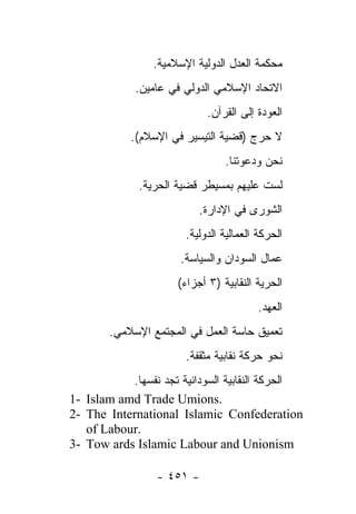 ‫ﻤﺤﻜﻤﺔ ﺍﻟﻌﺩل ﺍﻟﺩﻭﻟﻴﺔ ﺍﻹﺴﻼﻤﻴﺔ.‬
             ‫ﺍﻻﺘﺤﺎﺩ ﺍﻹﺴﻼﻤﻲ ﺍﻟﺩﻭﻟﻲ ﻓﻲ ﻋﺎﻤﻴﻥ.‬
                            ‫ﺍﻟﻌﻭﺩﺓ ﺇﻟﻰ ﺍﻟﻘﺭﺁﻥ.‬
            ‫ﻻ ﺤﺭﺝ )ﻗﻀﻴﺔ ﺍﻟﺘﻴﺴﻴﺭ ﻓﻲ ﺍﻹﺴﻼﻡ(.‬
                                ‫ﻨﺤﻥ ﻭﺩﻋﻭﺘﻨﺎ.‬
             ‫ﻟﺴﺕ ﻋﻠﻴﻬﻡ ﺒﻤﺴﻴﻁﺭ ﻗﻀﻴﺔ ﺍﻟﺤﺭﻴﺔ.‬
                          ‫ﺍﻟﺸﻭﺭﻯ ﻓﻲ ﺍﻹﺩﺍﺭﺓ.‬
                       ‫ﺍﻟﺤﺭﻜﺔ ﺍﻟﻌﻤﺎﻟﻴﺔ ﺍﻟﺩﻭﻟﻴﺔ.‬
                      ‫ﻋﻤﺎل ﺍﻟﺴﻭﺩﺍﻥ ﻭﺍﻟﺴﻴﺎﺴﺔ.‬
                     ‫ﺍﻟﺤﺭﻴﺔ ﺍﻟﻨﻘﺎﺒﻴﺔ )٣ ﺃﺠﺯﺍﺀ(‬
                                        ‫ﺍﻟﻌﻬﺩ.‬
        ‫ﺘﻌﻤﻴﻕ ﺤﺎﺴﺔ ﺍﻟﻌﻤل ﻓﻲ ﺍﻟﻤﺠﺘﻤﻊ ﺍﻹﺴﻼﻤﻲ.‬
                       ‫ﻨﺤﻭ ﺤﺭﻜﺔ ﻨﻘﺎﺒﻴﺔ ﻤﺜﻘﻔﺔ.‬
           ‫ﺍﻟﺤﺭﻜﺔ ﺍﻟﻨﻘﺎﺒﻴﺔ ﺍﻟﺴﻭﺩﺍﻨﻴﺔ ﺘﺠﺩ ﻨﻔﺴﻬﺎ.‬
‫.‪1- Islam amd Trade Umions‬‬
‫‪2- The International Islamic Confederation‬‬
   ‫.‪of Labour‬‬
‫‪3- Tow ards Islamic Labour and Unionism‬‬

                 ‫- ١٥٤ -‬
 