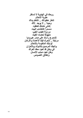 ‫روﺡﻚ ﻓﻲ اﻟﻬﺎوﻳﺔ ﻻ ﺗﺴﺘﻘﺮ‬
                 ‫هﺎوﻳﺔ اﻷﺡﻼم‬
          ‫ﺗﺘﻌﺜﺮ ﺥﻄﻮاﺗﻚ .. ﺗﺘﻠﻌﺜﻢ ﻳﺪاك‬
             ‫وﺡﻴﺪا .. ﻻ ﻳﻮﺝﺪ إﻻك‬
                              ‫ً‬
              ‫ﺗﺘﺪﻟﻰ هﺎﻣﺘﻚ آﻌﻨﻘﻮد‬
             ‫ﻣُﺴﻤﺮا آﺄﺥﺸﺎب اﻟﺒﻴﺖ‬
                             ‫ـ ً‬
              ‫ﻣﺮزوﻻ آﻐﻴﺎب اﻟﻐﻴﺐ‬
                           ‫ً‬
              ‫ﻣﻠﻬﻮﻓﺎ ﻟﺤﺼﺎد اﻟﻐﻴﺚ‬
                            ‫ً‬
       ‫ﺗﺘﺪﺡﺮج رأﺱﻚ ﻋﻠﻰ ﺹﺪر هﻴﺮودﻳﺎ‬
     ‫ﻣﺮﺗﺒﻜﺎ .. ﺗﺘﺤﺮك ﻓﻴﻚ اﻷﻋﻤﺪة واﻷرآﺎن‬
                                    ‫ً‬
            ‫ﺙﻮاﺏﺘﻚ اﻟﻤﻠﻐﻮﻣﺔ ﺏﺎﻷﺡﻼم‬
      ‫وﺗﺎﺝﻚ اﻟﻤﺮﺹﻊ ﺏﺎﻟﺸﻮك وﺏﺎﻷﺡﺰان‬
          ‫ﻓﻲ وﻃﻦ ﻗﺪ ﺗﻌﻮد ﻣﻌﻚ اﻟﻌﺮاك‬
            ‫وﻃﻦ ﺗﻌﻮد ﺹﻠﺐ اﻹﻧﺴﺎن‬
               ‫وإﻃﻼق اﻟﻠﺼﻮص‬




‫٢٩‬
 