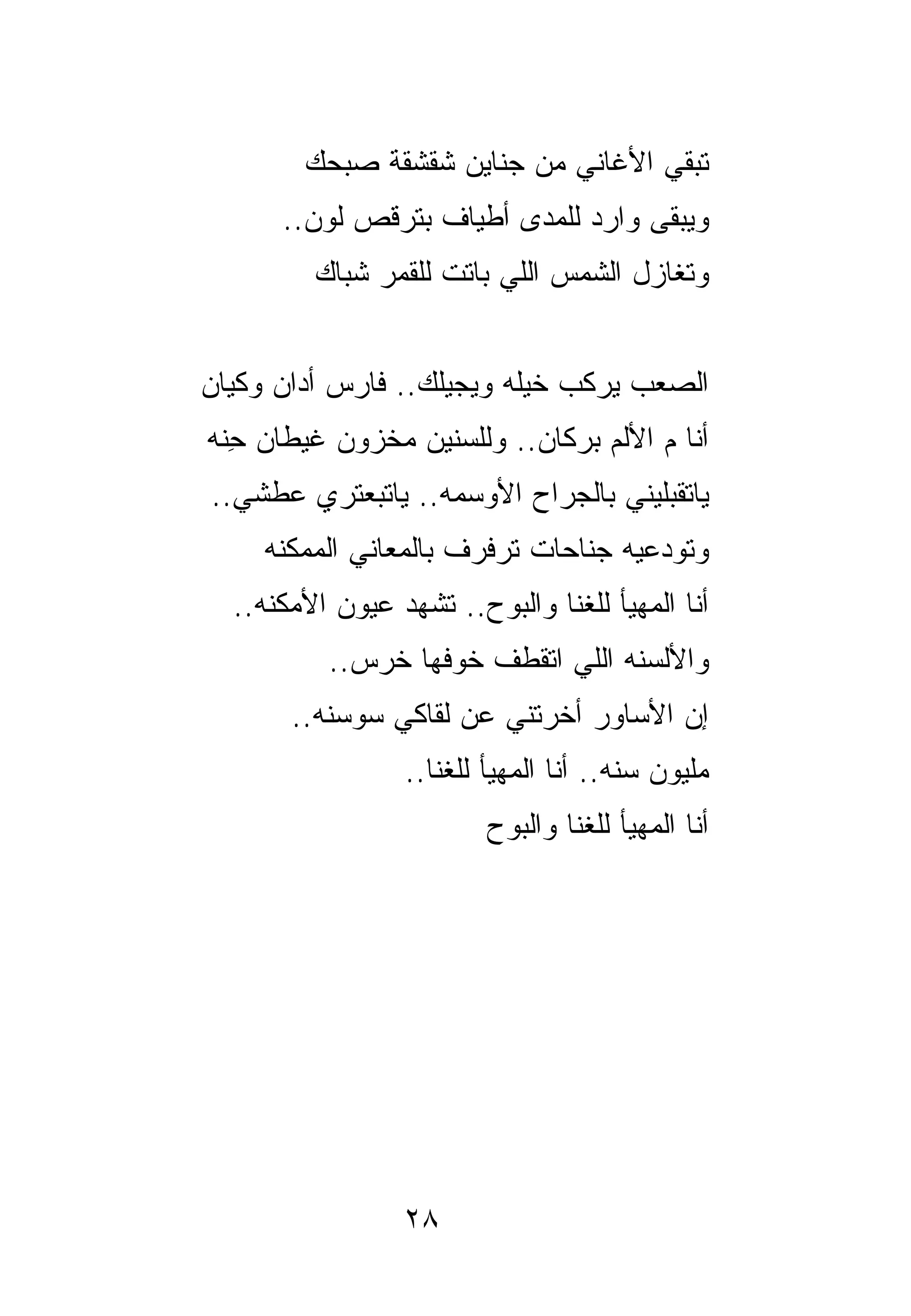 ‫ﺘﺒﻘﻲ ﺍﻷﻏﺎﻨﻲ ﻤﻥ ﺠﻨﺎﻴﻥ ﺸﻘﺸﻘﺔ ﺼﺒﺤﻙ‬
               ‫ﹶﹾ ﹶ‬
      ‫ﻭﻴﺒﻘﻰ ﻭﺍﺭﺩ ﻟﻠﻤﺩﻯ ﺃﻁﻴﺎﻑ ﺒﺘﺭﻗﺹ ﻟﻭﻥ..‬
         ‫ﻭﺘﻐﺎﺯل ﺍﻟﺸﻤﺱ ﺍﻟﻠﻲ ﺒﺎﺘﺕ ﻟﻠﻘﻤﺭ ﺸﺒﺎﻙ‬


‫ﺍﻟﺼﻌﺏ ﻴﺭﻜﺏ ﺨﻴﹸﻪ ﻭﻴﺠﻴﻠﻙ.. ﻓﺎﺭﺱ ﺃﺩﺍﻥ ﻭﻜﻴﺎﻥ‬
                          ‫ﻠ‬
‫ﺃﻨﺎ ﻡ ﺍﻷﻟﻡ ﺒﺭﻜﺎﻥ.. ﻭﻟﻠﺴﻨﻴﻥ ﻤﺨﺯﻭﻥ ﻏﻴﻁﺎﻥ ِﻨﻪ‬
  ‫ﺤ‬
‫ﻴﺎﺘﻘﺒﻠﻴﻨﻲ ﺒﺎﻟﺠﺭﺍﺡ ﺍﻷﻭﺴﻤﻪ.. ﻴﺎﺘﺒﻌﺘﺭﻱ ﻋﻁﺸﻲ..‬
     ‫ﻭﺘﻭﺩﻋﻴﻪ ﺠﻨﺎﺤﺎﺕ ﺘﺭﻓﺭﻑ ﺒﺎﻟﻤﻌﺎﻨﻲ ﺍﻟﻤﻤﻜﻨﻪ‬
  ‫ﺃﻨﺎ ﺍﻟﻤﻬﻴﺄ ﻟﻠﻐﻨﺎ ﻭﺍﻟﺒﻭﺡ.. ﺘﺸﻬﺩ ﻋﻴﻭﻥ ﺍﻷﻤﻜﻨﻪ..‬
          ‫ﻭﺍﻷﻟﺴﻨﻪ ﺍﻟﻠﻲ ﺍﺘﻘﻁﻑ ﺨﻭﻓﻬﺎ ﺨﺭﺱ..‬
       ‫ﺇﻥ ﺍﻷﺴﺎﻭﺭ ﺃﺨﺭﺘﻨﻲ ﻋﻥ ﻟﻘﺎﻜﻲ ﺴﻭﺴﻨﻪ..‬
                 ‫ﻤﻠﻴﻭﻥ ﺴﻨﻪ.. ﺃﻨﺎ ﺍﻟﻤﻬﻴﺄ ﻟﻠﻐﻨﺎ..‬
                         ‫ﺃﻨﺎ ﺍﻟﻤﻬﻴﺄ ﻟﻠﻐﻨﺎ ﻭﺍﻟﺒﻭﺡ‬




                 ‫٨٢‬
 