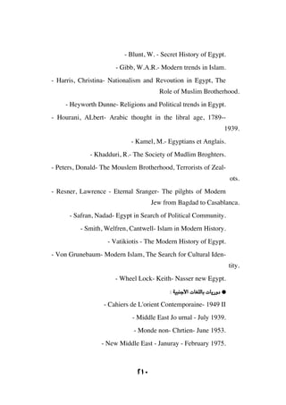 - Blunt, W. - Secret History of Egypt.
                       - Gibb, W.A.R.- Modern trends in Islam.
- Harris, Christina- Nationalism and Revoution in Egypt, The
                                       Role of Muslim Brotherhood.
     - Heyworth Dunne- Religions and Political trends in Egypt.
- Hourani, ALbert- Arabic thought in the libral age, 1789--
                                                                   1939.
                            - Kamel, M.- Egyptians et Anglais.
             - Khadduri, R.- The Society of Mudlim Broghters.
- Peters, Donald- The Mouslem Brotherhood, Terrorists of Zeal-
                                                                       ots.
- Resner, Lawrence - Eternal Sranger- The pilghts of Modern
                                    Jew from Bagdad to Casablanca.
      - Safran, Nadad- Egypt in Search of Political Community.
          - Smith, Welfren, Cantwell- Islam in Modern History.
                    - Vatikiotis - The Modern History of Egypt.
- Von Grunebaum- Modern Islam, The Search for Cultural Iden-
                                                                       tity.
                       - Wheel Lock- Keith- Nasser new Egypt.
                                          ∫ WO³Mł_«  UGKÃUÐ  U¹—Ëœ æ

                  - Cahiers de L'orient Contemporaine- 1949 II
                             - Middle East Jo urnal - July 1939.
                             - Monde non- Chrtien- June 1953.
                 - New Middle East - Januray - February 1975.



                              ≤±∞
 