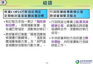 - 19 -
根據COP21巴黎協定規定
定期檢討溫室氣體減量目標
• 制訂每五年為一期之「階段管
制目標」，逐期推動落實，並
依據巴黎協定，滾動檢討修訂。
• 跨部會研訂推動「國家因應氣
候變遷行動綱領」、「溫室氣
體減量推動方案」及「部門溫
室氣體排放管制行動方案」。
結語肆
行政院層級專責辦公室
跨部會聯繫及整合
• 行政院設立專責之能源及減
碳辦公室，統籌整合跨部會
協調與合作，滾動檢討執行
成效。
• 中央部會與地方政府建立夥
伴關係，共同落實執行低碳
綠能工作。
 
