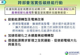 - 9 -
啟動能源轉型及電業改革
 燃煤發電減量、擴增燃氣發電、逐步提升能源效率
、擴大低碳綠能占比，並致力於消除效率低的化石
燃料補貼，合理反映化石能源外部成本
加速低碳化之永續產業結構轉型
提倡能源需求管理之全民運動，促使節電極大化
與普及化
跨部會落實低碳綠能行動貳
依據我國溫室氣體排放結構分析，國家未來能源配比與
產業低碳化進程影響溫室氣體排放趨勢甚鉅。
 