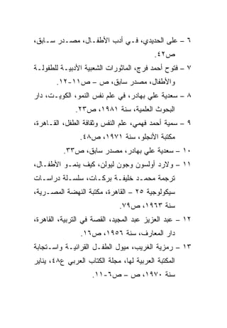‫٦ – ﻋﻠﻰ ﺍﻟﺤﺩﻴﺩﻱ، ﻓـﻲ ﺃﺩﺏ ﺍﻷﻁﻔـﺎل، ﻤﺼـﺩﺭ ﺴـﺎﺒﻕ،‬
                                          ‫ﺹ٢٤.‬
‫٧ – ﻓﺘﻭﺡ ﺃﺤﻤﺩ ﻓﺭﺝ، ﺍﻟﻤﺎﺜﻭﺭﺍﺕ ﺍﻟﺸﻌﺒﻴﺔ ﺍﻷﺩﺒﻴـﺔ ﻟﻠﻁﻔﻭﻟـﺔ‬
        ‫ﻭﺍﻷﻁﻔﺎل، ﻤﺼﺩﺭ ﺴﺎﺒﻕ، ﺹ – ﺹ١١-٢١.‬
‫٨ – ﺴﻌﺩﻴﺔ ﻋﻠﻲ ﺒﻬﺎﺩﺭ، ﻓﻲ ﻋﻠﻡ ﻨﻔﺱ ﺍﻟﻨﻤﻭ، ﺍﻟﻜﻭﻴـﺕ، ﺩﺍﺭ‬
              ‫ﺍﻟﺒﺤﻭﺙ ﺍﻟﻌﻠﻤﻴﺔ، ﺴﻨﺔ ١٨٩١، ﺹ٣٢.‬
‫٩ – ﺴﻤﻴﺔ ﺃﺤﻤﺩ ﻓﻬﻤﻲ، ﻋﻠﻡ ﺍﻟﻨﻔﺱ ﻭﺜﻘﺎﻓﺔ ﺍﻟﻁﻔل، ﺍﻟﻘـﺎﻫﺭﺓ،‬
                ‫ﻤﻜﺘﺒﺔ ﺍﻷﻨﺠﻠﻭ، ﺴﻨﺔ ١٧٩١، ﺹ٨٤.‬
          ‫٠١ – ﺴﻌﺩﻴﺔ ﻋﻠﻲ ﺒﻬﺎﺩﺭ، ﻤﺼﺩﺭ ﺴﺎﺒﻕ، ﺹ٣٣.‬
‫١١ – ﻭﻻﺭﺩ ﺃﻭﻟﺴﻭﻥ ﻭﺠﻭﻥ ﻟﻴﻭﻟﻥ، ﻜﻴﻑ ﻴﻨﻤـﻭ ﺍﻷﻁﻔـﺎل،‬
‫ﺘﺭﺠﻤﺔ ﻤﺤﻤـﺩ ﺨﻠﻴﻔـﺔ ﺒﺭﻜـﺎﺕ، ﺴﻠﺴـﻠﺔ ﺩﺭﺍﺴـﺎﺕ‬
‫ﺴﻴﻜﻭﻟﻭﺠﻴﺔ ٥٢ – ﺍﻟﻘﺎﻫﺭﺓ، ﻤﻜﺘﺒﺔ ﺍﻟﻨﻬﻀﺔ ﺍﻟﻤﺼـﺭﻴﺔ،‬
                              ‫ﺴﻨﺔ ٣٦٩١، ﺹ٩٧.‬
‫٢١ – ﻋﺒﺩ ﺍﻟﻌﺯﻴﺯ ﻋﺒﺩ ﺍﻟﻤﺠﻴﺩ، ﺍﻟﻘﺼﺔ ﻓﻲ ﺍﻟﺘﺭﺒﻴﺔ، ﺍﻟﻘﺎﻫﺭﺓ،‬
                ‫ﺩﺍﺭ ﺍﻟﻤﻌﺎﺭﻑ، ﺴﻨﺔ ٦٥٩١، ﺹ٦١.‬
‫٣١ – ﺭﻤﺯﻴﺔ ﺍﻟﻐﺭﻴﺏ، ﻤﻴﻭل ﺍﻟﻁﻔـل ﺍﻟﻘﺭﺍﺌﻴـﺔ ﻭﺍﺴـﺘﺠﺎﺒﺔ‬
‫ﺍﻟﻤﻜﺘﺒﺔ ﺍﻟﻌﺭﺒﻴﺔ ﻟﻬﺎ، ﻤﺠﻠﺔ ﺍﻟﻜﺘﺎﺏ ﺍﻟﻌﺭﺒﻲ ﻉ٨٤، ﻴﻨﺎﻴﺭ‬
                    ‫ﺴﻨﺔ ٠٧٩١، ﺹ – ﺹ٦-١١.‬
 