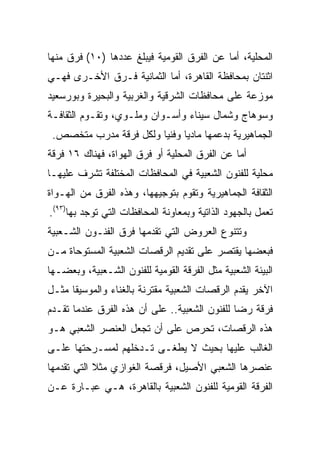 ‫ﺍﻟﻤﺤﻠﻴﺔ، ﺃﻤﺎ ﻋﻥ ﺍﻟﻔﺭﻕ ﺍﻟﻘﻭﻤﻴﺔ ﻓﻴﺒﻠﻎ ﻋﺩﺩﻫﺎ )٠١( ﻓﺭﻕ ﻤﻨﻬﺎ‬
‫ﺍﺜﻨﺘﺎﻥ ﺒﻤﺤﺎﻓﻅﺔ ﺍﻟﻘﺎﻫﺭﺓ، ﺃﻤﺎ ﺍﻟﺜﻤﺎﻨﻴﺔ ﻓـﺭﻕ ﺍﻷﺨـﺭﻯ ﻓﻬـﻲ‬
‫ﻤﻭﺯﻋﺔ ﻋﻠﻰ ﻤﺤﺎﻓﻅﺎﺕ ﺍﻟﺸﺭﻗﻴﺔ ﻭﺍﻟﻐﺭﺒﻴﺔ ﻭﺍﻟﺒﺤﻴﺭﺓ ﻭﺒﻭﺭﺴﻌﻴﺩ‬
‫ﻭﺴﻭﻫﺎﺝ ﻭﺸﻤﺎل ﺴﻴﻨﺎﺀ ﻭﺃﺴـﻭﺍﻥ ﻭﻤﻠـﻭﻱ، ﻭﺘﻘـﻭﻡ ﺍﻟﺜﻘﺎﻓـﺔ‬
 ‫ﺍﻟﺠﻤﺎﻫﻴﺭﻴﺔ ﺒﺩﻋﻤﻬﺎ ﻤﺎﺩﻴﺎ ﻭﻓﻨﻴﺎ ﻭﻟﻜل ﻓﺭﻗﺔ ﻤﺩﺭﺏ ﻤﺘﺨﺼﺹ.‬
                        ‫‪‬‬     ‫‪‬‬
‫ﺃﻤﺎ ﻋﻥ ﺍﻟﻔﺭﻕ ﺍﻟﻤﺤﻠﻴﺔ ﺃﻭ ﻓﺭﻕ ﺍﻟﻬﻭﺍﺓ، ﻓﻬﻨﺎﻙ ٦١ ﻓﺭﻗﺔ‬
‫ﻤﺤﻠﻴﺔ ﻟﻠﻔﻨﻭﻥ ﺍﻟﺸﻌﺒﻴﺔ ﻓﻲ ﺍﻟﻤﺤﺎﻓﻅﺎﺕ ﺍﻟﻤﺨﺘﻠﻔﺔ ﺘﺸﺭﻑ ﻋﻠﻴﻬـﺎ‬
‫ﺍﻟﺜﻘﺎﻓﺔ ﺍﻟﺠﻤﺎﻫﻴﺭﻴﺔ ﻭﺘﻘﻭﻡ ﺒﺘﻭﺠﻴﻬﻬﺎ، ﻭﻫﺫﻩ ﺍﻟﻔﺭﻕ ﻤﻥ ﺍﻟﻬـﻭﺍﺓ‬
‫ﺘﻌﻤل ﺒﺎﻟﺠﻬﻭﺩ ﺍﻟﺫﺍﺘﻴﺔ ﻭﺒﻤﻌﺎﻭﻨﺔ ﺍﻟﻤﺤﺎﻓﻅﺎﺕ ﺍﻟﺘﻲ ﺘﻭﺠﺩ ﺒﻬﺎ)٣٩(.‬
‫ﻭﺘﺘﻨﻭﻉ ﺍﻟﻌﺭﻭﺽ ﺍﻟﺘﻲ ﺘﻘﺩﻤﻬﺎ ﻓﺭﻕ ﺍﻟﻔﻨـﻭﻥ ﺍﻟﺸـﻌﺒﻴﺔ‬
‫ﻓﺒﻌﻀﻬﺎ ﻴﻘﺘﺼﺭ ﻋﻠﻰ ﺘﻘﺩﻴﻡ ﺍﻟﺭﻗﺼﺎﺕ ﺍﻟﺸﻌﺒﻴﺔ ﺍﻟﻤﺴﺘﻭﺤﺎﺓ ﻤـﻥ‬
‫ﺍﻟﺒﻴﺌﺔ ﺍﻟﺸﻌﺒﻴﺔ ﻤﺜل ﺍﻟﻔﺭﻗﺔ ﺍﻟﻘﻭﻤﻴﺔ ﻟﻠﻔﻨﻭﻥ ﺍﻟﺸـﻌﺒﻴﺔ، ﻭﺒﻌﻀـﻬﺎ‬
‫ﺍﻵﺨﺭ ﻴﻘﺩﻡ ﺍﻟﺭﻗﺼﺎﺕ ﺍﻟﺸﻌﺒﻴﺔ ﻤﻘﺘﺭﻨﺔ ﺒﺎﻟﻐﻨﺎﺀ ﻭﺍﻟﻤﻭﺴﻴﻘﺎ ﻤﺜـل‬
‫ﻓﺭﻗﺔ ﺭﻀﺎ ﻟﻠﻔﻨﻭﻥ ﺍﻟﺸﻌﺒﻴﺔ.. ﻋﻠﻰ ﺃﻥ ﻫﺫﻩ ﺍﻟﻔﺭﻕ ﻋﻨﺩﻤﺎ ﺘﻘـﺩﻡ‬
‫ﻫﺫﻩ ﺍﻟﺭﻗﺼﺎﺕ، ﺘﺤﺭﺹ ﻋﻠﻰ ﺃﻥ ﺘﺠﻌل ﺍﻟﻌﻨﺼﺭ ﺍﻟﺸﻌﺒﻲ ﻫـﻭ‬
‫ﺍﻟﻐﺎﻟﺏ ﻋﻠﻴﻬﺎ ﺒﺤﻴﺙ ﻻ ﻴﻁﻐـﻰ ﺘـﺩﺨﻠﻬﻡ ﻟﻤﺴـﺭﺤﺘﻬﺎ ﻋﻠـﻰ‬
‫ﻋﻨﺼﺭﻫﺎ ﺍﻟﺸﻌﺒﻲ ﺍﻷﺼﻴل، ﻓﺭﻗﺼﺔ ﺍﻟﻐﻭﺍﺯﻱ ﻤﺜﻼ ﺍﻟﺘﻲ ﺘﻘﺩﻤﻬﺎ‬
            ‫ﹰ‬
‫ﺍﻟﻔﺭﻗﺔ ﺍﻟﻘﻭﻤﻴﺔ ﻟﻠﻔﻨﻭﻥ ﺍﻟﺸﻌﺒﻴﺔ ﺒﺎﻟﻘﺎﻫﺭﺓ، ﻫـﻲ ﻋﺒـﺎﺭﺓ ﻋـﻥ‬
 