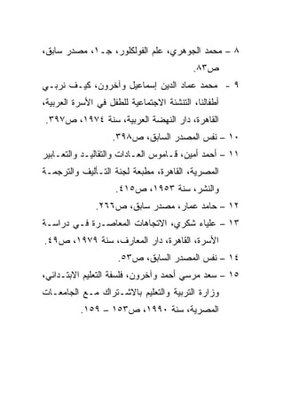 ‫٨ – ﻤﺤﻤﺩ ﺍﻟﺠﻭﻫﺭﻱ، ﻋﻠﻡ ﺍﻟﻔﻭﻟﻜﻠﻭﺭ، ﺠـ١، ﻤﺼﺩﺭ ﺴﺎﺒﻕ،‬
                                          ‫ﺹ٣٨.‬
‫٩ - ﻤﺤﻤﺩ ﻋﻤﺎﺩ ﺍﻟﺩﻴﻥ ﺇﺴﻤﺎﻋﻴل ﻭﺁﺨﺭﻭﻥ، ﻜﻴـﻑ ﻨﺭﺒـﻲ‬
‫ﺃﻁﻔﺎﻟﻨﺎ، ﺍﻟﺘﻨﺸﺌﺔ ﺍﻻﺠﺘﻤﺎﻋﻴﺔ ﻟﻠﻁﻔل ﻓﻲ ﺍﻷﺴﺭﺓ ﺍﻟﻌﺭﺒﻴﺔ،‬
‫ﺍﻟﻘﺎﻫﺭﺓ، ﺩﺍﺭ ﺍﻟﻨﻬﻀﺔ ﺍﻟﻌﺭﺒﻴﺔ، ﺴﻨﺔ ٤٧٩١، ﺹ٧٩٣.‬
                   ‫٠١ – ﻨﻔﺱ ﺍﻟﻤﺼﺩﺭ ﺍﻟﺴﺎﺒﻕ، ﺹ٨٩٣.‬
‫١١ – ﺃﺤﻤﺩ ﺃﻤﻴﻥ، ﻗـﺎﻤﻭﺱ ﺍﻟﻌـﺎﺩﺍﺕ ﻭﺍﻟﺘﻘﺎﻟﻴـﺩ ﻭﺍﻟﺘﻌـﺎﺒﻴﺭ‬
‫ﺍﻟﻤﺼﺭﻴﺔ، ﺍﻟﻘﺎﻫﺭﺓ، ﻤﻁﺒﻌﺔ ﻟﺠﻨﺔ ﺍﻟﺘـﺄﻟﻴﻑ ﻭﺍﻟﺘﺭﺠﻤـﺔ‬
                    ‫ﻭﺍﻟﻨﺸﺭ، ﺴﻨﺔ ٣٥٩١، ﺹ٥١٤.‬
               ‫٢١ – ﺤﺎﻤﺩ ﻋﻤﺎﺭ، ﻤﺼﺩﺭ ﺴﺎﺒﻕ، ﺹ٦٦٢.‬
‫٣١ – ﻋﻠﻴﺎﺀ ﺸﻜﺭﻱ، ﺍﻻﺘﺠﺎﻫﺎﺕ ﺍﻟﻤﻌﺎﺼـﺭﺓ ﻓـﻲ ﺩﺭﺍﺴـﺔ‬
‫ﺍﻷﺴﺭﺓ، ﺍﻟﻘﺎﻫﺭﺓ، ﺩﺍﺭ ﺍﻟﻤﻌﺎﺭﻑ، ﺴﻨﺔ ٩٧٩١، ﺹ٩٤.‬
                     ‫٤١ – ﻨﻔﺱ ﺍﻟﻤﺼﺩﺭ ﺍﻟﺴﺎﺒﻕ، ﺹ٣٥.‬
‫٥١ – ﺴﻌﺩ ﻤﺭﺴﻲ ﺃﺤﻤﺩ ﻭﺁﺨﺭﻭﻥ، ﻓﻠﺴﻔﺔ ﺍﻟﺘﻌﻠﻴﻡ ﺍﻻﺒﺘـﺩﺍﺌﻲ،‬
‫ﻭﺯﺍﺭﺓ ﺍﻟﺘﺭﺒﻴﺔ ﻭﺍﻟﺘﻌﻠﻴﻡ ﺒﺎﻻﺸـﺘﺭﺍﻙ ﻤـﻊ ﺍﻟﺠﺎﻤﻌـﺎﺕ‬
          ‫ﺍﻟﻤﺼﺭﻴﺔ، ﺴﻨﺔ ٠٩٩١، ﺹ٣٥١ – ٩٥١.‬
 