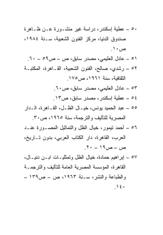 ‫٠٥ – ﻋﻁﻴﺔ ﺇﺴﻜﻨﺩﺭ، ﺩﺭﺍﺴﺔ ﻏﻴﺭ ﻤﻨﺸـﻭﺭﺓ ﻋـﻥ ﻅـﺎﻫﺭﺓ‬
‫ﺼﻨﺩﻭﻕ ﺍﻟﺩﻨﻴﺎ، ﻤﺭﻜﺯ ﺍﻟﻔﻨﻭﻥ ﺍﻟﺸﻌﺒﻴﺔ، ﺴـﻨﺔ ٤٨٩١،‬
                                         ‫ﺹ٠١.‬
 ‫١٥ – ﻋﺎﺩل ﺍﻟﻌﻠﻴﻤﻲ، ﻤﺼﺩﺭ ﺴﺎﺒﻕ، ﺹ – ﺹ٩٥ – ٠٦.‬
‫٢٥ – ﺭﺸﺩﻱ، ﺼﺎﻟﺢ، ﺍﻟﻔﻨﻭﻥ ﺍﻟﺸﻌﺒﻴﺔ، ﺍﻟﻘـﺎﻫﺭﺓ، ﺍﻟﻤﻜﺘﺒـﺔ‬
                    ‫ﺍﻟﺜﻘﺎﻓﻴﺔ، ﺴﻨﺔ ١٦٩١، ﺹ٥٧١.‬
              ‫٣٥ – ﻋﺎﺩل ﺍﻟﻌﻠﻴﻤﻲ، ﻤﺼﺩﺭ ﺴﺎﺒﻕ، ﺹ٠٦.‬
              ‫٤٥ – ﻋﻁﻴﺔ ﺇﺴﻜﻨﺩﺭ، ﻤﺼﺩﺭ ﺴﺎﺒﻕ، ﺹ٣١.‬
‫٥٥ – ﻋﺒﺩ ﺍﻟﺤﻤﻴﺩ ﻴﻭﻨﺱ، ﺨﻴـﺎل ﺍﻟﻅـل، ﺍﻟﻘـﺎﻫﺭﺓ، ﺍﻟـﺩﺍﺭ‬
   ‫ﺍﻟﻤﺼﺭﻴﺔ ﻟﻠﺘﺄﻟﻴﻑ ﻭﺍﻟﺘﺭﺠﻤﺔ، ﺴﻨﺔ ٥٦٩١، ﺹ٠٣.‬
‫٦٥ – ﺃﺤﻤﺩ ﺘﻴﻤﻭﺭ، ﺨﻴﺎل ﺍﻟﻅل ﻭﺍﻟﺘﻤﺎﺜﻴل ﺍﻟﻤﺼـﻭﺭﺓ ﻋﻨـﺩ‬
‫ﺍﻟﻌﺭﺏ، ﺍﻟﻘﺎﻫﺭﺓ، ﺩﺍﺭ ﺍﻟﻜﺘﺎﺏ ﺍﻟﻌﺭﺒﻲ، ﺒﺩﻭﻥ ﺘـﺎﺭﻴﺦ،‬
                             ‫ﺹ – ﺹ٩١ – ٠٢.‬
‫٧٥ – ﺇﺒﺭﺍﻫﻴﻡ ﺤﻤﺎﺩﺓ، ﺨﻴﺎل ﺍﻟﻅل ﻭﺘﻤﺜﻠﻴـﺎﺕ ﺍﺒـﻥ ﺩﻨﻴـﺎل،‬
‫ﺍﻟﻘﺎﻫﺭﺓ، ﺍﻟﻤﺅﺴﺴﺔ ﺍﻟﻤﺼﺭﻴﺔ ﺍﻟﻌﺎﻤﺔ ﻟﻠﺘﺄﻟﻴﻑ ﻭﺍﻟﺘﺭﺠﻤـﺔ‬
‫ﻭﺍﻟﻁﺒﺎﻋﺔ ﻭﺍﻟﻨﺸﺭ، ﺴـﻨﺔ ٣٦٩١، ﺹ – ﺹ٩٣١ –‬
                                           ‫٠٤١.‬
 