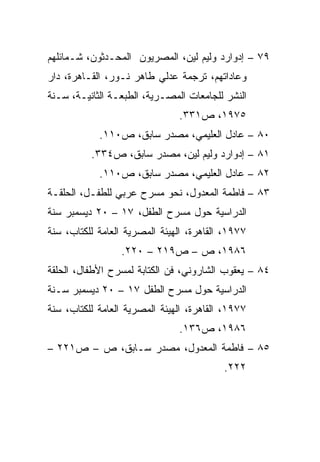 ‫٩٧ – ﺇﺩﻭﺍﺭﺩ ﻭﻟﻴﻡ ﻟﻴﻥ، ﺍﻟﻤﺼﺭﻴﻭﻥ ﺍﻟﻤﺤـﺩﺜﻭﻥ، ﺸـﻤﺎﺌﻠﻬﻡ‬
‫ﻭﻋﺎﺩﺍﺘﻬﻡ، ﺘﺭﺠﻤﺔ ﻋﺩﻟﻲ ﻁﺎﻫﺭ ﻨـﻭﺭ، ﺍﻟﻘـﺎﻫﺭﺓ، ﺩﺍﺭ‬
‫ﺍﻟﻨﺸﺭ ﻟﻠﺠﺎﻤﻌﺎﺕ ﺍﻟﻤﺼـﺭﻴﺔ، ﺍﻟﻁﺒﻌـﺔ ﺍﻟﺜﺎﻨﻴـﺔ، ﺴـﻨﺔ‬
                               ‫٥٧٩١، ﺹ١٣٣.‬
            ‫٠٨ – ﻋﺎﺩل ﺍﻟﻌﻠﻴﻤﻲ، ﻤﺼﺩﺭ ﺴﺎﺒﻕ، ﺹ٠١١.‬
          ‫١٨ – ﺇﺩﻭﺍﺭﺩ ﻭﻟﻴﻡ ﻟﻴﻥ، ﻤﺼﺩﺭ ﺴﺎﺒﻕ، ﺹ٤٣٣.‬
            ‫٢٨ – ﻋﺎﺩل ﺍﻟﻌﻠﻴﻤﻲ، ﻤﺼﺩﺭ ﺴﺎﺒﻕ، ﺹ٠١١.‬
‫٣٨ – ﻓﺎﻁﻤﺔ ﺍﻟﻤﻌﺩﻭل، ﻨﺤﻭ ﻤﺴﺭﺡ ﻋﺭﺒﻲ ﻟﻠﻁﻔـل، ﺍﻟﺤﻠﻘـﺔ‬
‫ﺍﻟﺩﺭﺍﺴﻴﺔ ﺤﻭل ﻤﺴﺭﺡ ﺍﻟﻁﻔل، ٧١ – ٠٢ ﺩﻴﺴﻤﺒﺭ ﺴﻨﺔ‬
‫٧٧٩١، ﺍﻟﻘﺎﻫﺭﺓ، ﺍﻟﻬﻴﺌﺔ ﺍﻟﻤﺼﺭﻴﺔ ﺍﻟﻌﺎﻤﺔ ﻟﻠﻜﺘﺎﺏ، ﺴﻨﺔ‬
                 ‫٦٨٩١، ﺹ – ﺹ٩١٢ – ٠٢٢.‬
‫٤٨ – ﻴﻌﻘﻭﺏ ﺍﻟﺸﺎﺭﻭﻨﻲ، ﻓﻥ ﺍﻟﻜﺘﺎﺒﺔ ﻟﻤﺴﺭﺡ ﺍﻷﻁﻔﺎل، ﺍﻟﺤﻠﻘﺔ‬
‫ﺍﻟﺩﺭﺍﺴﻴﺔ ﺤﻭل ﻤﺴﺭﺡ ﺍﻟﻁﻔل ٧١ – ٠٢ ﺩﻴﺴﻤﺒﺭ ﺴـﻨﺔ‬
‫٧٧٩١، ﺍﻟﻘﺎﻫﺭﺓ، ﺍﻟﻬﻴﺌﺔ ﺍﻟﻤﺼﺭﻴﺔ ﺍﻟﻌﺎﻤﺔ ﻟﻠﻜﺘﺎﺏ، ﺴﻨﺔ‬
                               ‫٦٨٩١، ﺹ٦٣١.‬
‫٥٨ – ﻓﺎﻁﻤﺔ ﺍﻟﻤﻌﺩﻭل، ﻤﺼﺩﺭ ﺴـﺎﺒﻕ، ﺹ – ﺹ١٢٢ –‬
                                          ‫٢٢٢.‬
 