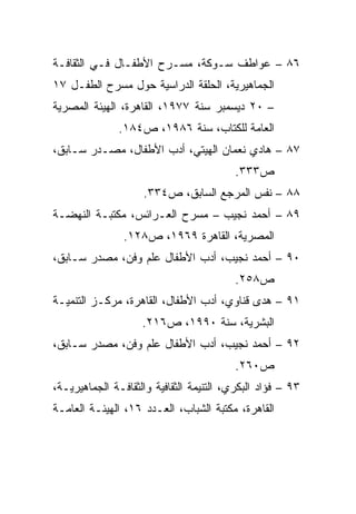 ‫٦٨ – ﻋﻭﺍﻁﻑ ﺴـﻭﻜﺔ، ﻤﺴـﺭﺡ ﺍﻷﻁﻔـﺎل ﻓـﻲ ﺍﻟﺜﻘﺎﻓـﺔ‬
‫ﺍﻟﺠﻤﺎﻫﻴﺭﻴﺔ، ﺍﻟﺤﻠﻘﺔ ﺍﻟﺩﺭﺍﺴﻴﺔ ﺤﻭل ﻤﺴﺭﺡ ﺍﻟﻁﻔـل ٧١‬
‫– ٠٢ ﺩﻴﺴﻤﺒﺭ ﺴﻨﺔ ٧٧٩١، ﺍﻟﻘﺎﻫﺭﺓ، ﺍﻟﻬﻴﺌﺔ ﺍﻟﻤﺼﺭﻴﺔ‬
               ‫ﺍﻟﻌﺎﻤﺔ ﻟﻠﻜﺘﺎﺏ، ﺴﻨﺔ ٦٨٩١، ﺹ٤٨١.‬
‫٧٨ – ﻫﺎﺩﻱ ﻨﻌﻤﺎﻥ ﺍﻟﻬﻴﺘﻲ، ﺃﺩﺏ ﺍﻷﻁﻔﺎل، ﻤﺼـﺩﺭ ﺴـﺎﺒﻕ،‬
                                          ‫ﺹ٣٣٣.‬
                    ‫٨٨ – ﻨﻔﺱ ﺍﻟﻤﺭﺠﻊ ﺍﻟﺴﺎﺒﻕ، ﺹ٤٣٣.‬
‫٩٨ – ﺃﺤﻤﺩ ﻨﺠﻴﺏ – ﻤﺴﺭﺡ ﺍﻟﻌـﺭﺍﺌﺱ، ﻤﻜﺘﺒـﺔ ﺍﻟﻨﻬﻀـﺔ‬
                ‫ﺍﻟﻤﺼﺭﻴﺔ، ﺍﻟﻘﺎﻫﺭﺓ ٩٦٩١، ﺹ٨٢١.‬
‫٠٩ – ﺃﺤﻤﺩ ﻨﺠﻴﺏ، ﺃﺩﺏ ﺍﻷﻁﻔﺎل ﻋﻠﻡ ﻭﻓﻥ، ﻤﺼﺩﺭ ﺴـﺎﺒﻕ،‬
                                          ‫ﺹ٨٥٢.‬
‫١٩ – ﻫﺩﻯ ﻗﻨﺎﻭﻱ، ﺃﺩﺏ ﺍﻷﻁﻔﺎل، ﺍﻟﻘﺎﻫﺭﺓ، ﻤﺭﻜـﺯ ﺍﻟﺘﻨﻤﻴـﺔ‬
                    ‫ﺍﻟﺒﺸﺭﻴﺔ، ﺴﻨﺔ ٠٩٩١، ﺹ٦١٢.‬
‫٢٩ – ﺃﺤﻤﺩ ﻨﺠﻴﺏ، ﺃﺩﺏ ﺍﻷﻁﻔﺎل ﻋﻠﻡ ﻭﻓﻥ، ﻤﺼﺩﺭ ﺴـﺎﺒﻕ،‬
                                          ‫ﺹ٠٦٢.‬
‫٣٩ – ﻓﺅﺍﺩ ﺍﻟﺒﻜﺭﻱ، ﺍﻟﺘﻨﻴﻤﺔ ﺍﻟﺜﻘﺎﻓﻴﺔ ﻭﺍﻟﺜﻘﺎﻓـﺔ ﺍﻟﺠﻤﺎﻫﻴﺭﻴـﺔ،‬
‫ﺍﻟﻘﺎﻫﺭﺓ، ﻤﻜﺘﺒﺔ ﺍﻟﺸﺒﺎﺏ، ﺍﻟﻌـﺩﺩ ٦١، ﺍﻟﻬﻴﺌـﺔ ﺍﻟﻌﺎﻤـﺔ‬
 