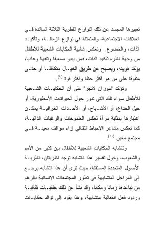 ‫ﺘﻌﺒﻴﺭﻫﺎ ﺍﻟﻤﺠﺴﺩ ﻋﻥ ﺘﻠﻙ ﺍﻟﻨﻭﺍﺯﻉ ﺍﻟﻔﻁﺭﻴﺔ ﺍﻟﺜﻼﺜﺔ ﺍﻟﺴﺎﺌﺩﺓ ﻓـﻲ‬
‫ﺍﻟﻌﻼﻗﺎﺕ ﺍﻻﺠﺘﻤﺎﻋﻴﺔ، ﻭﺍﻟﻤﺘﻤﺜﻠﺔ ﻓﻲ ﻨﻭﺍﺯﻉ ﺍﻟﺯﻤﺎﻟـﺔ، ﻭﺘﺄﻜﻴـﺩ‬
‫ﺍﻟﺫﺍﺕ، ﻭﺍﻟﺨﻀﻭﻉ.. ﻭﺘﻌﻜﺱ ﻏﺎﻟﺒﻴﺔ ﺍﻟﺤﻜﺎﻴﺎﺕ ﺍﻟﺸﻌﺒﻴﺔ ﻟﻸﻁﻔﺎل‬
‫ﻤﻥ ﻭﺠﻬﺔ ﻨﻅﺭﻩ ﺘﺄﻜﻴﺩ ﺍﻟﺫﺍﺕ، ﻓﻤﻥ ﻴﺒﺩﻭ ﻀﻌﻴﻔﺎ ﻭﺘﺎﻓﻬﺎ ﻭﻋﺎﺩﻴﺎ،‬
  ‫‪‬‬      ‫‪‬‬      ‫ﹰ‬
‫ﻴﺅﻜﺩ ﻫﻭﻴﺘﻪ، ﻭﻴﺼﺒﺢ ﻋﻥ ﻁﺭﻴﻕ ﺍﻟﺨﻴـﺎل ﻤﺘﻜﺎﻓ ًـﺎ ﺃﻭ ﺤﺘـﻰ‬
          ‫ﺌ‬
               ‫ﻤﺘﻔﻭﻗﺎ ﻋﻠﻰ ﻤﻥ ﻫﻭ ﺃﻜﺜﺭ ﺤﻅﺎ ﻭﺃﻜﺜﺭ ﻗﻭﺓ )٩(.‬
                               ‫ﹰ‬                  ‫ﹰ‬
‫ﻭﺘﺅﻜﺩ "ﺴﻭﺯﺍﻥ ﻻﻨﺠﺭ" ﻋﻠﻰ ﺃﻥ ﺍﻟﺤﻜﺎﻴـﺎﺕ ﺍﻟﺸـﻌﺒﻴﺔ‬
‫ﻟﻸﻁﻔﺎل ﺴﻭﺍﺀ ﺘﻠﻙ ﺍﻟﺘﻲ ﺘﺩﻭﺭ ﺤﻭل ﺍﻟﺤﻴﻭﺍﻨﺎﺕ ﺍﻷﺴﻁﻭﺭﻴﺔ، ﺃﻭ‬
‫ﺤﻴل ﺍﻟﺨﺩﺍﻉ، ﺃﻭ ﺍﻷﺸـﺒﺎﺡ، ﺃﻭ ﺍﻷﺤـﺩﺍﺙ ﺍﻟﺨﺭﺍﻓﻴـﺔ ﻴﻤﻜـﻥ‬
‫ﺍﻋﺘﺒﺎﺭﻫﺎ ﺒﻤﺜﺎﺒﺔ ﻤﺭﺁﺓ ﺘﻌﻜﺱ ﺍﻟﻁﻤﻭﺤﺎﺕ ﻭﺍﻟﺭﻏﺒﺎﺕ ﺍﻟﺫﺍﺘﻴـﺔ،‬
‫ﻜﻤﺎ ﺘﻌﻜﺱ ﻤﺸﺎﻋﺭ ﺍﻹﺤﺒﺎﻁ ﺍﻟﺜﻘﺎﻓﻲ ﺇﺯﺍﺀ ﻤﻭﺍﻗﻑ ﻤﻌﻴﻨـﺔ ﻓـﻲ‬
                                       ‫ﻤﺠﺘﻤﻊ ﻤﻌﻴﻥ )٠١(.‬
‫ﻭﺘﺘﺸﺎﺒﻪ ﺍﻟﺤﻜﺎﻴﺎﺕ ﺍﻟﺸﻌﺒﻴﺔ ﻟﻸﻁﻔﺎل ﺒﻴﻥ ﻜﺜﻴﺭ ﻤﻥ ﺍﻷﻤﻡ‬
‫ﻭﺍﻟﺸﻌﻭﺏ، ﻭﺤﻭل ﺘﻔﺴﻴﺭ ﻫﺫﺍ ﺍﻟﺘﺸﺎﺒﻪ ﺘﻭﺠﺩ ﻨﻅﺭﻴﺘﺎﻥ، ﻨﻅﺭﻴـﺔ‬
‫ﺍﻷﺼﻭل ﺍﻟﻤﺘﻌﺩﺩﺓ ﺍﻟﻤﺴﺘﻘﻠﺔ، ﺤﻴﺙ ﺘﺭﻯ ﺃﻥ ﻫﺫﺍ ﺍﻟﺘﺸﺎﺒﻪ ﻴﺭﺠـﻊ‬
‫ﺇﻟﻰ ﺍﻟﻤﺭﺍﺤل ﺍﻟﻤﺘﺸﺎﺒﻬﺔ ﻓﻲ ﺘﻁﻭﺭ ﺍﻟﻤﺠﺘﻤﻌﺎﺕ ﺍﻹﻨﺴﺎﻨﻴﺔ ﺒﺎﻟﺭﻏﻡ‬
‫ﻤﻥ ﺘﺒﺎﻋﺩﻫﺎ ﺯﻤﺎﻨﺎ ﻭﻤﻜﺎﻨﺎ، ﻭﻗﺩ ﻨﺸﺄ ﻋﻥ ﺫﻟﻙ ﺨﻠﻔﻴـﺎﺕ ﺜﻘﺎﻓﻴـﺔ‬
‫ﻭﺭﺩﻭﺩ ﻓﻌل ﺍﻨﻔﻌﺎﻟﻴﺔ ﻤﺘﺸﺎﺒﻬﺔ، ﻭﻫﺫﺍ ﻴﻘﻭﺩ ﺇﻟﻰ ﺘﻭﺍﻟﺩ ﺤﻜﺎﻴـﺎﺕ‬
 