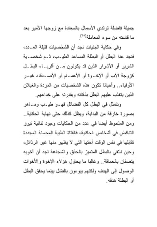 ‫ﺠﻤﻴﻠﺔ ﻓﺎﻀﻠﺔ ﺘﺭﺘﺩﻱ ﺍﻷﺴﻤﺎل ﺒﺎﻟﺴﻌﺎﺩﺓ ﻤﻊ ﺯﻭﺠﻬﺎ ﺍﻷﻤﻴﺭ ﺒﻌﺩ‬
                           ‫ﻤﺎ ﻗﺎﺴﺘﻪ ﻤﻥ ﺴﻭﺀ ﺍﻟﻤﻌﺎﻤﻠﺔ)٥٦(.‬
‫ﻭﻓﻲ ﺤﻜﺎﻴﺔ ﺍﻟﺠﻨﻴﺎﺕ ﻨﺠﺩ ﺃﻥ ﺍﻟﺸﺨﺼﻴﺎﺕ ﻗﻠﻴﻠﺔ ﺍﻟﻌـﺩﺩ،‬
‫ﻓﻨﺠﺩ ﻋﺩﺍ ﺍﻟﺒﻁل ﺃﻭ ﺍﻟﺒﻁﻠﺔ ﺍﻟﻤﺴﺎﻋﺩ ﺍﻟﻁﻴـﺏ، ﺜـﻡ ﺸﺨﺼـﻴﺔ‬
‫ﺍﻟﺸﺭﻴﺭ ﺃﻭ ﺍﻷﺸﺭﺍﺭ ﺍﻟﺫﻴﻥ ﻗﺩ ﻴﻜﻭﻨﻭﻥ ﻤـﻥ ﺃﻗﺭﺒـﺎﺀ ﺍﻟﺒﻁـل‬
‫ﻜﺯﻭﺠﺔ ﺍﻷﺏ ﺃﻭ ﺍﻹﺨـﻭﺓ ﺃﻭ ﺍﻷﻋﻤـﺎﻡ ﺃﻭ ﺍﻷﺼـﺩﻗﺎﺀ ﻏﻴـﺭ‬
‫ﺍﻷﻭﻓﻴﺎﺀ.. ﻭﺃﺤﻴﺎﻨﺎ ﺘﻜﻭﻥ ﻫﺫﻩ ﺍﻟﺸﺨﺼﻴﺎﺕ ﻤﻥ ﺍﻟﻤﺭﺩﺓ ﻭﺍﻟﻐﻴﻼﻥ‬
                                     ‫ﹰ‬
      ‫ﺍﻟﺫﻴﻥ ﻴﺘﻐﻠﺏ ﻋﻠﻴﻬﻡ ﺍﻟﺒﻁل ﺒﺫﻜﺎﺌﻪ ﻭﺒﻘﺩﺭﺘﻪ ﻋﻠﻰ ﺨﺩﺍﻋﻬﻡ.‬
‫ﻭﺘﺘﻤﺜل ﻓﻲ ﺍﻟﺒﻁل ﻜل ﺍﻟﻔﻀﺎﺌل ﻓﻬـﻭ ﻁﻴـﺏ ﻭﻤـﺎﻫﺭ‬
‫ﺒﺼﻭﺭﺓ ﺨﺎﺭﻗﺔ ﻤﻥ ﺍﻟﺒﺩﺍﻴﺔ، ﻭﻴﻅل ﻜﺫﻟﻙ ﺤﺘﻰ ﻨﻬﺎﻴﺔ ﺍﻟﺤﻜﺎﻴﺔ..‬
‫ﻭﻤﻥ ﺍﻟﻤﻠﺤﻭﻅ ﺃﻴﻀﺎ ﻓﻲ ﻋﺩﺩ ﻤﻥ ﺍﻟﺤﻜﺎﻴﺎﺕ ﻭﺠﻭﺩ ﺜﻨﺎﺌﻴﺔ ﺘﺒﺭﺯ‬
                                     ‫‪‬‬
‫ﺍﻟﺘﻨﺎﻗﺽ ﻓﻲ ﺃﺸﺨﺎﺹ ﺍﻟﺤﻜﺎﻴﺔ، ﻓﺎﻟﻔﺘﺎﺓ ﺍﻟﻁﻴﺒﺔ ﺍﻟﻤﺤﺴﻨﺔ ﺍﻟﻤﺠﺩﺩﺓ‬
‫ﺘﻘﺎﺒﻠﻬﺎ ﻓﻲ ﻨﻔﺱ ﺍﻟﻭﻗﺕ ﺃﺨﺘﻬﺎ ﺍﻟﺘﻲ ﻻ ﻴﻅﻬﺭ ﻤﻨﻬﺎ ﻏﻴﺭ ﺍﻟﺭﺫﺍﺌل،‬
‫ﻭﺤﻴﻥ ﻨﻠﺘﻘﻲ ﺒﺎﻟﺒﻁل ﺍﻟﻤﺘﻤﻴﺯ ﺒﺎﻟﺤﺫﻕ ﻭﺍﻟﺸﺠﺎﻋﺔ ﻨﺠﺩ ﺃﻥ ﺃﺨﻭﻴﻪ‬
‫ﻴﺘﺼﻔﺎﻥ ﺒﺎﻟﺤﻤﺎﻗﺔ.. ﻭﻏﺎﻟﺒﺎ ﻤﺎ ﻴﺤﺎﻭل ﻫﺅﻻﺀ ﺍﻹﺨﻭﺓ ﻭﺍﻷﺨﻭﺍﺕ‬
                             ‫‪‬‬
‫ﺍﻟﻭﺼﻭل ﺇﻟﻰ ﺍﻟﻬﺩﻑ ﻭﻟﻜﻨﻬﻡ ﻴﺒﻭﺀﻭﻥ ﺒﺎﻟﻔﺸل ﺒﻴﻨﻤﺎ ﻴﺤﻘﻕ ﺍﻟﺒﻁل‬
                                         ‫ﺃﻭ ﺍﻟﺒﻁﻠﺔ ﻫﺩﻓﻪ.‬
 