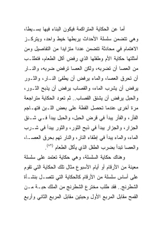 ‫ﺃﻤﺎ ﻋﻥ ﺍﻟﺤﻜﺎﻴﺔ ﺍﻟﻤﺘﺭﺍﻜﻤﺔ ﻓﻴﻜﻭﻥ ﺍﻟﺒﻨﺎﺀ ﻓﻴﻬﺎ ﺒﺴـﻴﻁﺎ،‬
  ‫ﹰ‬
‫ﻭﻫﻲ ﺘﺘﻀﻤﻥ ﺴﻠﺴﻠﺔ ﺍﻷﺤﺩﺍﺙ ﻴﺭﺒﻁﻬﺎ ﺨﻴﻁ ﻭﺍﺤﺩ، ﻭﻴﺘﺭﻜـﺯ‬
‫ﺍﻻﻫﺘﻤﺎﻡ ﻓﻲ ﻤﺤﺎﺩﺜﺔ ﺘﺘﻀﻤﻥ ﻋﺩﺩﺍ ﻤﺘﺯﺍﻴﺩﺍ ﻤﻥ ﺍﻟﺘﻔﺎﺼﻴل ﻭﻤﻥ‬
                 ‫‪‬‬       ‫‪‬‬
‫ﺃﻤﺜﻠﺘﻬﺎ ﺤﻜﺎﻴﺔ ﺍﻷﻡ ﻭﻁﻔﻠﻬﺎ ﺍﻟﺫﻱ ﺭﻓﺽ ﺃﻜل ﺍﻟﻁﻌﺎﻡ، ﻓﺘﻁﻠـﺏ‬
‫ﻤﻥ ﺍﻟﻌﺼﺎ ﺃﻥ ﺘﻀﺭﺒﻪ، ﻭﻟﻜﻥ ﺍﻟﻌﺼﺎ ﺘﺭﻓﺽ ﻀﺭﺒﻪ، ﻭﺍﻟﻨـﺎﺭ‬
‫ﺃﻥ ﺘﺤﺭﻕ ﺍﻟﻌﺼﺎ، ﻭﺍﻟﻤﺎﺀ ﻴﺭﻓﺽ ﺃﻥ ﻴﻁﻔﺊ ﺍﻟﻨـﺎﺭ، ﻭﺍﻟﺜـﻭﺭ‬
‫ﻴﺭﻓﺽ ﺃﻥ ﻴﺸﺭﺏ ﺍﻟﻤﺎﺀ، ﻭﺍﻟﻘﺼﺎﺏ ﻴﺭﻓﺽ ﺃﻥ ﻴﺫﺒﺢ ﺍﻟﺜـﻭﺭ،‬
‫ﻭﺍﻟﺤﺒل ﻴﺭﻓﺽ ﺃﻥ ﻴﺸﻨﻕ ﺍﻟﻘﺼﺎﺏ.. ﺜﻡ ﺘﻌﻭﺩ ﺍﻟﺤﻜﺎﻴﺔ ﻤﺘﺭﺍﺠﻌﺔ‬
‫ﻤﺭﺓ ﺃﺨﺭﻯ ﻋﻨﺩﻤﺎ ﺘﺤﺼل ﺍﻟﻘﻁﺔ ﻋﻠﻰ ﺒﻌﺽ ﺍﻟﻠـﺒﻥ ﻓﺘﻬـﺎﺠﻡ‬
‫ﺍﻟﻔﺄﺭ، ﻭﺍﻟﻔﺄﺭ ﻴﺒﺩﺃ ﻓﻲ ﻗﺭﺽ ﺍﻟﺤﺒل، ﻭﺍﻟﺤﺒل ﻴﺒﺩﺃ ﻓـﻲ ﺸـﻨﻕ‬
‫ﺍﻟﺠﺯﺍﺭ، ﻭﺍﻟﺠﺯﺍﺭ ﻴﺒﺩﺃ ﻓﻲ ﺫﺒﺢ ﺍﻟﺜﻭﺭ، ﻭﺍﻟﺜﻭﺭ ﻴﺒﺩﺃ ﻓﻲ ﺸـﺭﺏ‬
‫ﺍﻟﻤﺎﺀ، ﻭﺍﻟﻤﺎﺀ ﻴﺒﺩﺃ ﻓﻲ ﺇﻁﻔﺎﺀ ﺍﻟﻨﺎﺭ، ﻭﺍﻟﻨﺎﺭ ﺘﻬﻡ ﺒﺤﺭﻕ ﺍﻟﻌﺼـﺎ،‬
          ‫ﻭﺍﻟﻌﺼﺎ ﺘﺒﺩﺃ ﺒﻀﺭﺏ ﺍﻟﻁﻔل ﺍﻟﺫﻱ ﻴﺄﻜل ﺍﻟﻁﻌﺎﻡ )٢٨(.‬
‫ﻭﻫﻨﺎﻙ ﺤﻜﺎﻴﺔ ﺍﻟﺴﻠﺴﻠﺔ، ﻭﻫﻲ ﺤﻜﺎﻴﺔ ﺘﻌﺘﻤﺩ ﻋﻠﻰ ﺴﻠﺴﻠﺔ‬
‫ﻤﻌﻴﻨﺔ ﻤﻥ ﺍﻷﺭﻗﺎﻡ ﺃﻭ ﺃﻴﺎﻡ ﺍﻷﺴﺒﻭﻉ ﻤﺜﺎل ﺘﻠﻙ ﺍﻟﺤﻜﺎﻴﺔ ﺍﻟﺘﻲ ﺘﻘﻭﻡ‬
‫ﻋﻠﻰ ﺃﺴﺎﺱ ﺴﻠﺴﻠﺔ ﻤﻥ ﺍﻷﺭﻗﺎﻡ ﻜﺎﻟﺤﻜﺎﻴﺔ ﺍﻟﺘﻲ ﺘﺘﺼـل ﺒﻨﺸـﺄﺓ‬
‫ﺍﻟﺸﻁﺭﻨﺞ.. ﻓﻘﺩ ﻁﻠﺏ ﻤﺨﺘﺭﻉ ﺍﻟﺸﻁﺭﻨﺞ ﻤﻥ ﺍﻟﻤﻠﻙ ﺤﺒـﺔ ﻤـﻥ‬
‫ﺍﻟﻘﻤﺢ ﻤﻘﺎﺒل ﺍﻟﻤﺭﺒﻊ ﺍﻷﻭل ﻭﺤﺒﺘﻴﻥ ﻤﻘﺎﺒل ﺍﻟﻤﺭﺒﻊ ﺍﻟﺜﺎﻨﻲ ﻭﺃﺭﺒﻊ‬
 