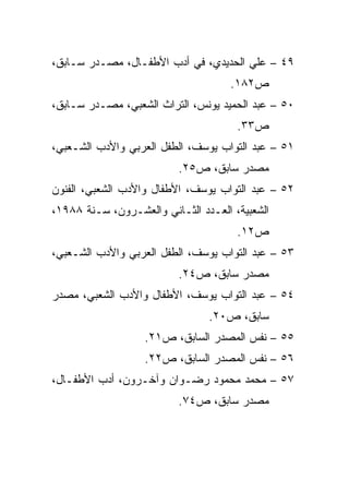 ‫٩٤ – ﻋﻠﻲ ﺍﻟﺤﺩﻴﺩﻱ، ﻓﻲ ﺃﺩﺏ ﺍﻷﻁﻔـﺎل، ﻤﺼـﺩﺭ ﺴـﺎﺒﻕ،‬
                                     ‫ﺹ٢٨١.‬
‫٠٥ – ﻋﺒﺩ ﺍﻟﺤﻤﻴﺩ ﻴﻭﻨﺱ، ﺍﻟﺘﺭﺍﺙ ﺍﻟﺸﻌﺒﻲ، ﻤﺼـﺩﺭ ﺴـﺎﺒﻕ،‬
                                      ‫ﺹ٣٣.‬
‫١٥ – ﻋﺒﺩ ﺍﻟﺘﻭﺍﺏ ﻴﻭﺴﻑ، ﺍﻟﻁﻔل ﺍﻟﻌﺭﺒﻲ ﻭﺍﻷﺩﺏ ﺍﻟﺸـﻌﺒﻲ،‬
                          ‫ﻤﺼﺩﺭ ﺴﺎﺒﻕ، ﺹ٥٢.‬
‫٢٥ – ﻋﺒﺩ ﺍﻟﺘﻭﺍﺏ ﻴﻭﺴﻑ، ﺍﻷﻁﻔﺎل ﻭﺍﻷﺩﺏ ﺍﻟﺸﻌﺒﻲ، ﺍﻟﻔﻨﻭﻥ‬
‫ﺍﻟﺸﻌﺒﻴﺔ، ﺍﻟﻌـﺩﺩ ﺍﻟﺜـﺎﻨﻲ ﻭﺍﻟﻌﺸـﺭﻭﻥ، ﺴـﻨﺔ ٨٨٩١،‬
                                      ‫ﺹ٢١.‬
‫٣٥ – ﻋﺒﺩ ﺍﻟﺘﻭﺍﺏ ﻴﻭﺴﻑ، ﺍﻟﻁﻔل ﺍﻟﻌﺭﺒﻲ ﻭﺍﻷﺩﺏ ﺍﻟﺸـﻌﺒﻲ،‬
                          ‫ﻤﺼﺩﺭ ﺴﺎﺒﻕ، ﺹ٤٢.‬
‫٤٥ – ﻋﺒﺩ ﺍﻟﺘﻭﺍﺏ ﻴﻭﺴﻑ، ﺍﻷﻁﻔﺎل ﻭﺍﻷﺩﺏ ﺍﻟﺸﻌﺒﻲ، ﻤﺼﺩﺭ‬
                                ‫ﺴﺎﺒﻕ، ﺹ٠٢.‬
                   ‫٥٥ – ﻨﻔﺱ ﺍﻟﻤﺼﺩﺭ ﺍﻟﺴﺎﺒﻕ، ﺹ١٢.‬
                   ‫٦٥ – ﻨﻔﺱ ﺍﻟﻤﺼﺩﺭ ﺍﻟﺴﺎﺒﻕ، ﺹ٢٢.‬
‫٧٥ – ﻤﺤﻤﺩ ﻤﺤﻤﻭﺩ ﺭﻀـﻭﺍﻥ ﻭﺁﺨـﺭﻭﻥ، ﺃﺩﺏ ﺍﻷﻁﻔـﺎل،‬
                          ‫ﻤﺼﺩﺭ ﺴﺎﺒﻕ، ﺹ٤٧.‬
 